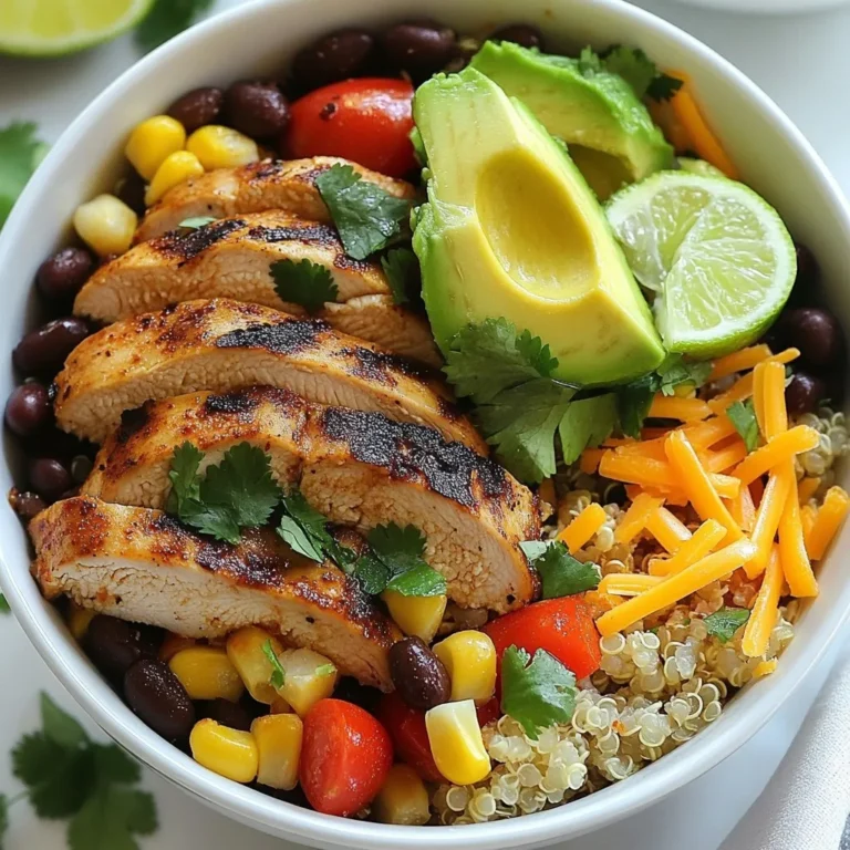 - 2 boneless, skinless chicken breasts - 1 tablespoon olive oil - 1 tablespoon chili powder - 1 teaspoon cumin - 1 teaspoon paprika - Salt and pepper to taste The main ingredients for Southwest Chicken Burrito Bowls are simple yet flavorful. The chicken breasts provide a great source of protein. The olive oil helps the spices stick and adds healthy fat. Chili powder gives the dish a warm kick. Cumin adds a nice earthy note, while paprika brings depth of flavor. Salt and pepper enhance all the tastes. - 1 cup cooked quinoa or brown rice - 1 can (15 oz) black beans, drained and rinsed - 1 cup corn (fresh or frozen) - 1 red bell pepper, diced - 1 cup cherry tomatoes, halved For the bowl filling, you can choose either quinoa or brown rice as a base. Both are healthy and filling options. Black beans add a creamy texture and boost protein. Fresh or frozen corn brings sweetness, while the red bell pepper adds crunch and color. Cherry tomatoes give a fresh burst of flavor. - 1 avocado, sliced - 1/4 cup fresh cilantro, chopped - 1 lime, cut into wedges - 1/2 cup shredded cheddar cheese (optional) - Salsa or hot sauce (for serving) Toppings make these bowls shine. Sliced avocado adds creaminess and healthy fats. Fresh cilantro gives a bright, herby flavor. Lime wedges add zesty brightness when squeezed over the dish. Shredded cheddar cheese is optional but adds a nice richness. Salsa or hot sauce brings the heat, making your meal even more exciting. {{ingredient_image_1}} First, gather your marinade ingredients. You need olive oil, chili powder, cumin, paprika, salt, and pepper. In a bowl, mix them together. Then, add the chicken breasts and coat them well. Make sure every part is covered. Allow the chicken to marinate for at least 20 minutes. If you have time, two hours in the fridge works great. Next, heat your grill or skillet to medium. Once hot, place the marinated chicken on it. Cook each side for 6-7 minutes. You want the chicken to reach an internal temperature of 165°F. This ensures it is safe to eat. Once cooked, take it off the heat. Let it rest for a few minutes before slicing. While the chicken is cooking, start your bowl base. In a separate bowl, combine cooked quinoa or brown rice, black beans, corn, diced red bell pepper, and halved cherry tomatoes. Mix everything together well. Don’t forget to season it with salt and pepper to taste. Now, it's time to assemble your bowls. Take serving bowls and layer the quinoa or rice mixture at the base. Top it with slices of grilled chicken and avocado. If you like cheese, add some shredded cheddar on top. Finally, add finishing touches to your bowls. Sprinkle chopped cilantro over each bowl. Serve with lime wedges and salsa on the side. This adds a fresh kick to your meal. Enjoy your delicious Southwest Chicken Burrito Bowls! To make juicy grilled chicken, start with good quality meat. I recommend using boneless, skinless chicken breasts. Marinate your chicken for at least 20 minutes. This helps the flavors soak in and keeps it moist. You can use olive oil, chili powder, cumin, and paprika in your marinade. For cooking methods, grilling adds a nice smoky flavor. If it’s cold outside, a skillet works well too. Heat it to medium and cook each side for about 6-7 minutes. Always check the internal temperature. It should be 165°F (75°C) for safety. Want to boost flavor? Try adding extra spices like garlic powder or onion powder. Fresh herbs like cilantro or parsley add a fresh taste, too. The marinating time is crucial. Longer marination can make a huge difference. Aim for at least 20 minutes, but 2 hours is even better. Get creative with toppings! You can mix and match to your taste. Try adding jalapeños for heat, or switch up the veggies. Corn, bell peppers, or even roasted sweet potatoes work well. To make your bowl more filling, add extra beans or some cheese. You can also serve it with lime wedges and salsa for extra flavor. Pro Tips Marinate Longer for Flavor: For even more flavor, marinate the chicken for at least 2 hours or overnight in the refrigerator. Use Fresh Ingredients: Fresh vegetables and herbs enhance the taste and nutritional value of your burrito bowls. Opt for seasonal produce whenever possible. Customize Your Bowls: Feel free to add or substitute ingredients based on your preferences, such as diced jalapeños for heat or different types of beans. Perfect the Cooking Technique: Ensure the chicken is cooked evenly by letting it rest for a few minutes after cooking before slicing to retain its juices. {{image_2}} You can easily make this dish meat-free. Substitute chicken with tofu or beans. Use firm tofu for the best texture. Press it to remove extra water. Then, cube it and marinate just like chicken. You can also add extra beans like pinto or kidney. This adds protein and keeps it filling. If you want a different base, try cauliflower rice. It’s low in carbs and packed with nutrients. You could also use farro for a nutty flavor and chewy texture. Quinoa is great but farro can add a nice twist. Each option gives a unique taste and feel to your bowl. Want to change the protein? Use ground turkey instead of chicken. It cooks quickly and stays moist. Ground beef is another option for a hearty dish. For seafood lovers, shrimp works well too. It cooks fast and adds a fresh taste. Each protein choice brings its own flavor and style to the bowl. To keep your Southwest Chicken Burrito Bowls fresh, store them in airtight containers. Choose small portions for quick meals. Place cooked chicken and bowl fillings separately to avoid sogginess. They will stay fresh in the fridge for up to three days. For longer storage, freeze the components. Cooked chicken can go in freezer bags. Flatten the bags to save space. The quinoa or rice and bowl fillings can freeze well too. Use freezer-safe containers and label them with the date. They can last up to three months. To reheat, use the microwave or stovetop. For the chicken, place it in a skillet with a splash of water. Heat it over medium until warm. For the bowl fillings, microwave in intervals, stirring in between. This helps keep the flavors and textures intact. Enjoy your meal as if it was fresh! You can use several grains instead of quinoa or brown rice. Here are some great options: - White rice: Cook for 15 minutes. - Brown rice: Cook for 45 minutes. - Farro: Cook for 30 minutes. - Barley: Cook for 30-40 minutes. - Couscous: Cook for 5 minutes. Each grain gives a different taste and texture. You can mix and match based on what you like. Yes, you can make these burrito bowls ahead of time! Here are some meal prep tips: - Cook the chicken: Grill or pan-sear the chicken, then slice it. - Prepare the base: Mix the cooked grains, beans, corn, and veggies. - Store separately: Keep each part in airtight containers in the fridge. - Reheat: Warm each component before serving. These bowls taste great and are easy to grab for lunch or dinner. To add heat to this recipe, try these tips: - Chili powder: Use more than one tablespoon. - Cayenne pepper: Add a pinch or two to the chicken marinade. - Jalapeños: Dice and mix them into the bowl. - Hot sauce: Drizzle over the top before serving. Adjust the spice level to your taste. Yes, you can easily make a vegetarian version! Consider these plant-based substitutes: - Tofu: Marinate and grill like chicken. - Tempeh: A great protein option that can absorb flavors. - More beans: Add extra black beans or chickpeas for protein. - Grilled veggies: Use zucchini, mushrooms, or eggplant for a twist. These options keep the dish filling and tasty! In this article, we explored making delicious burrito bowls. You learned about key ingredients, like juicy chicken, quinoa, and fresh veggies. We covered simple steps to marinate the chicken, cook it just right, and build your bowl. I also shared tips to keep your dish fresh and flavorful. Remember, customization is key. Feel free to swap proteins or grains to suit your taste. Enjoy your cooking and make these bowls your own!