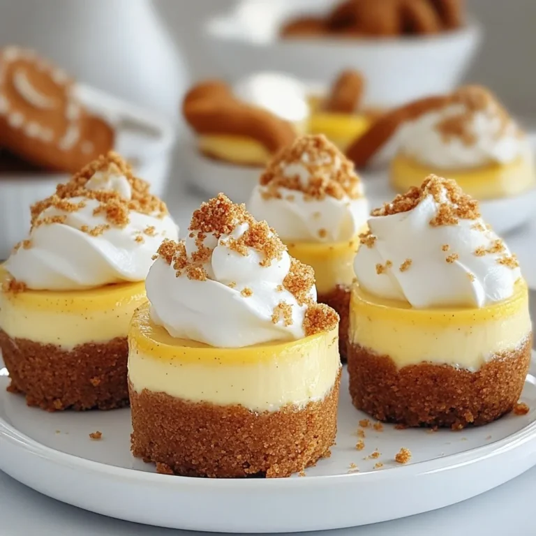 To make mini gingerbread cheesecakes, gather these items: - 1 cup gingerbread cookie crumbs - 4 tablespoons unsalted butter, melted - 16 oz cream cheese, softened - 1/2 cup granulated sugar - 1 teaspoon vanilla extract - 1 teaspoon ground ginger - 1 teaspoon ground cinnamon - 1/4 teaspoon ground nutmeg - 2 large eggs - 1 cup sour cream - Whipped cream for topping - Crushed gingerbread cookies for garnish You can swap ingredients if needed: - Use gingersnap cookies instead of gingerbread cookies for a different flavor. - If you want a dairy-free option, try vegan cream cheese. - Substitute coconut cream for sour cream for a rich taste. - Use honey or maple syrup in place of granulated sugar for a natural sweetener. - For a gluten-free option, look for gluten-free gingerbread cookies. Measuring ingredients accurately is key. Here’s a simple guide: - 1 cup = 8 fluid ounces or about 240 milliliters. - 4 tablespoons = 1/4 cup. - 1 teaspoon = 5 milliliters. - 1/4 teaspoon = 1.25 milliliters. - For best results, use a kitchen scale for precise measurements, especially for cream cheese. These ingredients and substitutions help you make the best mini gingerbread cheesecakes. Enjoy the festive flavors! {{ingredient_image_1}} To make the crust, start by preheating your oven to 325°F (160°C). Line a muffin tin with paper liners. In a small bowl, mix 1 cup of gingerbread cookie crumbs with 4 tablespoons of melted butter. Stir until the crumbs are well coated. Next, evenly divide this mixture into the muffin tin. Press down firmly to form a solid base. Bake for about 8-10 minutes, or until set. Once done, take the crust out and let it cool. Now, let’s prepare the cheesecake filling. In a large bowl, beat 16 oz of softened cream cheese with an electric mixer. Mix until it becomes creamy and smooth. Gradually add 1/2 cup of granulated sugar, mixing until it combines well. Then, add 1 teaspoon of vanilla extract, 1 teaspoon of ground ginger, 1 teaspoon of ground cinnamon, and 1/4 teaspoon of ground nutmeg. Mix until everything is fully combined. Next, add 2 large eggs one at a time, mixing just until each is incorporated. Finally, stir in 1 cup of sour cream until the mixture is smooth and creamy. Pour the cheesecake filling over the cooled gingerbread crusts. Fill each cup about 3/4 full. Bake the mini cheesecakes for 20-25 minutes. They should have set edges and a slight jiggle in the center. Once baked, turn off the oven and crack the oven door open. Leave the cheesecakes inside for an hour to cool gently. After an hour, refrigerate them for at least 4 hours, or overnight if you can wait. This helps them firm up perfectly. When you’re ready to serve, top each one with whipped cream and a sprinkle of crushed gingerbread cookies. Enjoy your delightful mini gingerbread cheesecakes! When making mini gingerbread cheesecakes, avoid overmixing the cream cheese. This can add too much air, causing cracks. Also, be sure to let your cream cheese soften at room temperature. Cold cream cheese won’t mix well, leading to lumps. Another mistake is filling the cups too high. Leave some space at the top, as the cheesecakes will rise slightly while baking. Lastly, don’t skip the cooling step with the oven door cracked. This gentle cooling helps prevent cracks and keeps your cheesecakes smooth. For a creamy texture, use high-quality cream cheese. Let it soften well before mixing. This helps make it smooth. When adding eggs, beat them in one at a time. Mix just until combined to keep the batter light and fluffy. Sour cream is a key ingredient in this recipe. It adds richness and creaminess. Make sure to mix it in at the end for the best results. To know when your mini cheesecakes are done, look for firm edges. The centers should still have a slight jiggle. This means they are perfectly cooked. If they are too firm, they may dry out. After baking, let them cool inside the oven for an hour. This step is key to keeping them from cracking. Once they cool, refrigerate them for at least four hours. This helps them firm up and become easier to serve. Pro Tips Chill for Best Results: Allow the mini cheesecakes to chill overnight for a firmer texture and enhanced flavor. Don’t Overmix: When adding the eggs, mix just until combined to avoid incorporating too much air, which can cause cracking. Use Room Temperature Ingredients: Ensure your cream cheese and sour cream are at room temperature for a smoother batter. Customize Your Toppings: Feel free to get creative with toppings like caramel sauce, chocolate shavings, or seasonal fruits. {{image_2}} You can change up the flavor of mini gingerbread cheesecakes easily. Try adding pumpkin spice for a fun twist. Mix in one tablespoon of pumpkin puree and a pinch of nutmeg. This makes a lovely fall treat. You can also use peppermint extract for a refreshing minty taste. Just swap out the vanilla for peppermint. If you need gluten-free options, use gluten-free gingerbread cookies. These work well for the crust. For a vegan version, replace cream cheese with cashew cream. Blend soaked cashews until smooth, adding some lemon juice for tang. You can also use flax eggs instead of regular eggs. Mix one tablespoon of ground flaxseed with three tablespoons of water and let it sit until thick. Toppings can make your cheesecakes even better. Drizzle caramel sauce for a sweet touch. It pairs well with the spice flavors. You can also add chocolate sauce for a rich addition. For a fresh touch, top with berries like raspberries or strawberries. They add color and a tart flavor that balances the sweetness. Store leftover mini gingerbread cheesecakes in an airtight container. Place them in the fridge. They will stay fresh for up to five days. Make sure they are covered well to avoid drying out. If you want to keep them longer, consider freezing. To freeze your mini cheesecakes, first let them cool completely. Then, wrap each cheesecake in plastic wrap. Place them in a freezer-safe container or bag. They can last up to three months in the freezer. When you're ready to eat, thaw them in the fridge overnight. Mini gingerbread cheesecakes have a shelf life depending on how you store them. In the fridge, they last five days. If you freeze them, they stay good for three months. Always check for any signs of spoilage before consuming. This ensures they taste their best when you enjoy them. Yes, you can make mini gingerbread cheesecakes ahead of time. I often prepare them a day before a party. This allows the flavors to blend well. Just store them in the fridge after cooling. Make sure they are covered tightly. This keeps them fresh and ready to serve. If you need a substitute for sour cream, use plain yogurt. Greek yogurt works well, too. Both options provide creaminess and a nice tang. You can also try cream cheese mixed with a bit of milk. This will give you a similar texture and flavor. To prevent cracks in your cheesecakes, avoid overmixing. Mix just until combined. Also, bake at a lower temperature. Cracking happens when the filling cooks too fast. Let the cheesecakes cool slowly in the oven with the door ajar. This helps them set without sudden temperature changes. You learned how to make mini gingerbread cheesecakes step by step. We covered the key ingredients, helpful measurements, and smart substitutions. I gave tips to avoid common mistakes and ensure a creamy texture. I also shared fun ways to change flavors and adjust for diets. Lastly, I explained how to store leftovers properly. With these insights, you can create a delicious treat that impresses everyone. Happy baking!