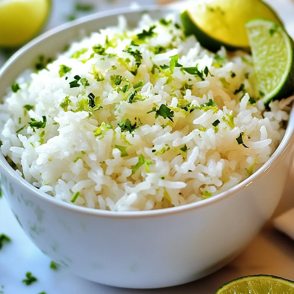 - 1 cup jasmine rice - 1 cup coconut milk - 1 cup water - 1 tablespoon lime zest - 2 tablespoons lime juice - 1 teaspoon sugar - 1/2 teaspoon salt - Fresh cilantro, chopped (for garnish) - Lime wedges (for serving) If you can't find jasmine rice, long-grain white rice works well too. For a nutty flavor, try basmati rice. You can use light coconut milk if you want a lower-fat option. If you need a dairy-free choice, coconut milk is perfect. You can replace lime juice with lemon juice for a similar taste. You will need a medium saucepan for cooking the rice. A measuring cup helps you get the right amounts. A fork is great for fluffing the rice after cooking. Lastly, a zester or grater will help you get that fresh lime zest. {{ingredient_image_1}} Start by rinsing the jasmine rice. Use cold water and let it run until clear. This step helps to remove extra starch. Removing starch keeps the rice from getting sticky. In a medium saucepan, mix the rinsed rice with coconut milk, water, lime zest, sugar, and salt. Stir these together well. Place the pan over medium heat and bring it to a gentle boil. Once boiling, turn the heat down to low. Cover the saucepan tightly. Let it simmer for about 15 to 18 minutes. Do not lift the lid. This keeps all the steam inside, cooking the rice evenly. When the time is up, remove the pan from heat. Let it sit covered for 5 more minutes. This allows the rice to finish cooking. After resting, take off the lid. Use a fork to fluff the rice gently. Drizzle the lime juice over the rice, mixing it in softly. Taste the rice and adjust the flavor if needed. You can add more lime juice or salt to your liking. Serve the coconut lime rice warm. Garnish it with fresh cilantro and add lime wedges on the side. Enjoy this tasty side dish with your meal! To make perfect coconut lime rice, start with rinsing your jasmine rice. Rinse it under cold water until the water runs clear. This step helps remove excess starch, keeping the rice fluffy. Use equal parts coconut milk and water for cooking. This mix gives the rice a rich, creamy texture. Add lime zest and salt to enhance the flavor. After cooking, let the rice sit covered for a few minutes. This resting time helps the rice absorb any remaining moisture. One common mistake is lifting the lid during cooking. This lets steam escape and can lead to uneven rice. Another mistake is using low-quality coconut milk. Good coconut milk makes a big difference in flavor. Avoid skipping the lime juice; it adds brightness that balances the creaminess. Lastly, don’t skip the resting step after cooking. This step ensures each grain is tender and fluffy. To enhance the flavor of your coconut lime rice, try adding fresh herbs. Cilantro adds a nice touch, but you can also use mint or basil. For a spicy kick, consider adding chopped jalapeños or red pepper flakes. If you want a sweeter note, a dash of coconut sugar works well. You can also mix in toasted coconut for a crunchy texture. Experiment with these options to find your favorite twist on this dish! Pro Tips Rinsing the Rice: Rinsing the rice thoroughly helps remove excess starch, which prevents the rice from becoming gummy and ensures a fluffy texture. Simmering Perfectly: Keep the heat low while simmering to avoid boiling over; it ensures the rice cooks evenly without burning. Resting Time: Letting the rice rest after cooking is crucial as it allows for additional steam to finish cooking and enhances the flavors. Lime Adjustments: Adjust the lime juice to your taste preference; adding more can brighten the dish, while less will yield a milder flavor. {{image_2}} Coconut lime rice is already vegan, which makes it easy to enjoy. You can add more green veggies like peas or spinach for extra nutrients. You can also top the rice with sliced avocado for a creamy touch. If you want a more filling meal, mix in some black beans for added protein. You can easily add protein to your coconut lime rice. Chicken, shrimp, or tofu works well. Cook the protein separately and mix it in after the rice is done. Adding vegetables like bell peppers or carrots can also brighten the dish. Just sauté them until tender, then fold them into the rice. If you want to change the flavor, you can use different herbs and spices. Try adding fresh mint or basil for a unique twist. A pinch of chili flakes can add spice. If you want a smoky flavor, consider adding a dash of smoked paprika. These changes can make every batch of coconut lime rice a new adventure. To keep your coconut lime rice fresh, place it in an airtight container. Make sure the rice cools down first. Then, seal the container tightly to keep out air. Store it in the fridge for up to four days. Avoid leaving it out at room temperature for more than two hours. This helps prevent bacteria growth. When you're ready to enjoy the rice again, reheating is easy. You can use a microwave or stovetop. For the microwave, place the rice in a bowl. Add a splash of water to keep it moist. Heat in short bursts of 30 seconds, stirring in between, until warm. On the stovetop, add the rice to a saucepan. Add a little water and heat over low heat. Stir often until hot. You can freeze coconut lime rice for later use. First, let the rice cool completely. Then, scoop it into freezer-safe bags or containers. Make sure to remove as much air as possible. Label the bags with the date. You can freeze it for up to three months. When you are ready to eat it, thaw it overnight in the fridge and reheat it as described above. Yes, you can use brown rice. It will change the cooking time. Brown rice takes longer to cook than jasmine rice. You’ll need about 40-45 minutes for brown rice. Remember to add extra water too. Coconut lime rice pairs well with many dishes. Try it with grilled chicken or shrimp. It also goes great with stir-fried vegetables. For a lighter option, serve it with a salad. You can even use it as a base for a rice bowl. Coconut lime rice can last up to 4 days in the fridge. Store it in an airtight container. Make sure it cools down before you put it in the fridge. If you want to eat it later, just reheat it. Yes, you can make coconut lime rice in a rice cooker. Just add all the ingredients to the cooker. Use the same amounts as in the recipe. Set it to the white rice setting. Once it’s done, fluff it like normal. This guide covered all you need to make coconut lime rice. You learned about the key ingredients, tools, and detailed steps for cooking. I also shared tips to avoid common mistakes and variations to suit your taste. You can choose vegan options or add proteins as you like. Finally, proper storage methods will keep your leftovers fresh. Remember, making this dish is simple and rewarding. Enjoy your coconut lime rice and share it with friends!