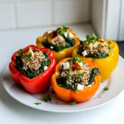 - 4 large bell peppers (any color) - 2 cups fresh spinach, chopped - 1 cup crumbled feta cheese - 1 cup cooked quinoa - 1/2 cup red onion, finely chopped - 2 cloves garlic, minced - 1 teaspoon dried oregano - 1/2 teaspoon black pepper - 1 tablespoon olive oil - 1/4 cup fresh parsley, chopped (for garnish) - Salt to taste When choosing bell peppers, pick ones that feel heavy for their size. This means they are fresh and juicy. You can use any color: red, yellow, or green. Each has a slightly different taste. Fresh spinach should be bright green and crisp. If it looks wilted, choose another bunch. Feta cheese gives a nice tang to your dish. Look for blocks of feta instead of crumbled for more flavor. If you don&rsquo;t have quinoa, use rice or farro. Both add great texture. For those who prefer a meatier flavor, add cooked ground turkey or chicken to the mix. If you can't find feta, goat cheese is a tasty swap. For added spice, try adding diced jalape&ntilde;os or red pepper flakes. You can also throw in other veggies like zucchini or mushrooms to change up the filling. {{ingredient_image_1}} To start, grab your large bell peppers. You can use any color you like. First, cut off the tops. Then, remove the seeds and membranes with a spoon. This step is key to making room for the tasty filling. Next, lightly brush the outside of each pepper with olive oil. This helps them brown nicely. Place the peppers upright in a baking dish. This will keep them stable while baking. Now let's make the filling. In a large skillet, heat 1 tablespoon of olive oil over medium heat. Add 1/2 cup of chopped red onion. Saut&eacute; for 2-3 minutes until it softens. Then, add 2 minced garlic cloves and cook for 1 more minute. Be careful not to let the garlic burn; it can taste bitter. Now, incorporate 2 cups of chopped fresh spinach into the skillet. Cook until it wilts, which takes about 2-3 minutes. Once wilted, remove the skillet from heat. Stir in 1 cup of cooked quinoa and 1 cup of crumbled feta cheese. Add 1 teaspoon of dried oregano and 1/2 teaspoon of black pepper. Mix well. Don&rsquo;t forget to add salt to taste! This filling is packed with flavor and nutrition. Next, it's time to stuff the peppers. Carefully spoon the filling into each pepper until they are full. Make sure to pack it in well for extra flavor. Cover the baking dish with aluminum foil. Bake in your preheated oven at 375&deg;F (190&deg;C) for 25 minutes. After 25 minutes, remove the foil. Bake for another 10 minutes. This helps the tops brown a bit and softens the peppers. Once done, take them out of the oven. Let them cool for a few minutes. Before serving, garnish with 1/4 cup of chopped fresh parsley. This adds a nice touch and a burst of color to your dish. Enjoy your spinach feta stuffed peppers! To get the best flavor, fill each pepper well. Use a spoon to pack the filling tightly. This method keeps the stuffing from falling out. Mix the quinoa, spinach, and feta well before adding it to the peppers. It helps the flavors blend nicely. I like to leave a bit of space at the top. This way, the filling can puff up as it bakes. To ensure even cooking, place the peppers upright in a baking dish. Brush the outside with olive oil for a nice finish. Covering the dish with foil at first helps steam the peppers. After 25 minutes, uncover the dish. This step allows the tops to brown and get crispy. Check the peppers for softness with a fork. They should be tender but still hold their shape. A sprinkle of fresh parsley adds color and freshness. Chop it finely and sprinkle it on top just before serving. You can also add a few crumbles of extra feta for a creamy touch. For a bit of zest, a squeeze of lemon juice brightens the dish. These small details make your stuffed peppers look and taste gourmet. Pro Tips Choosing Your Peppers: Select firm, vibrant peppers without blemishes for the best flavor and presentation. Quinoa Cooking Tip: Rinse quinoa under cold water before cooking to remove bitterness and enhance its nutty flavor. Feta Variations: Experiment with different types of feta cheese, such as herbed or smoked, to add unique flavors to your dish. Perfectly Baked Peppers: For softer peppers, bake them a little longer; for a firmer texture, reduce the baking time slightly. {{image_2}} You can change the flavor and look of your dish by using different peppers. Green, red, yellow, or orange bell peppers all work well. Each type has its own taste. Green peppers are a bit more bitter, while red ones are sweet. You can also try poblano or jalape&ntilde;o peppers for a spicy kick. These peppers add a new twist to the classic recipe. Feel free to mix up the filling to suit your taste. Ground turkey or beef adds protein and heartiness. You can use black beans or lentils for a plant-based option. Add chopped mushrooms or zucchini for extra veggies. If you want grains, throw in some rice or barley. The key is to balance flavors and textures to keep it interesting. Seasonal ingredients can make your dish even better. In the spring, add fresh herbs like basil or dill to brighten the flavor. Summer brings ripe tomatoes or corn, which can enhance your filling. In the fall, try adding roasted squash or pumpkin for a warm, cozy taste. Feel free to customize based on what is fresh and available in your area. This way, your stuffed peppers will always be unique and tasty! You can store spinach feta stuffed peppers in the fridge. Place them in an airtight container. They stay fresh for about 3 to 5 days. Make sure they cool down before you seal them. If you plan to eat them later, this step helps keep them tasty and safe. To reheat, use the oven for the best results. Preheat your oven to 350&deg;F (175&deg;C). Place the peppers in a baking dish. Cover them with foil to prevent drying out. Heat for about 15 to 20 minutes. You can also use a microwave. Heat them on high for 2 to 3 minutes. Check if they are warm all the way through. You can freeze stuffed peppers for longer storage. Wrap each pepper in plastic wrap. Then, place them in a freezer-safe bag. They can last for up to 3 months. To enjoy, thaw them in the fridge overnight. Then reheat as above. This method keeps their flavors and texture intact. Yes, you can prepare spinach feta stuffed peppers ahead of time. Make the filling and stuff the peppers. Then, cover them and store in the fridge for up to 24 hours. When you are ready to cook, just pop them in the oven. This saves time on busy days. You will know the peppers are done when they are soft and tender. After baking for 35 minutes, check if the tops are slightly browned. A fork should easily pierce the peppers. This means the filling is hot and ready to eat. These stuffed peppers pair well with a simple salad or roasted veggies. A side of quinoa or brown rice adds more texture. You can also serve them with a light yogurt sauce for a refreshing touch. Enjoy experimenting with different sides! This blog post covered all you need to know about stuffed peppers. We looked at ingredients, how to prep and cook, and tips for the best results. You can choose different peppers and fillings for fun twists. Don't forget about storing extras for later! Lastly, I hope the FAQs help you solve any questions. Enjoy your cooking and share your tasty pepper dishes with friends.