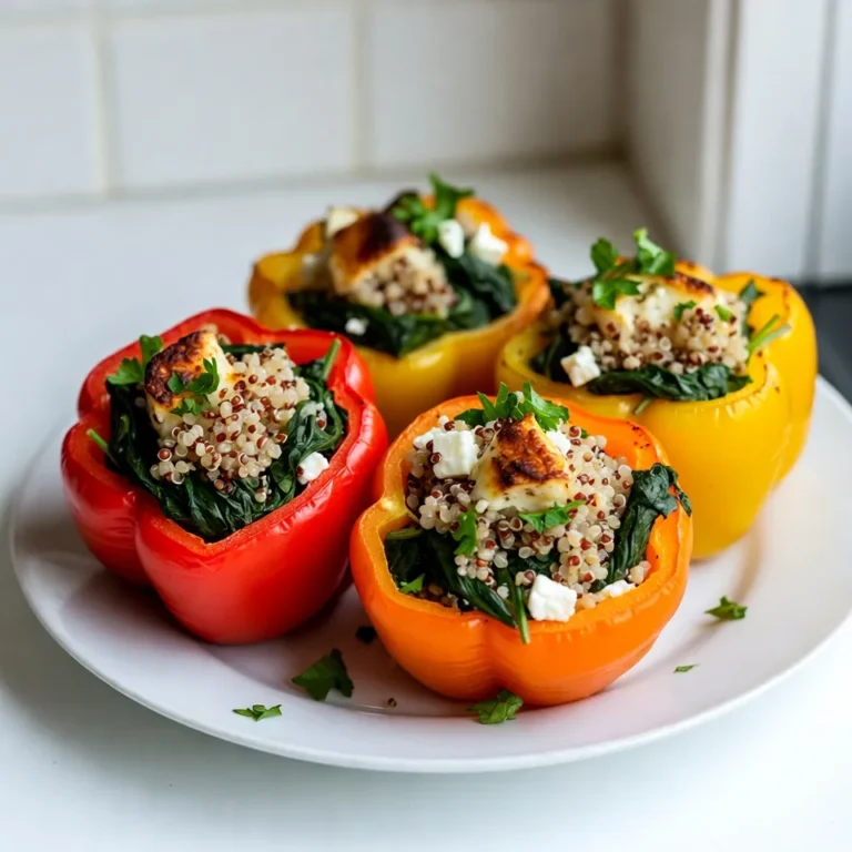 - 4 large bell peppers (any color) - 2 cups fresh spinach, chopped - 1 cup crumbled feta cheese - 1 cup cooked quinoa - 1/2 cup red onion, finely chopped - 2 cloves garlic, minced - 1 teaspoon dried oregano - 1/2 teaspoon black pepper - 1 tablespoon olive oil - 1/4 cup fresh parsley, chopped (for garnish) - Salt to taste When choosing bell peppers, pick ones that feel heavy for their size. This means they are fresh and juicy. You can use any color: red, yellow, or green. Each has a slightly different taste. Fresh spinach should be bright green and crisp. If it looks wilted, choose another bunch. Feta cheese gives a nice tang to your dish. Look for blocks of feta instead of crumbled for more flavor. If you don’t have quinoa, use rice or farro. Both add great texture. For those who prefer a meatier flavor, add cooked ground turkey or chicken to the mix. If you can't find feta, goat cheese is a tasty swap. For added spice, try adding diced jalapeños or red pepper flakes. You can also throw in other veggies like zucchini or mushrooms to change up the filling. {{ingredient_image_1}} To start, grab your large bell peppers. You can use any color you like. First, cut off the tops. Then, remove the seeds and membranes with a spoon. This step is key to making room for the tasty filling. Next, lightly brush the outside of each pepper with olive oil. This helps them brown nicely. Place the peppers upright in a baking dish. This will keep them stable while baking. Now let's make the filling. In a large skillet, heat 1 tablespoon of olive oil over medium heat. Add 1/2 cup of chopped red onion. Sauté for 2-3 minutes until it softens. Then, add 2 minced garlic cloves and cook for 1 more minute. Be careful not to let the garlic burn; it can taste bitter. Now, incorporate 2 cups of chopped fresh spinach into the skillet. Cook until it wilts, which takes about 2-3 minutes. Once wilted, remove the skillet from heat. Stir in 1 cup of cooked quinoa and 1 cup of crumbled feta cheese. Add 1 teaspoon of dried oregano and 1/2 teaspoon of black pepper. Mix well. Don’t forget to add salt to taste! This filling is packed with flavor and nutrition. Next, it's time to stuff the peppers. Carefully spoon the filling into each pepper until they are full. Make sure to pack it in well for extra flavor. Cover the baking dish with aluminum foil. Bake in your preheated oven at 375°F (190°C) for 25 minutes. After 25 minutes, remove the foil. Bake for another 10 minutes. This helps the tops brown a bit and softens the peppers. Once done, take them out of the oven. Let them cool for a few minutes. Before serving, garnish with 1/4 cup of chopped fresh parsley. This adds a nice touch and a burst of color to your dish. Enjoy your spinach feta stuffed peppers! To get the best flavor, fill each pepper well. Use a spoon to pack the filling tightly. This method keeps the stuffing from falling out. Mix the quinoa, spinach, and feta well before adding it to the peppers. It helps the flavors blend nicely. I like to leave a bit of space at the top. This way, the filling can puff up as it bakes. To ensure even cooking, place the peppers upright in a baking dish. Brush the outside with olive oil for a nice finish. Covering the dish with foil at first helps steam the peppers. After 25 minutes, uncover the dish. This step allows the tops to brown and get crispy. Check the peppers for softness with a fork. They should be tender but still hold their shape. A sprinkle of fresh parsley adds color and freshness. Chop it finely and sprinkle it on top just before serving. You can also add a few crumbles of extra feta for a creamy touch. For a bit of zest, a squeeze of lemon juice brightens the dish. These small details make your stuffed peppers look and taste gourmet. Pro Tips Choosing Your Peppers: Select firm, vibrant peppers without blemishes for the best flavor and presentation. Quinoa Cooking Tip: Rinse quinoa under cold water before cooking to remove bitterness and enhance its nutty flavor. Feta Variations: Experiment with different types of feta cheese, such as herbed or smoked, to add unique flavors to your dish. Perfectly Baked Peppers: For softer peppers, bake them a little longer; for a firmer texture, reduce the baking time slightly. {{image_2}} You can change the flavor and look of your dish by using different peppers. Green, red, yellow, or orange bell peppers all work well. Each type has its own taste. Green peppers are a bit more bitter, while red ones are sweet. You can also try poblano or jalapeño peppers for a spicy kick. These peppers add a new twist to the classic recipe. Feel free to mix up the filling to suit your taste. Ground turkey or beef adds protein and heartiness. You can use black beans or lentils for a plant-based option. Add chopped mushrooms or zucchini for extra veggies. If you want grains, throw in some rice or barley. The key is to balance flavors and textures to keep it interesting. Seasonal ingredients can make your dish even better. In the spring, add fresh herbs like basil or dill to brighten the flavor. Summer brings ripe tomatoes or corn, which can enhance your filling. In the fall, try adding roasted squash or pumpkin for a warm, cozy taste. Feel free to customize based on what is fresh and available in your area. This way, your stuffed peppers will always be unique and tasty! You can store spinach feta stuffed peppers in the fridge. Place them in an airtight container. They stay fresh for about 3 to 5 days. Make sure they cool down before you seal them. If you plan to eat them later, this step helps keep them tasty and safe. To reheat, use the oven for the best results. Preheat your oven to 350°F (175°C). Place the peppers in a baking dish. Cover them with foil to prevent drying out. Heat for about 15 to 20 minutes. You can also use a microwave. Heat them on high for 2 to 3 minutes. Check if they are warm all the way through. You can freeze stuffed peppers for longer storage. Wrap each pepper in plastic wrap. Then, place them in a freezer-safe bag. They can last for up to 3 months. To enjoy, thaw them in the fridge overnight. Then reheat as above. This method keeps their flavors and texture intact. Yes, you can prepare spinach feta stuffed peppers ahead of time. Make the filling and stuff the peppers. Then, cover them and store in the fridge for up to 24 hours. When you are ready to cook, just pop them in the oven. This saves time on busy days. You will know the peppers are done when they are soft and tender. After baking for 35 minutes, check if the tops are slightly browned. A fork should easily pierce the peppers. This means the filling is hot and ready to eat. These stuffed peppers pair well with a simple salad or roasted veggies. A side of quinoa or brown rice adds more texture. You can also serve them with a light yogurt sauce for a refreshing touch. Enjoy experimenting with different sides! This blog post covered all you need to know about stuffed peppers. We looked at ingredients, how to prep and cook, and tips for the best results. You can choose different peppers and fillings for fun twists. Don't forget about storing extras for later! Lastly, I hope the FAQs help you solve any questions. Enjoy your cooking and share your tasty pepper dishes with friends.