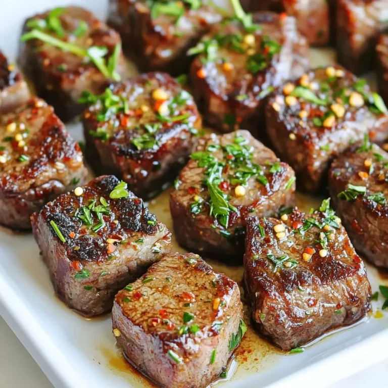 - 1 lb sirloin steak, cut into bite-sized cubes - 4 tablespoons unsalted butter - 4 cloves garlic, minced - 1 tablespoon fresh rosemary, chopped (or 1 teaspoon dried rosemary) - 1 tablespoon fresh parsley, chopped - Salt and pepper - 1 tablespoon olive oil - Optional: Red pepper flakes for heat In this recipe, I use sirloin steak for its rich flavor and tenderness. Cut it into bite-sized cubes to ensure even cooking. This makes it easy to sear and enjoy. I recommend using unsalted butter to control the salt level. It also gives the steak bites a nice, creamy texture. Garlic is a star in this dish. Its strong flavor pairs well with the meat. I use four cloves, but feel free to adjust this to your taste. Fresh herbs, like rosemary and parsley, add a burst of color and flavor. They elevate the dish from simple to gourmet. Seasoning is key. I use salt and pepper to enhance the steak's natural taste. Olive oil helps the steak sear nicely in the pan. If you want a little heat, red pepper flakes add a nice kick without overwhelming the dish. All these ingredients come together to create a savory and mouth-watering dish. Remember, fresh ingredients make a big difference in flavor. Enjoy your time cooking! {{ingredient_image_1}} First, pat the steak cubes dry with paper towels. This helps the meat sear well. Then, season the cubes with salt and pepper. Make sure to season all sides to get great flavor. Next, cut the sirloin steak into bite-sized cubes. Aim for about one-inch pieces so they cook evenly. Now, heat a large skillet over medium-high heat and add olive oil. You want the oil to shimmer, which means it’s hot enough. Add the steak cubes in a single layer. Don't overcrowd the pan; it’s better to work in batches. Sear the first side for about 2-3 minutes. This creates a nice crust. After that, flip the steak bites to cook the other side. Cook for another 2-3 minutes for medium-rare. Adjust the time based on how you like your steak. Once done, remove the steak bites from the skillet and set them on a plate. Next, let’s make the garlic butter sauce. In the same skillet, lower the heat to medium. Add the unsalted butter and let it melt. Once melted, add minced garlic and chopped rosemary. Sauté for about one minute until you smell that wonderful aroma. Be careful not to burn the garlic; it cooks quickly. Now, return the steak bites to the skillet. Toss them in the garlic butter sauce to coat them well. If you like some heat, sprinkle in red pepper flakes. Finally, remove the skillet from the heat. Garnish with chopped parsley for a fresh touch. Toss lightly to mix everything. Now, you’re ready to serve these delicious garlic butter steak bites! To make your garlic butter steak bites shine, focus on a great sear. Start by patting the steak cubes dry. This step helps the meat brown nicely. Season the cubes with salt and pepper on all sides. Make sure your skillet is hot before adding the steak. This helps create a crust. Sear the steak for about 2-3 minutes without moving it. Flip the bites and cook for another 2-3 minutes for medium-rare. Adjust the time based on how you like your steak. Presentation matters, even for simple dishes. Arrange the steak bites on a platter. Drizzle any leftover garlic butter from the pan over the top. This adds flavor and looks great. Garnish with fresh parsley for a pop of color. Use toothpicks for easy eating. You can serve these bites with crusty bread, roasted veggies, or a fresh salad. Each of these pairs well with the rich garlic butter. Enjoy your meal! Pro Tips Dry the Steak: Patting the steak cubes dry with paper towels before seasoning helps achieve a perfect sear, resulting in a flavorful crust. Use a Hot Pan: Ensure your skillet is hot enough before adding the steak. A hot pan helps create a beautiful caramelized crust without overcooking the meat. Rest for Juiciness: Let the steak bites rest for a few minutes after cooking to allow the juices to redistribute, ensuring every bite is juicy and tender. Customize the Heat: If you enjoy a bit of spice, don't hesitate to add red pepper flakes or even a dash of hot sauce to the garlic butter sauce for an extra kick. {{image_2}} You can make garlic butter steak bites even better by adding more flavor. Here are two simple ways to spice things up: - Adding different herbs: You can try using thyme or oregano. These herbs add unique tastes. Fresh herbs give a brighter flavor while dried herbs work too. Just use a bit less dried than fresh. - Incorporating other spices: Want a kick? Use red pepper flakes for heat. You can also add smoked paprika for a rich flavor. It will give the bites a nice, warm depth. If you're not in the mood for steak, there are tasty options. Here’s how you can switch it up: - Using different cuts of steak: You can use ribeye or tenderloin. They work well for this recipe. Each cut has its flavor and tenderness. Just adjust cooking times as needed. - Substituting with chicken or shrimp: Chicken breast or shrimp can replace steak. Chicken should be cooked until golden brown. Shrimp cooks fast, just a minute or two per side. Both options soak up the garlic butter sauce well. These variations let you explore new flavors and keep dinner exciting! To keep your garlic butter steak bites fresh, store them in the fridge. Place them in an airtight container. This will help keep the steak moist and flavorful. If you use a glass container, it helps keep the taste. You can also use plastic containers, but glass is better for long-term storage. For best results, eat the leftovers within three days. When it’s time to reheat your steak bites, use a skillet. Heat it over medium-low heat. Add a little butter to the pan to keep the steak moist. Stir gently to warm them without cooking further. Avoid using the microwave, as it can make the steak dry and tough. If you must use the microwave, cover it with a damp paper towel. This will help keep moisture in. Enjoy your tasty bites like they are fresh! You can serve garlic butter steak bites with many sides. They pair well with: - Mashed potatoes - Rice or quinoa - Grilled vegetables - Salad with fresh greens - Crusty bread for dipping These sides balance the rich steak flavor. You can also use toothpicks for easy serving. To check for medium-rare, use a meat thermometer. Insert it in the thickest part. Look for a temperature of 130-135°F (54-57°C). Another way is the touch method. Press the steak with your finger. It should feel soft with some spring. Yes, you can prep steak bites ahead of time. Cut the steak and season it. Store it in the fridge for up to 24 hours. Cook the bites just before serving for the best taste. Cut sirloin steak against the grain. This keeps the meat tender. First, find the direction of the grain lines. Then, slice the steak into bite-sized cubes. Aim for 1-inch pieces for even cooking. You now have a tasty guide for making garlic butter steak bites. We covered the main ingredients like sirloin steak, butter, and garlic, plus seasoning with salt and pepper. The step-by-step instructions will help you cook these perfectly. Tips on searing and serving made this easy. Remember, you can spice things up or swap the meat too. Enjoy your delicious bites today and impress your friends with your cooking skills!