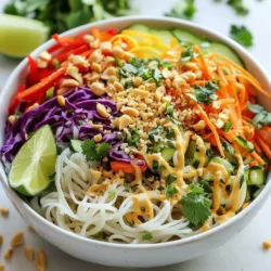 - 8 ounces rice noodles - 1 cup shredded carrots - 1 red bell pepper, thinly sliced - 1 cucumber, julienned - 1 cup red cabbage, shredded - ½ cup fresh cilantro, chopped - ¼ cup green onions, sliced - ½ cup unsalted peanuts, chopped The rice noodles serve as the base of this salad. They are soft and chewy. The fresh vegetables add crunch and color. Carrots, bell peppers, cucumbers, red cabbage, cilantro, and green onions bring flavor and nutrients. - ¼ cup creamy peanut butter - 3 tablespoons soy sauce - 2 tablespoons rice vinegar - 1 tablespoon lime juice - 1 tablespoon honey or maple syrup - 1 teaspoon sesame oil - 1 teaspoon fresh ginger, grated - ½ teaspoon garlic, minced - Water to thin (as needed) The peanut dressing brings everything together. Creamy peanut butter adds richness. Soy sauce and rice vinegar offer salty and tangy notes. Lime juice balances the sweetness from honey or maple syrup. - Additional cilantro - Lime wedges - Extra chopped peanuts Garnishes enhance the salad’s look and taste. Extra cilantro adds freshness. Lime wedges give a zesty kick. Extra chopped peanuts add a nice crunch. {{ingredient_image_1}} To start, cook 8 ounces of rice noodles according to the package instructions. This usually takes about 5-7 minutes. You want them to be tender but not mushy. Once cooked, drain the noodles in a colander. Rinse them under cold water to stop the cooking process and cool them down. This step is key to keep the noodles from sticking together. After rinsing, set them aside to let any excess water drain off. Now, let’s bring in the fresh flavors. In a large mixing bowl, combine: - 1 cup shredded carrots - 1 red bell pepper, thinly sliced - 1 cucumber, julienned - 1 cup red cabbage, shredded - ½ cup fresh cilantro, chopped - ¼ cup green onions, sliced Use your hands or a large spoon to toss the vegetables together. Make sure everything mixes well for even flavor. This is where the colors and textures come alive! Next, we’ll whip up the peanut dressing. In a separate bowl, whisk together: - ¼ cup creamy peanut butter - 3 tablespoons soy sauce - 2 tablespoons rice vinegar - 1 tablespoon lime juice - 1 tablespoon honey or maple syrup - 1 teaspoon sesame oil - 1 teaspoon fresh ginger, grated - ½ teaspoon garlic, minced As you mix, pay attention to the texture. If it’s too thick, add water a tablespoon at a time until you reach your preferred consistency. You want a smooth dressing that coats the noodles nicely. After making the dressing, add the cooled rice noodles to the bowl with the vegetables. Pour the peanut dressing over everything. Toss gently to ensure all ingredients are evenly coated. Finally, sprinkle ½ cup chopped peanuts on top for that perfect crunch. Enjoy your fresh and flavorful Thai Peanut Noodle Salad! To make great Thai peanut noodle salad, cook the rice noodles al dente. This means they should be firm but not hard. Follow the package instructions. Once cooked, drain and rinse them under cold water. This cools the noodles and stops the cooking process. For the dressing, adjust the thickness to your liking. Start with the peanut butter. Add water slowly, one tablespoon at a time, until it reaches the right consistency. It should be creamy but not too thick. To boost flavor, add lime zest to the dressing. Zest from a fresh lime brightens the dish. It adds a fragrant, citrusy note that balances the richness of the peanut butter. If you like spice, mix in some chili flakes or sriracha. This adds heat and depth to your salad. Just a pinch can make a big difference! Serve your salad in a large, shallow bowl. This makes it easy to see all the colorful ingredients. For extra visual appeal, garnish with fresh cilantro and a lime wedge. The bright colors and fresh herbs make the dish pop. You can also sprinkle chopped peanuts on top. This adds crunch and makes it look more inviting. Enjoy your beautiful creation! Pro Tips Perfectly Cooked Noodles: Make sure to follow the package instructions for cooking the rice noodles, as overcooking can lead to a mushy texture. Rinse them thoroughly under cold water to stop the cooking process. Customize Your Veggies: Feel free to add or substitute any vegetables you like in this salad, such as bell peppers, snap peas, or even edamame for extra protein and crunch. Adjusting Dressing Thickness: Start with less water when thinning out the peanut dressing. You can always add more to achieve your preferred consistency without making it too watery. Make Ahead: This salad is perfect for meal prep! You can prep all the veggies and the dressing ahead of time, storing them separately in the fridge for up to 3 days. {{image_2}} If you need gluten-free options, swap rice noodles for glass noodles. They work well with the flavors. You can also use tamari instead of soy sauce. This keeps the dish gluten-free. For a vegan version, use maple syrup instead of honey. This small change makes your salad plant-based. Also, ensure your peanut butter is vegan-friendly. Most brands are, but double-check just in case. You can add more veggies to your salad. Try bell peppers, snap peas, or broccoli. These will boost the crunch and color. You can also use spiralized zucchini for a fun twist. For protein, add cooked tofu, chicken, or shrimp. Each option brings its own flavor. Tofu is great for a vegetarian meal. Chicken adds heartiness, while shrimp gives a seafood touch. Choose based on your mood. If you want to mix it up, try a sesame dressing. It adds a nutty flavor that pairs well with the salad. You can also use a spicy chili sauce for a kick. Other sauces like hoisin or sriracha can complement the dish. They add depth and heat. Feel free to play around with these options. This is your salad, so make it your own! To keep your Thai peanut noodle salad fresh, store it in the fridge. Use an airtight container to prevent moisture loss. This salad stays fresh for about three days. After that, the veggies may lose their crunch. If you want to reheat the noodles, do it gently. Use warm water to loosen the noodles. Avoid the microwave, as it can make them mushy. For the dressing, whisk it with a bit of water to revive its texture. You can make this salad ahead of time. Prepare the noodles and veggies, then store them separately. This keeps everything fresh. Use glass containers for easy storage and reheating. You can mix the salad just before serving to keep it crisp. Thai peanut noodle salad is a vibrant dish with a mix of flavors and textures. It features rice noodles, fresh veggies, and a creamy peanut dressing. The key ingredients are: - 8 ounces rice noodles - 1 cup shredded carrots - 1 red bell pepper, thinly sliced - 1 cucumber, julienned - 1 cup red cabbage, shredded - ½ cup fresh cilantro, chopped - ¼ cup green onions, sliced - ½ cup unsalted peanuts, chopped The peanut dressing combines creamy peanut butter with soy sauce, rice vinegar, lime juice, and ginger. This salad is colorful and full of crunch, making it a hit at any table. Yes, you can make this salad ahead of time. It tastes great when chilled. You can prepare the salad up to 24 hours in advance. Just keep the dressing separate until you are ready to serve. This keeps the noodles and veggies fresh and crisp. You can easily swap ingredients in this salad. Here are some ideas for your needs: - Use zucchini noodles if you want a low-carb option. - Substitute almond butter for peanut butter if you have nut allergies. - Replace soy sauce with tamari for a gluten-free option. - Use any fresh herbs like basil or mint for a different flavor. These changes help you enjoy the salad and cater to your taste or dietary needs. This blog post covers the essentials for making a delicious Thai peanut noodle salad. We discussed key ingredients like rice noodles, fresh veggies, and a rich peanut dressing. I shared steps for preparing each part, along with tips for texture and flavor. You can easily modify the recipe to suit dietary needs or personal taste. In conclusion, this salad is not just tasty but also versatile. Enjoy making it your own!