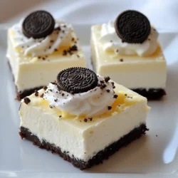 To make these delicious No-Bake Oreo Cheesecake Bars, you will need: - 20 Oreo cookies, crushed - 4 tablespoons unsalted butter, melted - 2 (8 oz) packages cream cheese, softened - 1 cup powdered sugar - 1 teaspoon vanilla extract - 1 cup heavy whipping cream - 10 Oreo cookies, coarsely chopped (for mixing) - Additional Oreo cookies for topping These ingredients create a creamy and rich cheesecake with a crunchy crust. The crushed Oreos provide a yummy flavor that pairs perfectly with the cream cheese. You can customize your bars for extra fun! Here are some ideas: - Add chocolate shavings on top. - Drizzle with chocolate or caramel sauce. - Use whipped cream for a light touch. - Try different cookies for the crust, like chocolate graham crackers. These toppings enhance the look and taste of your dessert. You can get creative based on what you like. To prepare these bars, gather these tools: - Medium mixing bowl - Large mixing bowl - Electric mixer - Spatula - 9x9 inch baking dish - Parchment paper for lining These tools make the process smooth and easy. Have everything ready, and you will enjoy making this tasty treat! {{ingredient_image_1}} To make the crust, start by crushing 20 Oreo cookies in a medium bowl. You want them fine. Add 4 tablespoons of melted unsalted butter to the crushed cookies. Mix well until the crumbs soak up the butter. Next, take a 9x9 inch baking dish and line it with parchment paper. Press the Oreo mixture firmly into the bottom of the dish. Make sure it is even. This crust gives a great base for your cheesecake. Now, let’s create the creamy filling. In a large bowl, beat 2 packages of softened cream cheese with an electric mixer. Mix until it’s smooth and fluffy. Gradually add 1 cup of powdered sugar and 1 teaspoon of vanilla extract. Blend until everything is creamy and well mixed. In another bowl, whip 1 cup of heavy cream until stiff peaks form. Gently fold this whipped cream into the cream cheese mixture. This step makes your filling light and airy. Lastly, stir in 10 coarsely chopped Oreo cookies for extra flavor. Pour the cheesecake filling over the crust in the baking dish. Use a spatula to spread it evenly. For an extra touch, crumble some additional Oreo cookies on top. This adds a nice look and taste. Cover the dish with plastic wrap and place it in the fridge. Let it chill for at least 4 hours or until it sets. Once set, cut the bars into squares and serve. Enjoy the creamy, delicious layers of this no-bake dessert! To get the best texture for your No-Bake Oreo Cheesecake Bars, focus on the cream cheese. Make sure it’s very soft before mixing. This helps prevent lumps. Beat it well with an electric mixer until smooth. When you whip the heavy cream, ensure you reach stiff peaks. This gives your cheesecake its light, airy feel. Gently fold the whipped cream into the cream cheese mix. Avoid stirring too hard. You want to keep that fluffiness! One common mistake is not crushing the Oreo cookies finely enough. Big chunks can make the crust fall apart. Another mistake is over-mixing the cream cheese. This can make your bars dense, not creamy. Also, don’t skip the chilling time. If you cut them too soon, they might not hold their shape. Lastly, using cold cream cheese can lead to lumps. Always let it warm up a bit before mixing. When serving your cheesecake bars, cut them into even pieces. This makes them look nice and neat on the plate. You can add a sprinkle of crushed Oreos on top for a fun touch. To impress your guests, drizzle some chocolate sauce over each slice. Serve them on pretty dessert plates for a special look. A dollop of whipped cream or fresh berries can also brighten up your presentation! Pro Tips Chill Your Tools: Before whipping the heavy cream, chill your mixing bowl and beaters for about 15 minutes. This helps the cream whip up faster and achieve stiff peaks more easily. Use Room Temperature Cream Cheese: Make sure your cream cheese is at room temperature for a smooth and creamy filling. Cold cream cheese can lead to lumps in your cheesecake. Fresh Crumbs for the Crust: For the best crust texture, use fresh Oreo crumbs. If using pre-crushed cookies, make sure they aren’t too fine; a bit of texture adds to the crust. Let It Set: Be patient and allow the cheesecake to set for a minimum of 4 hours. For the best flavor and texture, refrigerate overnight if possible. {{image_2}} You can mix it up with different cookies for the crust. Instead of Oreo cookies, try using graham crackers. They give a nice crunch and a hint of sweetness. You might also use chocolate wafer cookies for a rich flavor. If you want a twist, consider using Nutter Butter cookies. They bring a peanut butter taste that pairs well with cheesecake. To make your cheesecake bars even better, consider adding flavor. You can mix in some peanut butter for a creamy nutty taste. Another great option is to add lemon zest. This gives a fresh, zesty kick. If you love chocolate, try folding in mini chocolate chips. They add a fun texture and extra chocolate flavor. You can even use different extracts, like almond or coconut, to change things up. Toppings can change the look and taste of your bars. Instead of just crumbled Oreos, you can top them with fresh fruit. Berries like strawberries or blueberries add color and freshness. You can also drizzle caramel or chocolate sauce on top for a sweet finish. For a crunchy touch, sprinkle crushed nuts or toffee bits. These add a nice contrast to the creamy cheesecake. Store your No-Bake Oreo Cheesecake Bars in an airtight container. This keeps them fresh and tasty. Make sure to separate layers with parchment paper if you stack them. Avoid leaving the bars out at room temperature for a long time. They taste best when chilled. These cheesecake bars can last up to five days in the fridge. After that, they might lose their creamy texture. If you notice any moisture or changes in smell, it’s best to toss them. Always check before you dig in! You can freeze the cheesecake bars for longer storage. Cut them into slices first. Wrap each slice tightly in plastic wrap, then place them in a freezer bag. They can stay in the freezer for up to three months. When you want to enjoy them, just thaw in the fridge overnight. Yes, you can use low-fat cream cheese. It will still work well. The texture might be a bit different, but the taste remains delicious. If you want a lighter version, this is a great option. You can tell the bars are set by gently shaking the pan. If the center jiggles a little, it’s not ready. It should feel firm to the touch. After chilling for at least four hours, they should be perfect for slicing. Absolutely! These bars are great for making ahead. You can prepare them one day before serving. Just store them in the fridge. They will taste even better after chilling overnight. In this blog post, I shared how to make tasty no-bake Oreo cheesecake bars. We covered the main ingredients, tools needed, and step-by-step instructions. I also shared tips for the perfect texture, common mistakes, and fun variations. These options make each bar unique. Storing them properly helps keep them fresh and yummy. Remember, these bars are easy to customize. I hope you enjoy making them as much as I do!
