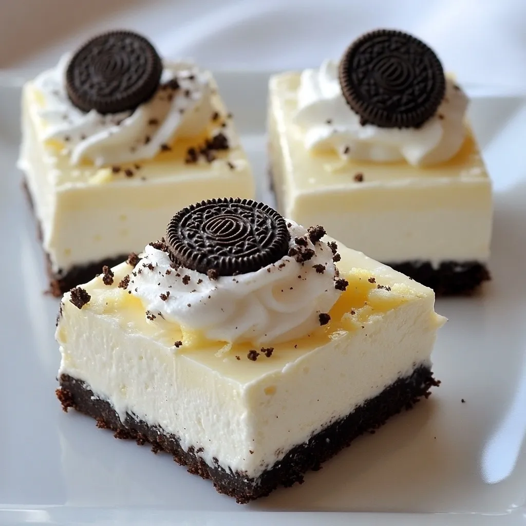 To make these delicious No-Bake Oreo Cheesecake Bars, you will need: - 20 Oreo cookies, crushed - 4 tablespoons unsalted butter, melted - 2 (8 oz) packages cream cheese, softened - 1 cup powdered sugar - 1 teaspoon vanilla extract - 1 cup heavy whipping cream - 10 Oreo cookies, coarsely chopped (for mixing) - Additional Oreo cookies for topping These ingredients create a creamy and rich cheesecake with a crunchy crust. The crushed Oreos provide a yummy flavor that pairs perfectly with the cream cheese. You can customize your bars for extra fun! Here are some ideas: - Add chocolate shavings on top. - Drizzle with chocolate or caramel sauce. - Use whipped cream for a light touch. - Try different cookies for the crust, like chocolate graham crackers. These toppings enhance the look and taste of your dessert. You can get creative based on what you like. To prepare these bars, gather these tools: - Medium mixing bowl - Large mixing bowl - Electric mixer - Spatula - 9x9 inch baking dish - Parchment paper for lining These tools make the process smooth and easy. Have everything ready, and you will enjoy making this tasty treat! {{ingredient_image_1}} To make the crust, start by crushing 20 Oreo cookies in a medium bowl. You want them fine. Add 4 tablespoons of melted unsalted butter to the crushed cookies. Mix well until the crumbs soak up the butter. Next, take a 9x9 inch baking dish and line it with parchment paper. Press the Oreo mixture firmly into the bottom of the dish. Make sure it is even. This crust gives a great base for your cheesecake. Now, let’s create the creamy filling. In a large bowl, beat 2 packages of softened cream cheese with an electric mixer. Mix until it’s smooth and fluffy. Gradually add 1 cup of powdered sugar and 1 teaspoon of vanilla extract. Blend until everything is creamy and well mixed. In another bowl, whip 1 cup of heavy cream until stiff peaks form. Gently fold this whipped cream into the cream cheese mixture. This step makes your filling light and airy. Lastly, stir in 10 coarsely chopped Oreo cookies for extra flavor. Pour the cheesecake filling over the crust in the baking dish. Use a spatula to spread it evenly. For an extra touch, crumble some additional Oreo cookies on top. This adds a nice look and taste. Cover the dish with plastic wrap and place it in the fridge. Let it chill for at least 4 hours or until it sets. Once set, cut the bars into squares and serve. Enjoy the creamy, delicious layers of this no-bake dessert! To get the best texture for your No-Bake Oreo Cheesecake Bars, focus on the cream cheese. Make sure it’s very soft before mixing. This helps prevent lumps. Beat it well with an electric mixer until smooth. When you whip the heavy cream, ensure you reach stiff peaks. This gives your cheesecake its light, airy feel. Gently fold the whipped cream into the cream cheese mix. Avoid stirring too hard. You want to keep that fluffiness! One common mistake is not crushing the Oreo cookies finely enough. Big chunks can make the crust fall apart. Another mistake is over-mixing the cream cheese. This can make your bars dense, not creamy. Also, don’t skip the chilling time. If you cut them too soon, they might not hold their shape. Lastly, using cold cream cheese can lead to lumps. Always let it warm up a bit before mixing. When serving your cheesecake bars, cut them into even pieces. This makes them look nice and neat on the plate. You can add a sprinkle of crushed Oreos on top for a fun touch. To impress your guests, drizzle some chocolate sauce over each slice. Serve them on pretty dessert plates for a special look. A dollop of whipped cream or fresh berries can also brighten up your presentation! Pro Tips Chill Your Tools: Before whipping the heavy cream, chill your mixing bowl and beaters for about 15 minutes. This helps the cream whip up faster and achieve stiff peaks more easily. Use Room Temperature Cream Cheese: Make sure your cream cheese is at room temperature for a smooth and creamy filling. Cold cream cheese can lead to lumps in your cheesecake. Fresh Crumbs for the Crust: For the best crust texture, use fresh Oreo crumbs. If using pre-crushed cookies, make sure they aren’t too fine; a bit of texture adds to the crust. Let It Set: Be patient and allow the cheesecake to set for a minimum of 4 hours. For the best flavor and texture, refrigerate overnight if possible. {{image_2}} You can mix it up with different cookies for the crust. Instead of Oreo cookies, try using graham crackers. They give a nice crunch and a hint of sweetness. You might also use chocolate wafer cookies for a rich flavor. If you want a twist, consider using Nutter Butter cookies. They bring a peanut butter taste that pairs well with cheesecake. To make your cheesecake bars even better, consider adding flavor. You can mix in some peanut butter for a creamy nutty taste. Another great option is to add lemon zest. This gives a fresh, zesty kick. If you love chocolate, try folding in mini chocolate chips. They add a fun texture and extra chocolate flavor. You can even use different extracts, like almond or coconut, to change things up. Toppings can change the look and taste of your bars. Instead of just crumbled Oreos, you can top them with fresh fruit. Berries like strawberries or blueberries add color and freshness. You can also drizzle caramel or chocolate sauce on top for a sweet finish. For a crunchy touch, sprinkle crushed nuts or toffee bits. These add a nice contrast to the creamy cheesecake. Store your No-Bake Oreo Cheesecake Bars in an airtight container. This keeps them fresh and tasty. Make sure to separate layers with parchment paper if you stack them. Avoid leaving the bars out at room temperature for a long time. They taste best when chilled. These cheesecake bars can last up to five days in the fridge. After that, they might lose their creamy texture. If you notice any moisture or changes in smell, it’s best to toss them. Always check before you dig in! You can freeze the cheesecake bars for longer storage. Cut them into slices first. Wrap each slice tightly in plastic wrap, then place them in a freezer bag. They can stay in the freezer for up to three months. When you want to enjoy them, just thaw in the fridge overnight. Yes, you can use low-fat cream cheese. It will still work well. The texture might be a bit different, but the taste remains delicious. If you want a lighter version, this is a great option. You can tell the bars are set by gently shaking the pan. If the center jiggles a little, it’s not ready. It should feel firm to the touch. After chilling for at least four hours, they should be perfect for slicing. Absolutely! These bars are great for making ahead. You can prepare them one day before serving. Just store them in the fridge. They will taste even better after chilling overnight. In this blog post, I shared how to make tasty no-bake Oreo cheesecake bars. We covered the main ingredients, tools needed, and step-by-step instructions. I also shared tips for the perfect texture, common mistakes, and fun variations. These options make each bar unique. Storing them properly helps keep them fresh and yummy. Remember, these bars are easy to customize. I hope you enjoy making them as much as I do!