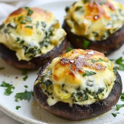 - 12 large portobello mushrooms - 1 cup fresh spinach, chopped - 1 cup canned artichoke hearts, drained and chopped - 1 cup cream cheese, softened - 1/2 cup grated Parmesan cheese - 1/2 cup mozzarella cheese, shredded - 2 cloves garlic, minced - 1 tablespoon lemon juice - 1/4 teaspoon red pepper flakes (optional) - Salt and pepper to taste - 2 tablespoons olive oil - Fresh parsley, for garnish I love using Philadelphia cream cheese for its smoothness. For cheeses, Kraft Parmesan and Sargento mozzarella are great choices. They melt well and add nice flavor. For mushrooms, look for large portobellos at your local market. They should feel firm and have a smooth cap. Don't have artichokes? Try using cooked spinach instead for a twist. You can swap cream cheese with Greek yogurt for a lighter option. If you want a bit more kick, use pepper jack cheese instead of mozzarella. For a dairy-free version, try vegan cream cheese and nutritional yeast. {{ingredient_image_1}} To start, preheat your oven to 375°F (190°C). Next, grab your large portobello mushrooms. Clean them with a damp cloth. Remove the stems carefully. Use a spoon to scoop out the gills. This creates a nice space for your filling. Now, heat 2 tablespoons of olive oil in a medium skillet over medium heat. Add 2 cloves of minced garlic. Sauté it for about 1 minute. It will smell great! Then, toss in 1 cup of chopped fresh spinach. Cook until it wilts, about 2-3 minutes. After that, add 1 cup of drained and chopped canned artichoke hearts. Cook for another 2 minutes. Remove the skillet from heat and let it cool. In a large bowl, mix 1 cup of softened cream cheese, 1/2 cup of grated Parmesan cheese, and 1/2 cup of shredded mozzarella cheese together. Add 1 tablespoon of lemon juice, 1/4 teaspoon of red pepper flakes, and salt and pepper to taste. Stir until everything is well combined. Now, fold in the cooled spinach and artichoke mixture. Combine it until fully mixed. Take each portobello cap and spoon the cheese and vegetable mixture into it. Pack it in gently. Place the stuffed mushrooms on a baking tray lined with parchment paper. Bake the mushrooms for 25-30 minutes. They should be tender and the tops golden brown. Once done, take them out and let them cool for a few minutes. For a nice touch, garnish with fresh parsley before serving. Enjoy your tasty spinach artichoke stuffed mushrooms! Start with large portobello mushrooms. Their size holds a lot of filling. Clean them gently with a damp cloth. Remove the stems and scoop out the gills to make room for stuffing. This step helps the mushrooms cook evenly. When mixing the filling, use softened cream cheese. It blends well with the other cheeses. Make sure to fold in your spinach and artichokes gently. This keeps the mixture fluffy and light. Spoon the filling generously into each mushroom. Press down slightly to pack it in without breaking the caps. One common mistake is using dry mushrooms. Always choose fresh ones for the best flavor. Another issue is overcooking the filling. Cook it just long enough for the spinach to wilt. If you bake the mushrooms too long, they can become soggy. Keep an eye on them; they should be tender but not mushy. Do not skip the lemon juice. It brightens the flavors and adds balance. Forgetting the seasoning can also dull the taste. Always add salt and pepper to enhance your dish. To boost flavor, consider adding red pepper flakes. They give a nice kick without being overpowering. Fresh herbs, like parsley or thyme, can add brightness. You can also mix in some chopped sun-dried tomatoes for extra flavor. For texture, try mixing in some breadcrumbs. This adds a nice crunch to the creamy filling. You can also use a mix of cheeses for depth. Try adding a bit of goat cheese or feta for a tangy twist. These small changes can elevate your stuffed mushrooms into a memorable treat. Pro Tips Choosing the Right Mushrooms: Opt for large, firm portobello mushrooms that have a nice cap to hold the stuffing well. Mixing the Filling: Ensure that the cream cheese is softened before mixing; this will help achieve a smooth, creamy consistency for the filling. Add Extra Flavor: Consider adding chopped sun-dried tomatoes or a splash of Worcestershire sauce to the filling for an additional layer of flavor. Serving Suggestions: Serve these stuffed mushrooms with a side of marinara sauce for dipping, or atop a bed of mixed greens for a fresh presentation. {{image_2}} You can easily make these mushrooms vegetarian. Just stick to the original recipe. The blend of spinach, artichokes, and cheese brings a rich flavor. If you want to add more veggies, try bell peppers or zucchini. They mix well and add more color. You can also swap in your favorite herbs for extra taste. Chives or basil work nicely. Want to add some protein? Consider chicken or sausage. Cook the meat first and chop it up. Mix it with the spinach and artichoke filling. This will make the dish heartier. If you use chicken, I suggest rotisserie for ease. For sausage, try Italian or spicy sausage for a kick. Cheese lovers can switch things up too. Instead of cream cheese, try ricotta or goat cheese. These cheeses will change the texture and flavor slightly. You can also use cheddar or Gruyère for a different taste. Mixing different cheeses can create a unique flavor. Just be sure to balance the flavors so they blend well. After enjoying your spinach artichoke stuffed mushrooms, store the leftovers in an airtight container. Place a layer of parchment paper between the mushrooms and the lid. This helps keep them fresh. Store them in the fridge for up to three days. To reheat, preheat your oven to 350°F (175°C). Place the stuffed mushrooms on a baking sheet. Cover them loosely with foil to avoid drying out. Heat for about 10 to 15 minutes. They should be warm and the cheese melty again. You can also microwave them. Just heat for 30-second intervals until warm. If you want to freeze them, first let the mushrooms cool completely. Place them in a single layer on a baking sheet. Freeze for a few hours until solid. Then, transfer them to a freezer-safe bag. They can last up to three months. To cook, thaw in the fridge overnight. Then, reheat in the oven as mentioned above. Enjoy your tasty treat later! I recommend using large portobello mushrooms for stuffing. They have a nice shape and hold the filling well. Look for mushrooms that feel firm and have no bruises. The caps should be smooth and have a rich, dark color. Fresh mushrooms will give you the best taste. Yes, you can prepare the stuffed mushrooms a day in advance. Just follow the steps until you fill the mushrooms. Cover them and store in the fridge. When you are ready to cook, bake them straight from the fridge. This saves time and makes serving easy. Stuffed mushrooms pair well with many dishes. You can serve them with a fresh salad for a light meal. They also go great with pasta or grilled chicken. For a party, try serving them with a variety of dips and breads. These options enhance the flavors and make for a fun meal. You now know how to make great stuffed mushrooms. We covered the needed ingredients, brands, and substitutions. I shared easy steps for prep, cooking, and serving. You learned tips to avoid mistakes and improve taste. We talked about fun variations, from vegetarian to protein options. Lastly, I gave advice on storage and reheating. Enjoy your stuffed mushrooms! Each bite can be a delight with the right care and ingredients.