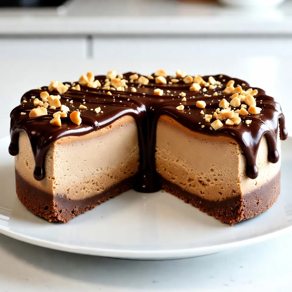 To make a delicious chocolate peanut butter cheesecake, you need the following: - 1 ½ cups chocolate graham cracker crumbs - ½ cup unsalted butter, melted - 2 cups cream cheese, softened - 1 cup creamy peanut butter - 1 cup powdered sugar - 1 teaspoon vanilla extract - 2 cups heavy cream - ½ cup semi-sweet chocolate chips - A pinch of salt Each ingredient plays a key role. The chocolate graham cracker crumbs form a rich, tasty crust. The butter holds the crust together. Cream cheese and peanut butter create the creamy filling. Powdered sugar sweetens it up. Vanilla adds flavor, while heavy cream gives it a light, fluffy texture. The chocolate chips melt into a delicious ganache. For a tasty finishing touch, consider these optional garnishes: - Chopped peanuts - Extra chocolate ganache Chopped peanuts add a nice crunch. A drizzle of chocolate ganache elevates the dessert. These toppings make the cheesecake more appealing and add extra flavor. You will need a few specific tools to make this cheesecake: - 9-inch springform pan - Mixing bowls - Electric mixer - Spatula - Small saucepan The springform pan allows easy removal of the cheesecake. Mixing bowls and an electric mixer help with blending the ingredients. A spatula is perfect for smoothing the filling. Lastly, a small saucepan is needed for melting the chocolate chips. Gather these items before you begin. This will make your baking experience smooth and fun. {{ingredient_image_1}} To start, you need to make the crust. Grab a mixing bowl. Then, mix 1 ½ cups of chocolate graham cracker crumbs with ½ cup of melted unsalted butter. Stir until the crumbs soak up the butter. This mixture should feel like wet sand. Press it into a 9-inch springform pan. Make sure it is even and firm. Once done, place the pan in the fridge while you work on the filling. Next, let's make the filling. In a large bowl, beat 2 cups of softened cream cheese and 1 cup of creamy peanut butter. You want this mix to be smooth and creamy. Slowly add 1 cup of powdered sugar while beating. This helps to sweeten the mix. Finally, add 1 teaspoon of vanilla extract, and mix until well combined. Now, we need to whip the cream. In another bowl, pour in 2 cups of heavy cream. Use a mixer to whip it until it forms stiff peaks. This step adds lightness to the filling. Gently fold the whipped cream into the peanut butter mix. Be careful not to deflate the cream. Combine until you see no white streaks. Take the crust out of the fridge. Pour the peanut butter cheesecake filling over the chilled crust. Use a spatula to smooth the top. Once done, cover the pan. Place it in the fridge for at least 4 hours. This helps the cheesecake set properly. While waiting, let’s make the ganache. In a small saucepan, add ½ cup of semi-sweet chocolate chips. Melt them over low heat. Stir until smooth and creamy. Once melted, let the ganache cool for a bit. This cooling helps it thicken a little. After the cheesecake has set, drizzle the chocolate ganache over the top. Let it run down the sides for a nice look. If you want, sprinkle some chopped peanuts on top for a crunchy finish. Carefully remove the cheesecake from the springform pan. Slice it into wedges before serving. Enjoy your delightful and creamy chocolate peanut butter cheesecake! To get a creamy cheesecake, use softened cream cheese. Cold cream cheese makes lumps. Beat the cream cheese and peanut butter until smooth. Then, add powdered sugar slowly. This step helps mix everything well. Whip the heavy cream until it forms stiff peaks, but don’t overwhip it. Gently fold the whipped cream into the peanut butter mix. This keeps it light and fluffy. One mistake is not chilling the crust long enough. The crust should be firm before adding the filling. Another mistake is overmixing the cream cheese. This can lead to cracks in the top. Avoid adding hot ganache directly onto the cheesecake. Let it cool slightly first. This keeps the cheesecake from melting. Chill the cheesecake for at least 4 hours. Longer chilling gives it a better texture. Keep it covered to avoid drying out. If you can, chill it overnight. This lets the flavors blend well. When ready to serve, take it out of the fridge. Let it sit for about 15 minutes before slicing. This helps with clean cuts and makes serving easier. Pro Tips Chill the Cheesecake: Make sure to chill the cheesecake for at least 4 hours, or overnight if possible, to ensure it sets properly and develops a rich flavor. Use Room Temperature Ingredients: Allow your cream cheese and peanut butter to come to room temperature before mixing. This will help achieve a smoother and creamier filling. Whip the Cream Properly: When whipping the heavy cream, make sure to stop once stiff peaks form. Over-whipping can lead to a grainy texture. Garnish for Presentation: For an elegant finish, sprinkle chopped peanuts and drizzle extra chocolate ganache on top before serving. {{image_2}} You can make a no-bake version of this cheesecake. This option saves time and effort. Start by mixing the chocolate graham cracker crumbs and melted butter. Press this mixture into the pan, just like before. For the filling, beat the cream cheese and peanut butter together. Then add powdered sugar and vanilla. Fold in the whipped cream gently. Pour this filling over the crust and chill it. This cheesecake needs at least six hours to set. If you need a gluten-free cheesecake, you can still enjoy this treat. Use gluten-free chocolate graham crackers for the crust. Check the labels to ensure they are truly gluten-free. The filling remains the same. Cream cheese, peanut butter, and sugar work well, even gluten-free. This option lets everyone enjoy this dessert without worry. You can swap some ingredients for new flavors. Try using almond butter instead of peanut butter for a nutty twist. If you prefer dark chocolate, use dark chocolate chips instead of semi-sweet. Want a fruity touch? Add a layer of raspberry or strawberry sauce on top before the ganache. Each of these swaps adds a unique taste to your cheesecake while keeping it simple. To keep your cheesecake fresh, cover it well. Use plastic wrap or aluminum foil. You can also place it in an airtight container. This way, it stays moist and tasty. Store the cheesecake in the fridge. It will last for up to five days. If you want to save it for later, freezing works well. First, slice the cheesecake into pieces. Wrap each slice tightly in plastic wrap. Then, place the wrapped slices in a freezer bag. This helps prevent freezer burn. The cheesecake can stay in the freezer for up to three months. To thaw, move it to the fridge for several hours or overnight. You can also leave it at room temperature for about an hour. Avoid microwaving the cheesecake. It can change the texture, making it less creamy. The cheesecake tastes best within the first few days. After five days, you may notice changes in taste and texture. Keep an eye out for any signs of spoilage, like off smells or changes in color. If you see any, it's best to throw it away. To keep it fresh, always store your cheesecake properly. Yes, you can use natural peanut butter. It adds a rich taste. However, it may make the filling less creamy. Stir the natural peanut butter well before using. This helps mix in the oils. To slice cheesecake, use a hot knife. Dip the knife in hot water, then dry it. This helps make clean cuts. Wipe the knife after each slice. This way, the pieces look neat and pretty. The cheesecake needs at least 4 hours to chill. This time helps it set properly. For best results, chill it overnight. The longer it cools, the better the flavor. Yes, you can make this cheesecake in advance. It stays fresh in the fridge for up to one week. This makes it a great choice for parties or special events. Just cover it well to keep it fresh. You learned how to make a delicious chocolate peanut butter cheesecake. We covered the key ingredients, tools, and step-by-step instructions to guide you through. Tips and tricks will help you avoid mistakes and achieve the perfect texture. You can also explore variations for everyone’s taste. Don't forget how to store leftovers to keep them fresh. Enjoy your cheesecake journey, and share it with loved ones!