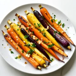 For this dish, you will need: - 1 pound rainbow carrots (yellow, orange, and purple), peeled and cut into uniform sticks - 4 cloves garlic, minced - 3 tablespoons olive oil - 1 teaspoon dried thyme - 1 teaspoon dried rosemary - Salt and pepper to taste These ingredients give the carrots a bright color and rich flavor. The garlic adds a nice punch, while the herbs bring warmth and depth. You can make this dish even more special with some extras: - A pinch of cayenne for heat - Lemon juice for brightness - Fresh herbs like dill or basil for fresh notes Garnishing with fresh chopped parsley adds color and a fresh taste. Feel free to mix and match based on your tastes! Rainbow carrots are colorful and full of nutrients. They are rich in vitamins A and C. Garlic is known for its immune-boosting properties and heart health benefits. Olive oil contains healthy fats that can lower bad cholesterol. Thyme and rosemary add antioxidants, making this dish not only tasty but healthy too! {{ingredient_image_1}} Start by washing your rainbow carrots well. This step keeps them clean. Peel the carrots to remove the outer layer. After peeling, cut them into uniform sticks. Aim for about 1 to 2 inches long. This size helps them cook evenly. Next, take four cloves of garlic. Mince the garlic finely to release its strong flavor. Set both the carrots and garlic aside for later use. In a large bowl, add the cut carrots. Then, toss in the minced garlic. Pour in three tablespoons of olive oil. Olive oil helps the carrots roast well and adds taste. Now, add one teaspoon of dried thyme and one teaspoon of dried rosemary. These herbs bring out the best in the carrots. Season with salt and pepper to taste. Mix everything well until the carrots are fully coated. A good mix ensures every bite is full of flavor. Preheat your oven to 425°F (220°C). Spread the seasoned carrots evenly on a baking sheet. Use parchment paper for easy cleanup. This layer helps the carrots not stick. Roast the carrots for 25 to 30 minutes. Halfway through, toss them gently. This step helps them cook evenly. Look for a tender texture with a nice caramel color. Once done, take them out of the oven. Let them cool slightly, then move them to a serving platter. Garnish with fresh chopped parsley on top for a nice touch. Enjoy your tasty dish! To get the best roast on your carrots, choose uniform sticks. They should be about the same size. This helps them cook evenly. Use high heat, around 425°F (220°C). This heat caramelizes the sugars in the carrots. Toss them halfway through cooking for great results. You want them tender but not mushy. Roasting for 25-30 minutes works well. If you don't have garlic, try onion powder or shallots. Each gives a nice flavor. For herbs, fresh thyme or rosemary works if you prefer fresh over dried. You can also use other herbs like dill or basil. These swaps keep the dish tasty and unique. Feel free to mix and match to suit your taste! To ensure even cooking, spread the carrots in a single layer. Avoid overcrowding the pan. If they touch too much, they will steam instead of roast. Keep an eye on them as they cook. If they start to brown on one side, give them a quick toss. This helps each piece get that lovely golden color. Pro Tips Choose Fresh Carrots: Look for firm, smooth carrots with vibrant colors for the best flavor and texture. Cut Uniformly: Ensure all carrot sticks are of similar size for even cooking and consistent tenderness. Don't Skip the Toss: Toss the carrots halfway through roasting to achieve an even caramelization and prevent burning. Garnish Wisely: Fresh parsley not only adds color but also a fresh burst of flavor, enhancing the dish's presentation. {{image_2}} You can make garlic herb roasted rainbow carrots even more fun. Try adding herbs like basil or dill. These can brighten the dish with fresh flavors. You can also use spices like cumin or paprika. They add warmth and depth. Just remember to start small. You can always add more if you like. While olive oil is my favorite, other oils work well too. You can use avocado oil for a nutty taste. Flaxseed oil adds a unique flavor and is healthy. Each oil can change the dish's flavor profile. Experiment to find what you like best. Rainbow carrots shine alone, but they pair well with others. Try adding parsnips for sweetness. You can mix in bell peppers for color and crunch. Sweet potatoes add heartiness and depth. These combinations create a colorful and tasty side dish. Roasting mixed veggies together will enhance the flavors even more. After enjoying your garlic herb roasted rainbow carrots, you might have some left. To store them, let the carrots cool to room temperature. Next, place them in an airtight container. This helps keep them fresh. Store the container in the fridge. They will stay good for up to four days. When you’re ready to enjoy leftovers, reheating is key for flavor. Preheat your oven to 350°F (175°C). Spread the carrots on a baking sheet. Heat them for about 10-15 minutes. This method helps them regain their crispness. You can also use a microwave if you’re in a hurry. Place the carrots in a microwave-safe dish. Heat in short bursts of 30 seconds until warm. If you want to save your roasted carrots for longer, freezing is a great option. First, let them cool completely. Then, spread the carrots in a single layer on a baking sheet. Freeze them for about an hour. This prevents them from sticking together. After they are frozen, transfer them to a freezer-safe bag. Remove as much air as possible. They can last up to three months in the freezer. When you’re ready to eat them, thaw in the fridge overnight before reheating. Yes, you can use regular carrots. Rainbow carrots add color and flair to your dish. However, regular orange carrots will still taste great. The cooking time remains the same. Just remember to cut them into similar sizes for even cooking. These roasted carrots pair well with many dishes. They complement roasted chicken or fish nicely. You can also serve them with grains like quinoa or rice. For a hearty meal, try them alongside a warm lentil salad. The flavors balance well with many main courses. Roasted carrots last about 3 to 5 days in the fridge. Store them in an airtight container. To enjoy the best taste, eat them within this time. Reheat them in the oven or a skillet for the best results. Avoid microwaving, as it may make them soggy. This blog post covered everything you need for roasted rainbow carrots. You learned the best ingredient measurements, health benefits, and optional seasonings. I walked you through each step, from prepping to roasting. You also found tips for success, variations, and storage info. Remember, these carrots are not just tasty; they offer great health benefits too. With these easy recipes and tricks, you can make delicious roasted rainbow carrots anytime. Enjoy trying new flavors and sharing with others!