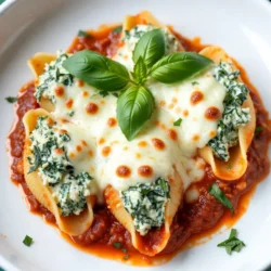 To make delicious spinach ricotta stuffed shells, you will need: - 20 jumbo pasta shells - 2 cups ricotta cheese - 1 cup fresh spinach, chopped - 1 cup shredded mozzarella cheese - 1/2 cup grated Parmesan cheese - 1 large egg - 2 cloves garlic, minced - 1 teaspoon dried oregano - 1 teaspoon salt - 1/2 teaspoon black pepper - 2 cups marinara sauce - Fresh basil leaves for garnish These ingredients come together to create a rich and creamy filling. You can add some fun twists to your dish. Here are a few ideas: - Chopped sun-dried tomatoes for a tangy flavor - Crushed red pepper for heat - Fresh herbs like parsley or thyme for added freshness - Different cheeses, such as feta or goat cheese, for a unique taste These options let you create a stuffed shell that fits your taste. If you have dietary needs, try these swaps: - Use gluten-free pasta shells if you need a gluten-free option. - Swap ricotta cheese for a dairy-free cheese to make it vegan. - Replace eggs with flaxseed meal mixed with water as a binder. - Use low-sodium marinara sauce if you are watching your salt intake. These substitutions help you enjoy this dish no matter your dietary restrictions. {{ingredient_image_1}} Start by boiling water in a large pot. Once it boils, add salt. This adds flavor to the shells. Add 20 jumbo pasta shells to the pot. Cook them until they are al dente, which means they should still have a bite. This usually takes around 10-12 minutes. Stir occasionally to prevent sticking. After cooking, drain the shells in a colander and rinse them with cold water. This helps stop the cooking process. Let them cool while you prepare the filling. In a large mixing bowl, combine 2 cups of ricotta cheese with 1 cup of chopped fresh spinach. Add half of the mozzarella cheese, which is about 1/2 cup. Then, mix in 1/2 cup of grated Parmesan cheese. Crack in 1 large egg for binding. Next, add 2 cloves of minced garlic, 1 teaspoon of dried oregano, 1 teaspoon of salt, and 1/2 teaspoon of black pepper. Stir everything together until it is smooth and well mixed. This filling will be creamy and flavorful. Preheat your oven to 375&deg;F (190&deg;C). Now, take each cooked shell. Use a spoon or a piping bag to fill each shell generously with the spinach and ricotta mixture. Take your time to pack the filling in well. Once all shells are filled, grab a 9x13 inch baking dish. Spread a thin layer of marinara sauce on the bottom. Place the stuffed shells seam side up in the dish. Pour the rest of the marinara sauce over the shells. Finally, sprinkle the remaining mozzarella cheese on top. Cover the baking dish with aluminum foil to keep the shells moist. Bake them in the oven for 25 minutes. After that, carefully remove the foil. Bake for another 10-15 minutes until the cheese is bubbly and golden brown. If you want a crispy top, you can bake them a bit longer. Let the dish cool for a few minutes after baking. Garnish with fresh basil leaves before serving. Enjoy your delicious spinach ricotta stuffed shells! When I choose ingredients for spinach ricotta stuffed shells, I look for fresh items. Fresh spinach adds bright flavor and color. Look for dark green leaves that are not wilted. For ricotta, pick a brand that feels creamy and smooth. The cheese should not be too watery. Use whole milk mozzarella for a rich taste. Always check the expiration dates on dairy products. This ensures your dish will taste fresh. One big mistake is overcooking the pasta shells. Cook them just until al dente. This allows them to hold their shape when you stuff them. Another error is not draining the shells well. Excess water can ruin your dish. Do not skip the herbs, either. Oregano adds depth, and garlic gives great flavor. Finally, avoid skimping on the marinara sauce. A good amount keeps the shells moist and tasty. When stuffing the shells, use a spoon or a piping bag. This helps you fill them evenly and avoid spills. Do not overfill, or you will have a mess. Leave some space at the top. Lay the stuffed shells seam-side up in the dish. This helps them stay together while baking. Cover with foil during baking to keep moisture inside. Remove the foil later to let the cheese get bubbly and golden. Pro Tips Use Fresh Ingredients: Whenever possible, opt for fresh spinach and high-quality cheeses to enhance the flavor and texture of your dish. Don&rsquo;t Overcook the Pasta: Cooking the pasta shells al dente is crucial, as they will continue to cook in the oven and absorb moisture from the sauce. Experiment with Herbs: Feel free to add other herbs such as basil or thyme to the filling for an extra layer of flavor. Let it Rest: Allow the baked dish to rest for a few minutes before serving. This helps the filling set and makes for easier serving. {{image_2}} You can change the flavor of your stuffed shells by adding different cheeses. Try using goat cheese or feta for a tangy twist. Blend in cream cheese for a creamier filling. Mixing cheeses adds depth and richness to each bite. You can also replace some mozzarella with provolone for a nice smoky flavor. Remember, the more cheese, the merrier! If you want a vegetarian version, skip the egg in the filling. Use a flaxseed meal to replace the egg. For a vegan option, use dairy-free ricotta made from nuts or tofu. There are many recipes online for vegan ricotta. You can also add veggies like mushrooms or bell peppers to the filling. This keeps the dish fresh and colorful. Adding spices and herbs can elevate the taste of your dish. Try adding crushed red pepper for a kick. Fresh herbs like parsley or thyme can add brightness. Mix in a pinch of nutmeg to bring out the creaminess of the ricotta. You can also experiment with Italian seasoning or fresh basil for extra flavor. Don't be afraid to get creative! After enjoying your Spinach Ricotta Stuffed Shells, let them cool down. Transfer the leftovers to an airtight container. This keeps them fresh. Store them in the fridge for up to three days. If you want to keep them longer, freezing is a good option. To reheat your stuffed shells, preheat your oven to 350&deg;F (175&deg;C). Place the shells in a baking dish. Add a splash of marinara sauce on top. Cover the dish with foil to keep them moist. Bake for 20 minutes or until hot. You can also use the microwave for a quick option. Just heat them in a microwave-safe dish for 2-3 minutes. For freezing, make sure the shells are completely cool. Place them in a freezer-safe container or wrap them tightly in plastic wrap. They can last in the freezer for up to three months. When you&rsquo;re ready to enjoy them, thaw in the fridge overnight before reheating. This way, you can savor your delightful dinner any time! Yes, you can prepare these stuffed shells in advance. Cook the shells and make the filling. Once you fill the shells, place them in your baking dish. Cover it and store it in the fridge for up to 24 hours. When you&rsquo;re ready to bake, add a few extra minutes to the cooking time. These stuffed shells pair well with a fresh salad. A simple green salad with a light vinaigrette works great. Garlic bread is another tasty option. You can also serve it with roasted vegetables for added flavor and nutrition. You can tell the stuffed shells are done when the cheese is bubbly and golden. The internal temperature should reach 165&deg;F (74&deg;C). If you see a nice golden crust and the marinara sauce is hot, they are ready to eat! You learned how to create delicious Spinach Ricotta Stuffed Shells. I shared key ingredients, step-by-step cooking methods, and helpful tips. Customizing this dish is simple with optional ingredients and substitutions for diets. Storing leftovers and reheating them is easy, making this dish great for meal prep. Experiment with variations to suit your taste. Enjoy making this dish and impress your friends and family!