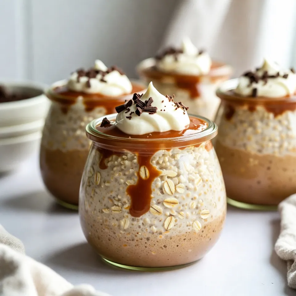 To make the perfect Caramel Macchiato Overnight Oats, you'll need these key ingredients: - 1 cup rolled oats - 1 cup milk (dairy or non-dairy) - 1/2 cup strong brewed coffee, cooled - 1/4 cup Greek yogurt - 2 tablespoons maple syrup (or more to taste) - 1 teaspoon vanilla extract - 1/4 teaspoon cinnamon - Pinch of salt - Caramel sauce for drizzling These ingredients create a rich and creamy base. The rolled oats provide a hearty texture. The coffee gives that strong flavor we love in a macchiato. You can enhance your oats with these fun toppings: - Fresh whipped cream (optional) - Chocolate shavings or cocoa powder for garnish (optional) These add a nice flair. They also make your oats more fun to eat. You have choices for milk. Dairy milk works great. Use whole or skim milk based on your taste. For non-dairy, almond, oat, or coconut milk is perfect. Each type brings a unique flavor. Choose what you enjoy most. {{ingredient_image_1}} To start, gather all your ingredients. You will need rolled oats, milk, cooled coffee, Greek yogurt, maple syrup, vanilla extract, cinnamon, and a pinch of salt. In a large mixing bowl, combine these items. Stir until everything blends well. This mix creates a creamy base that tastes like a caramel macchiato. Next, take two jars or containers with lids. Divide the oat mix evenly between the jars. Seal each jar with a lid. Now, place them in the fridge overnight. This step helps the oats soak up all the flavors. If you are short on time, let them sit for at least four hours. In the morning, open your jars and give the oats a good stir. If the mix is too thick, add more milk or coffee. The goal is a smooth texture. Now, drizzle caramel sauce on top for sweetness. If you like, finish with fresh whipped cream. You can also add chocolate shavings or cocoa powder for a tasty garnish. Enjoy your caramel macchiato overnight oats! To get the right thickness for your oats, start with the right ratio. Use 1 cup of rolled oats and 1 cup of milk. This mix helps the oats soak up moisture without turning mushy. If you find your oats too thick in the morning, just add a splash of milk or coffee. Stir well to blend. The goal is a creamy texture that’s not too runny. The sweetness of your oats can change based on your taste. The recipe calls for 2 tablespoons of maple syrup. If you like it sweeter, add a little more syrup. You can also try honey or agave syrup for a different flavor. Always taste before you serve. This way, you can adjust the sweetness to your liking. If you have extra oats, store them in the fridge. Use airtight jars or containers to keep them fresh. They will last up to three days. Before you eat them, stir well. If they seem dry, add a bit of milk or coffee. This keeps the oats creamy and delicious for your next meal. Pro Tips Use Fresh Coffee: For the best flavor, brew your coffee fresh before adding it to the oats. This will enhance the overall taste of your overnight oats. Adjust Sweetness: Feel free to adjust the amount of maple syrup based on your preference for sweetness. Taste the mixture before refrigerating to get it just right. Experiment with Toppings: Try different toppings like nuts, fruits, or even a sprinkle of sea salt for added texture and flavor. Get creative! Make it Vegan: For a vegan version, use plant-based yogurt and ensure your caramel sauce is dairy-free. This keeps the dish delicious while catering to dietary preferences. {{image_2}} You can easily switch up the flavor of your Caramel Macchiato Overnight Oats. Try mocha by adding cocoa powder or chocolate syrup. Just mix in a tablespoon of cocoa with your oats. For a vanilla twist, use vanilla-flavored milk and extra vanilla extract. This change makes your oats taste rich and sweet. If you want a vegan version, swap Greek yogurt for a plant-based yogurt. Almond, coconut, or soy yogurt works great here. Use non-dairy milk like almond or oat milk. Ensure your maple syrup is pure and vegan. This way, you keep the creamy texture without any dairy. To add more protein, you can use protein powder. Mix in one scoop of your favorite flavor into the oats. You can also add nut butter, like almond or peanut butter. A tablespoon of nut butter gives creaminess and extra protein. Chia seeds are another great option. They add fiber and protein without changing the flavor much. You can store your caramel macchiato overnight oats for up to five days in the fridge. This makes it easy to meal prep for the week. Just keep them in a sealed container. The flavors will deepen as they sit, making them even tastier. I recommend using glass jars or BPA-free plastic containers. These are airtight and prevent spills. Mason jars work great since they are easy to seal and look nice. You can also use containers with lids if you prefer. Make sure the containers are clean before use. To reheat your oats, you can use the microwave. Just remove the lid and heat for about 30 seconds. Stir, then heat in 15-second bursts until warm. If they feel too thick, add a splash of milk or coffee to loosen the mix. Enjoy them warm or cold, based on your taste! Yes, you can use instant oats. They will cook faster and absorb liquid more quickly. This means your oats may become softer. If you like a thicker texture, rolled oats are better. Instant oats work great for a quick meal. You can skip yogurt and still enjoy creamy oats. Use extra milk instead. Nut milk, like almond or oat, adds great taste. You can also add a mashed banana for creaminess. This will give your oats a nice texture. Customizing your oats is fun! You can add fruits like bananas, berries, or apples. Nuts and seeds add crunch and nutrition. Spice it up with nutmeg or ginger. You can also mix in different flavors like chocolate or peanut butter. Let your taste guide you! Caramel macchiato overnight oats are easy to make and taste great. We covered the key ingredients and tips for perfecting the recipe. You learned about dairy and non-dairy options, storage tips, and how to customize your oats. Experiment with flavors and toppings to find your favorite. Enjoy these oats for breakfast or a snack. They are quick, healthy, and full of flavor. Try them out, and I know they'll become a part of your routine.