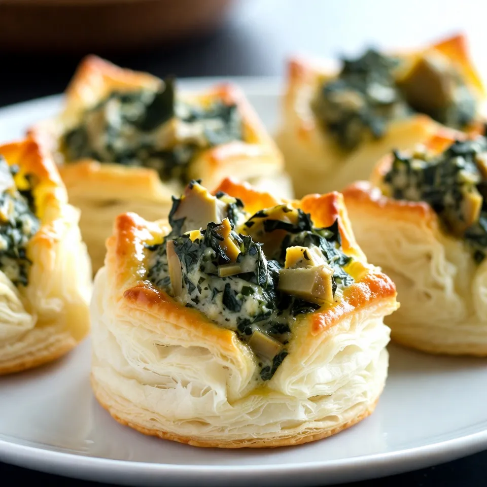 - 1 cup fresh spinach, chopped - 1 cup canned artichoke hearts, drained and chopped - 1/2 cup cream cheese, softened - 1/2 cup sour cream - 1/2 cup grated Parmesan cheese - 1/2 teaspoon garlic powder - 1/4 teaspoon crushed red pepper flakes (optional) - 1 package puff pastry sheets (2 sheets) - 1 egg, beaten (for egg wash) - Salt and pepper to taste For these Spinach Artichoke Dip Bites, you need fresh and creamy ingredients. Fresh spinach adds a vibrant taste and color. Canned artichoke hearts bring a mild yet rich flavor. Cream cheese and sour cream create a smooth base. Parmesan cheese adds depth and a salty kick. The garlic powder enhances the dip's savory note. If you like spice, add crushed red pepper flakes for a slight heat. Do not skip the puff pastry; it gives a flaky and buttery bite. The egg wash helps achieve that golden finish when baking. You can also adjust the salt and pepper to fit your taste. Feel free to play with the ingredients. Add herbs like parsley or chives for extra flavor. With these simple ingredients, you can craft a delightful treat that impresses every guest! {{ingredient_image_1}} 1. Preheating the oven Start by preheating your oven to 400°F (200°C). This step helps the bites cook evenly and become crispy. 2. Mixing the filling In a medium bowl, mix these ingredients: - 1 cup fresh spinach, chopped - 1 cup canned artichoke hearts, drained and chopped - 1/2 cup cream cheese, softened - 1/2 cup sour cream - 1/2 cup grated Parmesan cheese - 1/2 teaspoon garlic powder - 1/4 teaspoon crushed red pepper flakes (optional) Add salt and pepper to taste. Stir until everything is smooth and creamy. 3. Preparing the pastry Roll out the puff pastry sheets on a lightly floured surface. Cut them into squares about 3x3 inches. This size holds the filling well. 1. Portioning the filling Place about 1 tablespoon of the spinach-artichoke mixture in the center of each pastry square. This ensures a good bite of flavor. 2. Sealing the bites Fold the corners of the pastry squares over the filling. Pinch the edges to seal them tightly. This keeps the filling from leaking out. 3. Applying egg wash Brush the tops of the pastry bites with the beaten egg. This gives them a lovely golden color as they bake. 1. Baking time and temperature Arrange the filled pastry bites on a baking sheet lined with parchment paper. Bake in the preheated oven for about 15-20 minutes. 2. Checking for doneness Look for a golden brown and flaky texture. Once they’re ready, remove them from the oven and let them cool slightly before enjoying. To make the best filling, start with artichoke hearts. Look for canned hearts that are tender and flavorful. Try to choose ones packed in water or oil. Drain them well before chopping. This keeps your filling from being too wet. For seasoning, garlic powder adds depth. You can also add crushed red pepper flakes for a hint of heat. Taste your mix before you bake. Adjust salt and pepper to suit your liking. When working with puff pastry, keep it cold. If it warms up, it will be hard to handle. Roll it out on a floured surface to avoid sticking. Cut squares about 3x3 inches for perfect bite-size pieces. To ensure your pastry puffs up, space them out on the baking sheet. Brush the tops with beaten egg for a golden finish when baking. This gives your bites a lovely shine. For dipping sauces, ranch or marinara work great. They add a nice contrast to the creamy bites. You can also serve them with a tangy yogurt dip for a fresh twist. When it comes to presentation, arrange the bites on a colorful platter. Garnish with fresh herbs like parsley or basil. This makes your dish pop and look inviting. Pro Tips Use Fresh Ingredients: Fresh spinach and high-quality artichoke hearts can significantly enhance the flavor of your dip bites. Chill the Filling: For easier handling, chill the spinach-artichoke mixture for about 30 minutes before filling the pastry. Experiment with Cheese: Try mixing in different cheeses like mozzarella or feta for a unique twist on the classic flavor. Serve with Dipping Sauce: Pair these bites with a tangy dipping sauce like ranch or a spicy marinara for added flavor. {{image_2}} You can easily change the flavor of your Spinach Artichoke Dip Bites. Here are some simple ideas: - Adding More Spices or Herbs: Try adding a pinch of cayenne pepper for heat. Fresh herbs like basil or dill can brighten the dish. Experiment with your favorites! - Incorporating Different Cheeses: Swap the Parmesan for mozzarella or cheddar. Each cheese brings a new taste. Mixing cheeses can create a unique flavor profile. You can make these bites fit different diets with a few tweaks: - Gluten-Free Options: Use gluten-free puff pastry. Many stores carry it. Check labels to ensure it meets your needs. - Dairy-Free Alternatives: Substitute cream cheese and sour cream with dairy-free versions. There are many great brands available that taste similar. Adjust the size of your bites based on your occasion: - Making Larger Bites: For a heartier snack, roll the pastry into larger squares. Fill them with more spinach-artichoke mix, and adjust baking time to ensure they cook through. - Bite Size vs. Appetizer Platter Options: For parties, keep the bites small. Use 2-inch squares for easy snacking. Arrange them on a platter for a fun appetizer spread. To keep your spinach artichoke dip bites fresh, store them in the fridge. Place them in an airtight container. A glass or plastic container works well. Be sure to let them cool before sealing. This helps avoid sogginess. To reheat, use the oven for the best texture. Preheat it to 350°F (175°C). Place the bites on a baking sheet. Heat for about 10-15 minutes, or until warm. You can also freeze leftovers for longer storage. Just wrap them tightly in plastic wrap and then in foil. This keeps them fresh for about a month. When ready to eat, thaw in the fridge before reheating. You can serve these bites with many tasty dips. Here are some popular choices: - Marinara sauce for a sweet touch. - Ranch dressing for a creamy bite. - Hot sauce for those who like spice. - Sour cream or Greek yogurt for a tangy flavor. Adding a fresh vegetable platter can also enhance your snack spread. Carrots, celery, and bell peppers work well. Yes, you can prepare these bites ahead of time! Here are some great tips: - Prepare the filling and store it in the fridge overnight. - You can cut the pastry squares and keep them covered until ready. - Assemble the bites and freeze them for up to a month. Just bake them straight from the freezer. Look for these signs to know your bites are ready: - The pastry should turn golden brown. - The edges should be crispy and flaky. - When you tap on them, they should sound hollow. Let them cool slightly before serving for the best taste! In this post, we covered how to make delicious Spinach Artichoke Dip Bites. We discussed the key ingredients and shared detailed steps for preparation, assembly, and baking. I offered tips for perfecting your filling, working with puff pastry, and serving ideas. You can explore variations to suit your tastes and dietary needs. Remember to store leftovers correctly for later enjoyment. With these clear steps, you'll create tasty bites that impress. Dive in and enjoy making these treats!