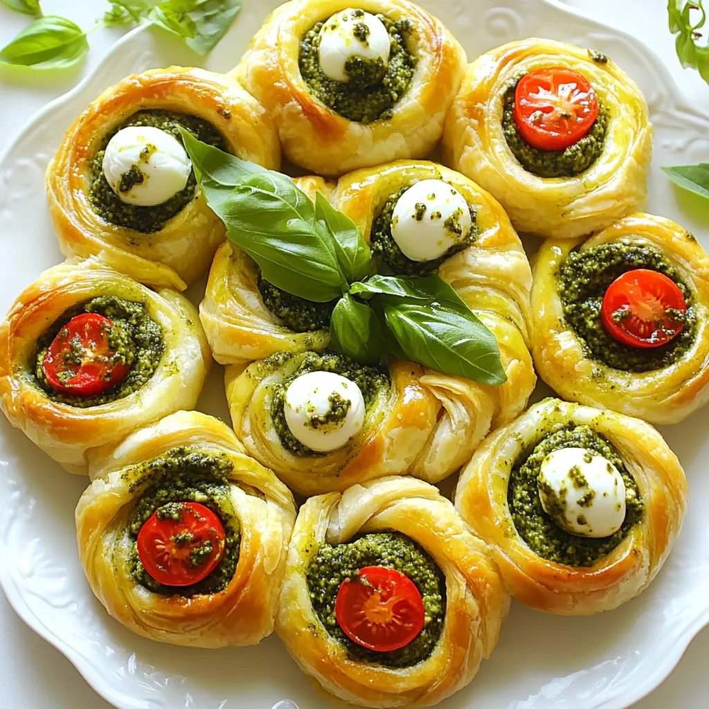 To make a Pesto Mozzarella Christmas Wreath, you need fresh, high-quality ingredients. Here’s what you will need: - Pesto ingredients: - 1 cup fresh basil leaves - ½ cup extra-virgin olive oil - 2 cloves garlic, minced - ⅓ cup pine nuts (toasted) - ½ cup grated Parmesan cheese - Salt and pepper to taste - Puff pastry and mozzarella ingredients: - 1 sheet of puff pastry (thawed) - 8 oz fresh mozzarella balls (bocconcini) - 1 egg (beaten, for egg wash) - Garnishes: - Cherry tomatoes (for garnish) - Fresh basil leaves (for garnish) These ingredients will bring rich flavors to your wreath. The fresh basil makes the pesto vibrant. The puff pastry creates a light and flaky crust. The mozzarella adds a creamy, delicious bite. Don't skip the garnishes! They add color and freshness to your dish. Enjoy gathering these ingredients, as they will make your Christmas wreath truly festive. {{ingredient_image_1}} To start, gather all your ingredients. Place 1 cup of fresh basil leaves, ½ cup of extra-virgin olive oil, and 2 minced garlic cloves into a food processor. Add ⅓ cup of toasted pine nuts and ½ cup of grated Parmesan cheese. Blend everything until it is smooth. For seasoning, taste your pesto. Add salt and pepper as needed. This mix should be bright and fresh. Set it aside while you prepare the pastry. Next, you need to prepare the puff pastry. First, take your sheet of puff pastry from the freezer and let it thaw. This usually takes about 30 minutes. Once thawed, lightly flour your surface. Roll out the pastry gently to smooth out creases. This helps the pastry bake evenly. If you see any deep folds, press them flat with your hands. Now it’s time to assemble the wreath. Use a pizza cutter or sharp knife to cut the puff pastry into long strips, about 1-2 inches wide. Take one strip of pastry, and spread a thin layer of pesto on it. Place a mozzarella ball at one end and roll it tightly to create a pinwheel. Repeat this with all the strips. Arrange your pinwheels in a circle on a parchment-lined baking sheet. Overlap them slightly to form a full wreath shape. Before baking, shape the wreath carefully. Make sure it looks nice and round. Brush the top of the wreath with the beaten egg. This gives it a golden color while baking. Preheat your oven to 400°F (200°C). Place the wreath in the oven and bake for 20-25 minutes. Look for a golden brown color and puffed-up appearance. Once baked, let it cool slightly. Garnish with halved cherry tomatoes and fresh basil leaves. This adds a festive touch. Serve the extra pesto on the side for dipping. Enjoy your delicious creation! To make the best pesto, try using different herbs. You can mix basil with parsley or spinach. For nuts, walnuts or almonds work well too. These changes give your pesto a fresh taste. If you have leftover pesto, store it in a jar. Pour a thin layer of olive oil on top to keep it fresh. Seal it and place it in the fridge. It will last up to one week. You can also freeze it in ice cube trays. Once frozen, transfer the cubes to a bag for easy use later. Prevent puff pastry from sticking by using flour. Lightly dust your surface and rolling pin. This helps you roll out the dough without it tearing. To ensure even baking, check your oven temperature. Use an oven thermometer if needed. Place the wreath in the center of the oven. This allows hot air to circulate evenly around it. Pair your wreath with fresh dips like marinara or ranch. Cheese and crackers also make great sides. These add extra flavors to your meal. For a festive table, use a large platter. Arrange the wreath in the center and surround it with cherry tomatoes and basil leaves. This makes a beautiful presentation for your holiday feast. Pro Tips Use Fresh Ingredients: Fresh basil and high-quality olive oil make a significant difference in your pesto's flavor. Opt for the best you can find. Perfect Puff Pastry: Ensure your puff pastry is chilled before baking for maximum puffiness. If it becomes too warm, pop it back in the fridge for a few minutes. Customize Your Fillings: Feel free to add other ingredients like sun-dried tomatoes or olives to the pinwheels for an extra flavor boost. Serve Warm: This wreath is best enjoyed warm. Reheat gently in the oven if needed before serving to maintain its flaky texture. {{image_2}} You can change the cheese or pesto if needed. Instead of mozzarella, try goat cheese or feta. They add a nice tang. For pesto, use sun-dried tomatoes or spinach for a different taste. You can also mix herbs like parsley or cilantro into your pesto. For garnishing, consider using olives or roasted red peppers. They add color and flavor. Want to spice things up? Add red pepper flakes to your pesto for heat. Herbs like thyme or oregano can add depth too. If you like a sharper taste, try using aged cheddar or smoked gouda. These cheeses can give your wreath a unique twist. To make this dish vegetarian, you’re already set. If you need it gluten-free, use gluten-free puff pastry. For vegan options, swap mozzarella with cashew cheese. You can make vegan pesto with nuts and nutritional yeast instead of cheese. These changes keep the dish tasty while meeting dietary needs. To keep your Pesto Mozzarella Christmas Wreath fresh, store it properly. First, let the wreath cool completely. Then, wrap it tightly in plastic wrap or foil. Place it in an airtight container. This will help keep moisture in and air out. Store it in the fridge for up to 3 days. If you want to save it for longer, freezing works well. Cut the wreath into slices. Wrap each slice in plastic wrap. Then, place them in a freezer-safe bag. Be sure to label the bag with the date. You can freeze it for up to 2 months. When you're ready to enjoy your leftover wreath, reheating is key. The best method is to use the oven. Preheat your oven to 350°F (175°C). Place the wreath on a baking sheet. Cover it with aluminum foil to keep it moist. Bake for about 15-20 minutes. This method helps keep the texture nice and the flavors bright. Avoid using the microwave, as it may make the pastry soggy. If you want a crispy outside, remove the foil during the last 5 minutes of baking. Enjoy your festive treat! The Pesto Mozzarella Christmas Wreath stays fresh for about 3 days in the refrigerator. Store it in an airtight container to keep it from drying out. If you notice the mozzarella balls getting too soft, it may be time to eat it. Yes, you can prepare the wreath in advance. Make the pesto and assemble the wreath up to a day before. Cover it well and keep it in the fridge. Bake it just before serving for the best taste. This wreath pairs well with a variety of sides. Here are some ideas: - A fresh green salad - Sliced baguette or crackers - Dips like balsamic glaze or extra pesto - A glass of white wine or sparkling water In this post, we explored how to make a delicious Pesto Mozzarella Christmas Wreath. We covered the key ingredients, from fresh basil to puff pastry. You now have step-by-step instructions to blend the pesto and prepare the pastry. I shared tips for perfecting both, along with storage advice. This wreath is not just tasty; it can impress guests too. Experiment with variations and enjoy your creation this holiday season!