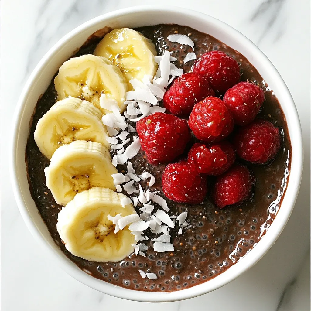 - 1/2 cup chia seeds - 2 1/2 cups almond milk (or any plant-based milk) - 1/4 cup maple syrup (or agave syrup) - 1/4 cup unsweetened cocoa powder - 1 teaspoon vanilla extract - A pinch of sea salt - Optional toppings: fresh berries, sliced bananas, nuts, or coconut flakes To make vegan chocolate chia pudding, you need a few simple ingredients. First, chia seeds are the star of the show. They give the pudding a thick and creamy texture. Next, choose your plant-based milk. Almond milk works well, but you can use soy or oat milk too. Sweeteners add the perfect touch of sweetness. Maple syrup is my favorite, but agave syrup is great too. The cocoa powder brings the rich chocolate flavor to the pudding. Vanilla extract adds a nice aroma, making it taste even better. Don’t forget a pinch of sea salt. It enhances all the flavors in the dish. Finally, toppings are key to making your pudding special. Fresh berries, sliced bananas, chopped nuts, or coconut flakes add color and crunch. They make each bite exciting and fun! {{ingredient_image_1}} 1. Mixing the base ingredients Start by taking a large mixing bowl. Pour in 2 1/2 cups of almond milk. Add 1/4 cup of maple syrup for sweetness. Next, mix in 1/4 cup of unsweetened cocoa powder. This gives the pudding its rich chocolate flavor. Then, add 1 teaspoon of vanilla extract and a pinch of sea salt. Whisk everything until well combined. You want a smooth, even mixture with no lumps. 2. Incorporating chia seeds Now, it’s time to add the chia seeds. Slowly add 1/2 cup of chia seeds to your mixture. As you add them, keep whisking. This prevents the seeds from clumping together. Chia seeds will soak up the liquid. They will also expand and create that desired pudding texture. 3. Refrigeration process After mixing, cover the bowl with plastic wrap or a lid. Place it in the refrigerator for at least 4 hours. If you have time, let it sit overnight. This long refrigeration allows the chia seeds to absorb the liquid fully. It’s crucial for achieving the right pudding thickness. 4. Final mixing and serving suggestions Once your pudding has set, take it out of the fridge. Stir the pudding well to ensure even consistency. This step is important to break up any gel-like clumps. Serve the pudding in small cups or bowls. You can top it with fresh berries, sliced bananas, nuts, or coconut flakes. These toppings add flavor and texture, making each bite a treat. - Ensuring smooth consistency: Start by mixing the almond milk, cocoa powder, and maple syrup first. Whisk it well until it is smooth. This step helps avoid lumps when you add the chia seeds. - Adjusting sweetness to taste: Taste your mixture before adding chia seeds. If you want it sweeter, add more maple syrup or agave syrup. Remember, you can always adjust later too! - Timing for best texture: Chill the pudding for at least four hours. If you can wait overnight, do it! This time allows the chia seeds to absorb the liquid and swell, giving you that lovely pudding texture. - Preventing clumping of chia seeds: When you add the chia seeds, whisk continuously. This action helps keep the seeds from clumping together. Clumps can make your pudding uneven and less enjoyable. - Not refrigerating long enough: If you skip the chilling time, you may not get the right texture. The chia seeds need time to soak up the liquid and become soft. Aim for at least four hours to ensure it sets properly. Pro Tips Chia Seed Soaking Time: For the best texture, allow the chia pudding to set overnight. This will result in a thicker, creamier pudding. Milk Alternatives: Feel free to experiment with different plant-based milks such as coconut or oat milk for varied flavors and creaminess. Sweetness Adjustment: Taste the mixture before refrigerating and adjust sweetness by adding more maple syrup or sweetener as desired. Creative Toppings: Get creative with toppings! Consider adding a drizzle of nut butter or a sprinkle of cinnamon for extra flavor. {{image_2}} You can easily change the taste of your vegan chocolate chia pudding. Here are a few ideas: - Adding nut butter: Stir in a spoonful of almond or peanut butter. This adds creaminess and a rich flavor. - Using different sweeteners: If you want less sugar, try using agave syrup or date syrup. Each sweetener gives a unique taste. - Infusing with spices: Sprinkle in some cinnamon or a dash of cayenne pepper. These spices add warmth and depth to your pudding. You can adjust the pudding to fit various diets: - Gluten-free options: This recipe is naturally gluten-free. Just ensure your ingredients are certified gluten-free. - Nut-free alternatives: If you have nut allergies, use oat milk or coconut milk instead of almond milk. It works well and keeps the pudding tasty. To keep your vegan chocolate chia pudding fresh, store it in the fridge. Use a sealed container to prevent smells from other foods. This will keep your pudding tasty for about 5 days. If you want to save some for later, you can freeze it! Pour the pudding into ice cube trays or any freezer-safe container. Just make sure to leave some space for it to expand. You can keep it frozen for up to 3 months. When you're ready to eat, thaw it in the fridge overnight. Your vegan chocolate chia pudding stays fresh for about 5 days in the fridge. After that, it might start to lose its taste and texture. Look for signs of spoilage. If you see any mold or an off smell, it's time to toss it. The pudding may also become watery or grainy as it ages, which means it's better not to eat it. How long does it take for chia pudding to set? Chia pudding needs at least 4 hours to set. I recommend letting it chill overnight. This helps the chia seeds absorb the liquid fully. You will get a nice, thick pudding texture this way. Can I use other types of milk? Yes, you can use any plant-based milk. Almond milk works well, but soy or oat milk can be great too. They will add their unique flavors. Just make sure it is unsweetened if you want to control the sweetness. Is chia pudding a healthy dessert option? Absolutely! Chia seeds are rich in fiber, protein, and healthy fats. They can help you feel full and satisfied. Plus, they are low in sugar, especially with maple syrup. This dessert fits well into many healthy diets. How do I adjust the recipe for more servings? To make more servings, simply double or triple the recipe. Use the same ratios of ingredients. For example, use 1 cup of chia seeds for twice the recipe. Just ensure you have a big enough bowl for mixing! In this blog post, we explored how to make vegan chocolate chia pudding step by step. We covered the ingredients needed, tips for success, variations to try, and storage tips. Remember, a little care in mixing and timing makes a big difference. Enjoy experimenting with flavors and toppings. This easy recipe offers a fun way to create a healthy dessert. With practice, you'll make the perfect pudding every time. Now, go and enjoy your tasty creation!