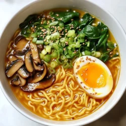To make spicy garlic ramen noodles, you need fresh and simple ingredients. Here is what you will need: - 2 packs of instant ramen noodles - 4 cups vegetable broth - 4 cloves garlic, minced - 2 tablespoons sesame oil - 1 tablespoon chili paste - 1 tablespoon soy sauce - 1 teaspoon grated ginger - 1 cup sliced shiitake mushrooms - 1 cup baby spinach - 2 green onions, chopped - 1 tablespoon sesame seeds for garnish - Optional: soft-boiled eggs for topping Using these ingredients, you will create a bold and flavorful dish. The garlic brings a strong taste, while the chili paste adds heat. The mushrooms and spinach give the ramen a lovely texture and nutrition. Plus, you can add a soft-boiled egg for richness. This dish not only warms you up but also satisfies your cravings. {{ingredient_image_1}} - Peel 4 cloves of garlic and chop them finely. - Grate 1 teaspoon of fresh ginger. - Slice 1 cup of shiitake mushrooms. - Chop 2 green onions into small pieces. - Heat 2 tablespoons of sesame oil in a large pot over medium heat. - Add the minced garlic and saut&eacute; it for about 1 minute. - Stir in 1 tablespoon of chili paste and the grated ginger. Cook for another 30 seconds. - Pour in 4 cups of vegetable broth and bring it to a boil. - Cook 2 packs of instant ramen noodles in a separate pot. - Follow the package instructions, then drain the noodles well. - Add the drained noodles to the broth mixture, tossing to combine. - Divide the spicy garlic ramen noodles into bowls. - Top each bowl with chopped green onions and a sprinkle of sesame seeds. - For a richer dish, add a soft-boiled egg on top if you like. To make this dish truly yours, adjust the spice level with chili paste. Start with one tablespoon. You can add more if you like it hot. Taste as you go. It helps you control the heat. For garnishes, I love using chopped green onions and sesame seeds. They add a nice crunch and look great. You can also add a soft-boiled egg for richness. It makes the dish feel special. Saut&eacute;ing garlic properly adds a rich flavor. Heat the sesame oil first. Then, add minced garlic. Cook it for about one minute. Watch it closely; you don&rsquo;t want it to burn. Burnt garlic tastes bitter. Soft-boiled eggs are a great topping. To make them, boil water and add the eggs gently. Cook for 6-7 minutes. Afterward, place them in cold water for a few minutes. This helps peel them easily. The yolk should be creamy and perfect for your ramen! Pro Tips Adjust the Spice Level: Feel free to modify the amount of chili paste based on your preference for heat. Start with less if you're unsure, and add more gradually. Fresh Ingredients Matter: Use fresh shiitake mushrooms and baby spinach for a vibrant flavor and texture. They significantly enhance the overall quality of the dish. Perfectly Soft-Boiled Eggs: For a creamy soft-boiled egg, cook it for 6-7 minutes in boiling water, then transfer it to an ice bath immediately to stop the cooking process. Customize Your Toppings: Experiment with various toppings such as nori strips, bean sprouts, or even saut&eacute;ed bok choy to elevate your ramen experience. {{image_2}} You can make spicy garlic ramen even better by adding protein. Here are some ideas: - Tofu: Use firm tofu for a nice texture. Cut it into cubes and saut&eacute; it until golden brown. This adds a nutty flavor. - Chicken: Shred cooked chicken and stir it into the broth. It gives a hearty feel to the dish. - Shrimp: Add raw shrimp just before serving. Cook them until they turn pink, and they will add a sweet taste. These proteins make the dish more filling and flavorful. For a healthier twist, add more vegetables. Here are some great choices: - Broccoli: Cut into small florets and steam them lightly before adding to the broth. - Carrots: Thinly slice them for a crunchy bite. They also bring natural sweetness. - Bell Peppers: Slice them into strips. They add color and a sweet crunch. These veggies boost nutrition and make your ramen vibrant. You can change the broth to suit your taste. Here are some ideas: - Mushroom Broth: This adds a deep, earthy flavor. It pairs well with the garlic and chili. - Chicken Broth: If you're not vegetarian, chicken broth gives a rich taste. - Miso Broth: Adding miso paste makes the broth creamy and adds umami. Experimenting with broths can create a new flavor profile each time. To keep your spicy garlic ramen fresh, store it in an airtight container. This prevents air from making it soggy. Place the noodles and broth in separate containers. This helps keep the noodles firm. You can keep it in the fridge for up to three days. For toppings like green onions and soft-boiled eggs, store them in small containers. Add them just before serving to keep them fresh. When it&rsquo;s time to eat, reheat your ramen on the stove for the best taste. Pour the broth into a pot and heat it gently. Add the noodles to the hot broth. Stir them in until they warm up. This helps keep the noodles from getting mushy. Avoid the microwave, as it can overcook the noodles. If you must use a microwave, reheat in short bursts. Check often to keep quality high. Enjoy your meal! Yes, you can! Many noodle types work well for this dish. Here are some great options: - Udon noodles for a thicker texture - Soba noodles for a nutty flavor - Rice noodles for a gluten-free choice - Fresh ramen noodles if you want more chew The spice level can be mild to very spicy. The chili paste controls the heat. Start with one tablespoon if you like it mild. Add more if you want a kick. You can also try adding crushed red pepper flakes for extra heat. Adjust to fit your taste. Making this dish vegan is easy! Just follow these tips: - Use vegetable broth instead of chicken broth. - Check that your chili paste is vegan-friendly. - Skip the soft-boiled eggs or use a vegan egg substitute. - Ensure the soy sauce is made without fish products. These small changes make it plant-based and delicious! This blog post covered a delicious ramen recipe and its many variations. You learned about key ingredients and how to prepare them. I shared tips to enhance flavor and cooking techniques for perfect noodles. We explored storage methods to keep your leftovers fresh and even answered common questions. Ramen is flexible and fun to make. You can adjust it to your taste. Enjoy experimenting with different ingredients and flavors. Keep this recipe handy for a quick and tasty meal. Happy cooking!