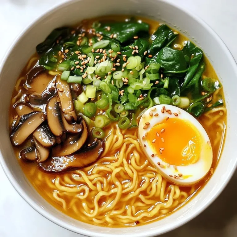 To make spicy garlic ramen noodles, you need fresh and simple ingredients. Here is what you will need: - 2 packs of instant ramen noodles - 4 cups vegetable broth - 4 cloves garlic, minced - 2 tablespoons sesame oil - 1 tablespoon chili paste - 1 tablespoon soy sauce - 1 teaspoon grated ginger - 1 cup sliced shiitake mushrooms - 1 cup baby spinach - 2 green onions, chopped - 1 tablespoon sesame seeds for garnish - Optional: soft-boiled eggs for topping Using these ingredients, you will create a bold and flavorful dish. The garlic brings a strong taste, while the chili paste adds heat. The mushrooms and spinach give the ramen a lovely texture and nutrition. Plus, you can add a soft-boiled egg for richness. This dish not only warms you up but also satisfies your cravings. {{ingredient_image_1}} - Peel 4 cloves of garlic and chop them finely. - Grate 1 teaspoon of fresh ginger. - Slice 1 cup of shiitake mushrooms. - Chop 2 green onions into small pieces. - Heat 2 tablespoons of sesame oil in a large pot over medium heat. - Add the minced garlic and sauté it for about 1 minute. - Stir in 1 tablespoon of chili paste and the grated ginger. Cook for another 30 seconds. - Pour in 4 cups of vegetable broth and bring it to a boil. - Cook 2 packs of instant ramen noodles in a separate pot. - Follow the package instructions, then drain the noodles well. - Add the drained noodles to the broth mixture, tossing to combine. - Divide the spicy garlic ramen noodles into bowls. - Top each bowl with chopped green onions and a sprinkle of sesame seeds. - For a richer dish, add a soft-boiled egg on top if you like. To make this dish truly yours, adjust the spice level with chili paste. Start with one tablespoon. You can add more if you like it hot. Taste as you go. It helps you control the heat. For garnishes, I love using chopped green onions and sesame seeds. They add a nice crunch and look great. You can also add a soft-boiled egg for richness. It makes the dish feel special. Sautéing garlic properly adds a rich flavor. Heat the sesame oil first. Then, add minced garlic. Cook it for about one minute. Watch it closely; you don’t want it to burn. Burnt garlic tastes bitter. Soft-boiled eggs are a great topping. To make them, boil water and add the eggs gently. Cook for 6-7 minutes. Afterward, place them in cold water for a few minutes. This helps peel them easily. The yolk should be creamy and perfect for your ramen! Pro Tips Adjust the Spice Level: Feel free to modify the amount of chili paste based on your preference for heat. Start with less if you're unsure, and add more gradually. Fresh Ingredients Matter: Use fresh shiitake mushrooms and baby spinach for a vibrant flavor and texture. They significantly enhance the overall quality of the dish. Perfectly Soft-Boiled Eggs: For a creamy soft-boiled egg, cook it for 6-7 minutes in boiling water, then transfer it to an ice bath immediately to stop the cooking process. Customize Your Toppings: Experiment with various toppings such as nori strips, bean sprouts, or even sautéed bok choy to elevate your ramen experience. {{image_2}} You can make spicy garlic ramen even better by adding protein. Here are some ideas: - Tofu: Use firm tofu for a nice texture. Cut it into cubes and sauté it until golden brown. This adds a nutty flavor. - Chicken: Shred cooked chicken and stir it into the broth. It gives a hearty feel to the dish. - Shrimp: Add raw shrimp just before serving. Cook them until they turn pink, and they will add a sweet taste. These proteins make the dish more filling and flavorful. For a healthier twist, add more vegetables. Here are some great choices: - Broccoli: Cut into small florets and steam them lightly before adding to the broth. - Carrots: Thinly slice them for a crunchy bite. They also bring natural sweetness. - Bell Peppers: Slice them into strips. They add color and a sweet crunch. These veggies boost nutrition and make your ramen vibrant. You can change the broth to suit your taste. Here are some ideas: - Mushroom Broth: This adds a deep, earthy flavor. It pairs well with the garlic and chili. - Chicken Broth: If you're not vegetarian, chicken broth gives a rich taste. - Miso Broth: Adding miso paste makes the broth creamy and adds umami. Experimenting with broths can create a new flavor profile each time. To keep your spicy garlic ramen fresh, store it in an airtight container. This prevents air from making it soggy. Place the noodles and broth in separate containers. This helps keep the noodles firm. You can keep it in the fridge for up to three days. For toppings like green onions and soft-boiled eggs, store them in small containers. Add them just before serving to keep them fresh. When it’s time to eat, reheat your ramen on the stove for the best taste. Pour the broth into a pot and heat it gently. Add the noodles to the hot broth. Stir them in until they warm up. This helps keep the noodles from getting mushy. Avoid the microwave, as it can overcook the noodles. If you must use a microwave, reheat in short bursts. Check often to keep quality high. Enjoy your meal! Yes, you can! Many noodle types work well for this dish. Here are some great options: - Udon noodles for a thicker texture - Soba noodles for a nutty flavor - Rice noodles for a gluten-free choice - Fresh ramen noodles if you want more chew The spice level can be mild to very spicy. The chili paste controls the heat. Start with one tablespoon if you like it mild. Add more if you want a kick. You can also try adding crushed red pepper flakes for extra heat. Adjust to fit your taste. Making this dish vegan is easy! Just follow these tips: - Use vegetable broth instead of chicken broth. - Check that your chili paste is vegan-friendly. - Skip the soft-boiled eggs or use a vegan egg substitute. - Ensure the soy sauce is made without fish products. These small changes make it plant-based and delicious! This blog post covered a delicious ramen recipe and its many variations. You learned about key ingredients and how to prepare them. I shared tips to enhance flavor and cooking techniques for perfect noodles. We explored storage methods to keep your leftovers fresh and even answered common questions. Ramen is flexible and fun to make. You can adjust it to your taste. Enjoy experimenting with different ingredients and flavors. Keep this recipe handy for a quick and tasty meal. Happy cooking!