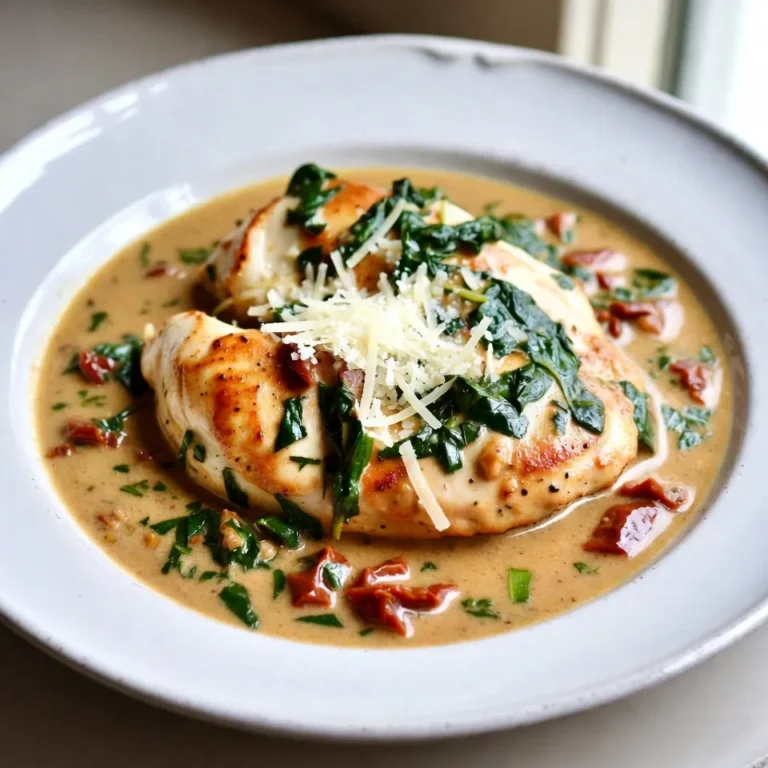 To make Creamy Sun-Dried Tomato Chicken, you need: - 4 boneless, skinless chicken breasts - 1 cup sun-dried tomatoes (packed in oil, drained and chopped) - 1 cup heavy cream - 1 cup chicken broth - 1 teaspoon garlic powder - 1 teaspoon onion powder - 1 teaspoon Italian seasoning - Salt and pepper to taste - 2 tablespoons olive oil - 1 cup fresh spinach (optional) - Grated Parmesan cheese for garnish (optional) You can add some extra flavor with these optional items: - Fresh spinach for a nice touch of green - Grated Parmesan cheese to sprinkle on top If you don't have some ingredients, here are easy swaps: - Use low-fat cream instead of heavy cream for a lighter dish. - Swap chicken broth for vegetable broth if you want a vegetarian option. - If you don't have sun-dried tomatoes, try using fresh tomatoes. - Replace olive oil with butter for a richer flavor. {{ingredient_image_1}} First, season the chicken breasts. Use salt, pepper, garlic powder, onion powder, and Italian seasoning. Rub this mix on both sides of the chicken. Heat two tablespoons of olive oil in a large skillet on medium heat. Once the oil is hot, add the chicken. Cook for 6-7 minutes on each side. The chicken should be golden brown and cooked through. Remove the chicken from the skillet and set it aside. Next, add the chopped sun-dried tomatoes to the same skillet. Sauté them for about two minutes until they soften. Then, pour in one cup of chicken broth. Don’t forget to scrape the browned bits from the bottom of the skillet. This adds a lot of flavor! Let the broth simmer for 2-3 minutes. Now, stir in one cup of heavy cream. Allow this to simmer for another two minutes. The sauce will start to thicken. If you want to add some greens, toss in one cup of fresh spinach now. Let it wilt in the sauce. After this, return the cooked chicken to the skillet. Spoon the creamy sauce over the chicken. Let it simmer for another 2-3 minutes to infuse the flavors. To ensure the chicken cooks evenly, use a meat thermometer. The internal temperature should reach 165°F. If you want a richer flavor, let the sauce simmer a bit longer. Just keep an eye on it to avoid burning. For extra creaminess, you can add more heavy cream or a little butter. Once everything is cooked, taste the sauce. Adjust the salt and pepper if needed. To serve, place the chicken on a plate and drizzle the sauce over it. If you like, sprinkle some grated Parmesan cheese on top. This adds a nice touch! Enjoy your flavorful meal with a side of pasta or a salad for a complete dinner. When cooking creamy sun-dried tomato chicken, avoid overcooking the chicken. It should be juicy and tender. Also, don’t rush the sauce. Let it simmer enough to thicken and blend flavors. Using too much salt can overpower the dish. Taste as you go and adjust to find the right balance. To boost flavor, use fresh herbs. Basil or parsley adds a nice touch. You can also add a splash of lemon juice for brightness. If you like spice, sprinkle in some red pepper flakes. This will give the dish a warm kick. Don't forget to let the sauce simmer longer for deeper taste. A large skillet is key for this recipe. It allows for even cooking of the chicken. A good pair of tongs helps flip the chicken without tearing it. Use a wooden spoon to scrape up those tasty bits from the pan. A measuring cup for the cream and broth will keep your portions right. Finally, a sharp knife makes chopping easy and safe. Pro Tips Choose Quality Sun-Dried Tomatoes: Opt for sun-dried tomatoes packed in oil for a richer flavor. If using dried tomatoes, rehydrate them in warm water or broth before adding to the dish. Perfectly Cooked Chicken: To ensure even cooking, let the chicken breasts sit at room temperature for about 15 minutes before seasoning and cooking. This helps them cook more evenly. Thicken Your Sauce: If you prefer a thicker sauce, let it simmer a little longer after adding the cream. You can also add a cornstarch slurry for an extra boost in thickness. Serve with Sides: This creamy chicken pairs wonderfully with pasta, rice, or a fresh salad. Consider adding a side of garlic bread to soak up the delicious sauce! {{image_2}} You can easily add vegetables to this dish. Fresh spinach is a great choice. It adds color and nutrition. You can also use mushrooms for a rich flavor. Just sauté them with the sun-dried tomatoes. Bell peppers and zucchini work well, too. They add crunch and make the dish more colorful. Aim for about one cup of veggies for balance. Chicken is delicious, but you can switch it up. Try using turkey breasts for a leaner option. If you prefer seafood, shrimp cooks fast and pairs well. Just adjust the cooking time to avoid overcooking. Tofu is a great choice for a vegetarian meal. It absorbs the sauce well, giving you a creamy, tasty dish. You can change the flavor to match your taste. For a kick, add red pepper flakes. It adds heat and makes the dish exciting. If you love herbs, fresh basil or parsley brightens the flavors. A squeeze of lemon juice gives a fresh twist. Try different cheeses, too. Feta or goat cheese offer unique flavors to explore. To keep your creamy sun-dried tomato chicken fresh, let it cool first. Place it in an airtight container. Store it in the fridge for up to three days. Make sure to separate any sauce from the chicken, if possible. This helps keep the chicken from getting soggy. When you are ready to enjoy leftovers, reheat them gently. You can use a microwave or a skillet. If using a microwave, heat in short bursts. Stir in between to heat evenly. For a skillet, add a splash of chicken broth to keep it moist. Heat on low until warm. You can freeze the creamy sun-dried tomato chicken for later. Place cooled chicken in a freezer-safe container. Add the sauce on top. Seal it well to avoid freezer burn. It can last up to three months in the freezer. When ready to eat, thaw overnight in the fridge before reheating. Yes, you can make Creamy Sun-Dried Tomato Chicken ahead of time. Cook the chicken and sauce as directed. Let it cool, then store it in an airtight container. It will keep well in the fridge for about three days. When ready to eat, just reheat it on the stove. This dish pairs well with various sides. Here are some great options: - Steamed rice - Mashed potatoes - Pasta - Fresh salad - Garlic bread These sides will soak up the creamy sauce and add more flavor. Yes, this recipe is gluten-free as it uses no flour or bread. Just ensure your chicken broth is gluten-free. Most brands are, but it’s good to check the label. Enjoy this dish without any worries! We explored the key ingredients needed for Creamy Sun-Dried Tomato Chicken and how to enhance your dish. I shared step-by-step cooking tips to ensure success and avoid common mistakes. You can adjust flavors and swap ingredients based on what you have. Remember to store leftovers properly for later enjoyment. Lastly, I answered common questions about the recipe. With these insights, you can cook a tasty meal that impresses everyone at your table. Enjoy your cooking journey!