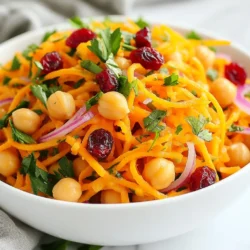 - 2 large carrots, grated - 1 can (15 oz.) chickpeas, drained and rinsed - 1/4 cup red onion, finely chopped - 1/4 cup fresh parsley, chopped - 1/4 cup dried cranberries or raisins - 1/4 teaspoon ground cumin - 1/4 teaspoon ground cinnamon - 1/2 teaspoon smoked paprika - 2 tablespoons olive oil - 1 tablespoon lemon juice - Salt and pepper to taste The ingredients for Moroccan Carrot Chickpea Salad bring bright colors and flavors. The carrots provide crunch, while chickpeas add protein. The red onion gives a nice bite, and fresh parsley brightens the dish. Dried cranberries or raisins add a sweet touch that balances the spices. For spices, ground cumin gives warmth, and ground cinnamon adds a hint of sweetness. Smoked paprika gives a lovely depth. Use high-quality olive oil for richness and fresh lemon juice for tang. Don’t forget to season with salt and pepper for balance. You can easily adjust these ingredients to your taste. Want more sweetness? Add extra cranberries. Prefer it spicy? Toss in some chili flakes. Enjoy making this salad your own! {{ingredient_image_1}} - In a large bowl, combine the grated carrots, chickpeas, and chopped red onion. - Add the fresh parsley and dried cranberries or raisins. This adds sweetness. - In a small bowl, whisk together the cumin, cinnamon, smoked paprika, olive oil, lemon juice, salt, and pepper. Mix it well. - Pour the dressing over the salad mix. Toss gently to coat all the ingredients. - Taste the salad and add more salt, pepper, or lemon juice if needed. - Let the salad sit for at least 15 minutes. This helps the flavors blend. You can serve it chilled or at room temperature. - To ensure even coating, toss the salad gently but thoroughly. This helps every bite burst with flavor. - If you want to adjust the flavor, try adding more spices. You can also add a splash of vinegar for a tangy kick. - The best serving temperature is chilled or at room temperature. - For presentation, serve the salad in a colorful bowl. You can garnish it with extra herbs or a sprinkle of sesame seeds. This adds a nice touch and extra texture. To make this salad pop, use spices wisely. Ground cumin adds warmth, while ground cinnamon gives a sweet touch. Smoked paprika brings out a smoky flavor. You can also adjust the sweetness with cranberries or raisins. If you want more sweetness, add a few more dried fruits. Taste as you go, and find your perfect balance. Grating carrots gives a fine texture, making them easy to eat. Chopping them leads to a crunchier bite. Both ways work, so choose what you prefer. Letting the salad sit for at least 15 minutes is key. This time helps flavors mix well. It makes every bite taste better. This salad goes great with grilled chicken or fish. It also works well with wraps or pita bread. For drinks, try a crisp white wine like Sauvignon Blanc. If you want a non-alcoholic option, serve it with sparkling water and lemon. Both choices enhance the meal's freshness. Pro Tips Fresh Ingredients: Use freshly grated carrots for a crisp texture and vibrant color in your salad. Chill Time: Allow the salad to sit for at least 15 minutes before serving; this enhances the flavor as the ingredients meld together. Customize Your Sweetness: Feel free to substitute dried cranberries with raisins or even chopped dates for a different sweetness profile. Add More Spice: Adjust the spices according to your taste; a pinch of cayenne pepper can add an exciting kick to the dish. {{image_2}} You can change the legumes in this salad. Use black beans or lentils instead of chickpeas. Both work well and bring their own taste. If you want a sweeter touch, try using dried apricots or dates instead of cranberries or raisins. These fruits add a unique flavor and texture. This salad is vegan and gluten-free already. It fits many diets. If you need a nut-free option, just skip any nuts you might add. You can enjoy this dish without worrying about allergies. It remains tasty and nutritious. Moroccan spices are diverse and flavorful. Try adding ground coriander or turmeric for a different taste. Each spice enhances the dish uniquely. You can also mix in seasonal vegetables like bell peppers or cucumbers. These additions keep the dish fresh and vibrant throughout the year. Store leftover salad in an airtight container. A glass or plastic container works well. This keeps the salad fresh and tasty. The salad stays good for about three days in the fridge. Make sure to check for any signs of spoilage before you eat. You can freeze this salad, but it may change texture. To freeze, use a freezer-safe container. Leave some space at the top for expansion. Label the container with the date. The salad is best if used within one month. To enjoy your leftovers, try serving them cold or at room temperature. If you prefer warmth, heat gently in a pan. Avoid using the microwave, as it can make the salad mushy. Add fresh herbs or a squeeze of lemon for extra flavor after storage. You can store this salad in the fridge for up to five days. To keep it fresh, use an airtight container. This helps to keep the flavors bright and the texture nice. If you notice any liquid forming, just stir it before serving. Yes, you can prepare this salad a day ahead. Making it in advance allows the flavors to blend well. Just store it in the fridge, covered. When you’re ready to serve, give it a quick toss. Add a little more lemon juice if needed to refresh the taste. Absolutely! This salad is great for meal prep. It holds up well in containers for lunches or snacks. You can pair it with grains or proteins for a complete meal. Just remember to leave out the dressing if you plan to store it for a few days. Add the dressing right before eating for the best flavor. This blog post covered how to make a tasty Moroccan Carrot Chickpea Salad. We explored key ingredients, including carrots, chickpeas, and fresh herbs. You learned easy steps, tips for mixing, and serving ideas to make it shine. Variations for dietary needs and storage tips ensure you can enjoy it fresh for days. Overall, this salad is not just healthy, but also fun to make. Explore your creativity with flavors and textures, and share your delicious results! Enjoy this vibrant dish and make it your own.