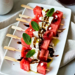 To make Watermelon Feta Skewers, you need fresh and simple ingredients. Here&rsquo;s what you will use: - 4 cups watermelon, cubed - 1 cup feta cheese, crumbled - 1/2 cup fresh mint leaves - 1 tablespoon balsamic glaze - 1 tablespoon olive oil - Salt and pepper to taste - Skewers (wooden or metal) These ingredients combine to create a dish that is light and bright. The watermelon gives a sweet taste, while the feta adds a creamy saltiness. Fresh mint leaves bring in a refreshing note. The balsamic glaze provides a touch of tang. Olive oil ties all the flavors together. Make sure to choose ripe watermelon for a juicy bite. Crumbled feta should be creamy and fresh. Fresh mint leaves should be bright green and fragrant. This mix creates a fun flavor party on a stick. Perfect for summer gatherings, these skewers are quick to prepare and easy to share. {{ingredient_image_1}} Preparing the Watermelon and Feta Start by cutting the watermelon. Cube it into bite-sized pieces. This helps with easy eating. Next, if your feta is not crumbled, crumble it now. You want small, soft bits. These blend well with the watermelon. Soaking Wooden Skewers If you choose wooden skewers, soak them in water for about 30 minutes. This keeps them from burning. Wet skewers also help food slide on and off easily. Assembling the Skewers Now it&rsquo;s time to assemble! Grab a skewer and thread a piece of watermelon first. Then add a fresh mint leaf. Finally, add a piece of feta cheese. Repeat this process. Alternate between watermelon, mint, and feta. Aim for about three to four sets per skewer. This creates nice layers of flavor. Make the Dressing In a small bowl, mix the balsamic glaze and olive oil. Whisk them together until smooth. Add a pinch of salt and pepper to taste. This dressing adds a rich flavor to your skewers. Final Arrangement and Serving Once your skewers are ready, place them on a large platter. Drizzle the balsamic dressing over them. For a pretty touch, scatter extra mint leaves around the skewers. You can even add a little more balsamic glaze on top for flair. Enjoy your fresh summer treat! Cutting watermelon can be tricky. Start with a sharp knife for clean cuts. Cut the melon in half, then slice it into wedges. Remove the rind from each wedge. Finally, cube the flesh into bite-sized pieces. This makes them easy to skewer. Feta cheese adds a salty kick. Choose high-quality feta for the best taste. Look for creamy, crumbly varieties. Avoid overly dry feta, as it won't blend well with the juicy watermelon. If you use wooden skewers, soak them in water for 30 minutes. This step keeps them from burning on the grill. Simply place the skewers in a bowl of water. It&rsquo;s a quick and easy way to prepare them. When threading the skewer, start with watermelon, then mint, then feta. Repeat this pattern for a balanced flavor. Aim for about three to four pieces of each on one skewer. This keeps each bite exciting and flavorful. Pro Tips Choose the Right Watermelon: Look for a watermelon that is symmetrical and has a uniform shape. A yellow spot on one side indicates ripeness and sweetness. Fresh Mint Matters: Use fresh mint leaves for the best flavor. If you can find spearmint, it pairs particularly well with watermelon. Customize Your Skewers: Feel free to add other ingredients like cucumber or basil for a unique twist. These can complement the flavors beautifully. Serve Chilled: For an extra refreshing experience, chill the skewers in the refrigerator for about 30 minutes before serving. {{image_2}} You can play with flavors in your Watermelon Feta Skewers. Adding other ingredients can change the taste. For instance, try adding cucumber slices. They add crunch and freshness. You can also use prosciutto for a savory touch. The saltiness pairs well with sweet watermelon. Next, think about dressings. Instead of balsamic glaze, try honey or a yogurt sauce. Honey adds sweetness, while yogurt gives creaminess. Both are tasty alternatives that change the dish. If you want to switch the cheese, there are great options. Goat cheese works well. It has a tangy taste that complements watermelon. Another good choice is mozzarella. Its mild flavor blends nicely with the other ingredients. Experimenting with these variations makes your skewers unique. You can find new favorites with just a few changes. Ideal Storage Conditions Store leftover skewers in an airtight container. Use a container that is not too big. This will keep the skewers from spilling. Place parchment paper between layers for extra care. Shelf Life Tips These skewers stay fresh for about 2 days in the fridge. The watermelon may lose its crunch after that. If you want to keep them longer, avoid adding dressing until you serve them. Reheating or Serving Cold I recommend serving these skewers cold. They taste best when fresh. If you like, you can drizzle more balsamic glaze on top before serving. This adds flavor and makes them look great! To make Watermelon Feta Skewers, gather your ingredients first. You&rsquo;ll need watermelon, feta cheese, fresh mint, balsamic glaze, olive oil, salt, and pepper. Start by cubing the watermelon and crumbling the feta cheese. Then, soak wooden skewers for about 30 minutes. Thread watermelon, mint, and feta onto the skewers in that order. For the dressing, mix balsamic glaze and olive oil, adding salt and pepper to taste. Drizzle this over the skewers before serving. Serve these skewers on a long platter. Adding extra mint leaves around them makes a nice touch. You can also drizzle more balsamic glaze on top for extra flavor. These skewers work well as a refreshing appetizer or a light snack on warm days. They pair nicely with grilled meats or seafood, making them great for summer cookouts. Yes, you can prepare these skewers in advance. Make them a few hours before your event and keep them in the fridge. Just be sure to store them in an airtight container. This helps keep the flavors fresh and the watermelon crisp. I suggest drizzling the balsamic glaze just before serving to maintain the best taste and texture. Absolutely! Watermelon is hydrating and low in calories. It is high in vitamins A and C. Feta cheese adds protein and calcium, making these skewers a tasty and healthy choice. Mint also offers digestive benefits and adds fresh flavor. This dish is a great way to enjoy nutritious ingredients while keeping things fun and light. If you want a different cheese, try goat cheese or ricotta. Both add a creamy texture and unique flavor. For a vegan option, use a plant-based feta made from nuts or tofu. You can also skip the cheese entirely for a lighter version. The watermelon and mint still shine bright on their own! This blog post showed you how to make tasty watermelon feta skewers. We covered the right ingredients, step-by-step instructions, and best practices. I shared tips on storing leftovers and fun variations to keep it fresh. These skewers are easy to prepare and perfect for any gathering. Enjoy the fresh flavors and impress your guests! You now have all the tools you need to create this delightful dish. Happy skewering!