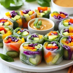 - 8 rice paper wrappers - 1 cup red cabbage, thinly sliced - 1 cup carrots, julienned - 1 bell pepper (any color), thinly sliced - 1 cucumber, julienned - 1 avocado, sliced - 1 cup fresh mint leaves - 1 cup fresh basil leaves - 1/4 cup cilantro leaves - 1 cup vermicelli noodles, cooked - 1/4 cup peanut butter - 2 tablespoons soy sauce - 1 tablespoon sesame oil - 1 tablespoon lime juice - 1 tablespoon honey (or agave syrup for vegan) - Salt and pepper to taste I love using rice paper wrappers for these spring rolls. They are light and easy to work with. You will need about eight wrappers. Make sure to have fresh vegetables on hand. I usually pick red cabbage, carrots, bell pepper, cucumber, and avocado. They add bright colors and crunch. Fresh herbs bring a lot of flavor. I like to use mint, basil, and cilantro. They make each bite fresh and tasty. You also need cooked vermicelli noodles. They add a soft texture to the rolls. For the peanut dip, gather peanut butter, soy sauce, sesame oil, lime juice, and honey or agave syrup. Don&rsquo;t forget salt and pepper. This sauce ties everything together. It&rsquo;s creamy, tangy, and sweet. It complements the veggies perfectly. Be sure to prep your ingredients before you start. This helps you roll the spring rolls easily. You will enjoy the vibrant colors and flavors of this dish! {{ingredient_image_1}} Start by cooking the vermicelli noodles. Follow the package instructions. Usually, this means boiling water and cooking for about 3 to 5 minutes. Once they are soft, drain them in a colander. Rinse the noodles under cold water to stop the cooking process. This keeps them from getting sticky. Set the noodles aside to cool completely. To make the dipping sauce, grab a small bowl. Mix together the peanut butter, soy sauce, sesame oil, lime juice, and honey. Use a whisk or fork to blend them well. If the sauce is too thick, add a splash of water. Keep mixing until you reach your desired consistency. It should be smooth and easy to dip. Now, it's time to prepare the veggies and herbs. Slice the red cabbage, carrots, bell pepper, and cucumber into thin, long strips. Use a sharp knife for clean cuts. For the herbs, make sure to remove any thick stems. Keep the mint, basil, and cilantro leaves whole or roughly chopped. This will add fresh flavors to your rolls. For wrapping, fill a shallow dish with warm water. Dip one rice paper wrapper into the water for about 10 to 15 seconds. You want it to be soft but not too mushy. Lay the wrapper on a clean surface. In the center, place a small amount of vermicelli noodles. Then, add a few slices of each vegetable and some herbs. To roll the spring roll, fold the sides of the rice paper over the filling. Starting from the bottom, roll it up tightly. Make sure all the filling is secure inside. Repeat this process with the remaining wrappers and ingredients. Enjoy the fun of rolling! To make perfect spring rolls, avoid common mistakes. First, do not overfill your wrappers. This can make rolling hard. Use just enough filling to keep the rolls tight but not bursting. Next, ensure your rice paper is flexible. Soak each wrapper for 10-15 seconds in warm water. If it's too stiff, it will crack when you roll. You can adjust the flavor of your dipping sauce easily. Try adding a splash of sriracha for heat or a dash of ginger for zest. Recommended sauces include hoisin or sweet chili sauce. These pair well with the fresh veggies in the rolls. For a beautiful presentation, serve the spring rolls in a colorful dish. Place a small bowl of dipping sauce in the center. Garnish with leftover mint or basil on top for a fresh look. You can also slice the rolls in half for a fun display. Pro Tips Freshness is Key: Use the freshest vegetables and herbs possible for vibrant flavor and crunch. Rice Paper Handling: Don&rsquo;t soak the rice paper too long; it should be soft but not overly mushy to maintain structure. Customize the Fillings: Feel free to add your favorite proteins like shrimp or tofu for extra heartiness. Chill Before Serving: Refrigerate the assembled spring rolls for 15-20 minutes before serving for a refreshing bite. {{image_2}} You can easily add protein to your rainbow veggie spring rolls. Here are some great options: - Shrimp: Cooked shrimp adds a nice seafood flavor. Use peeled and deveined shrimp. Simply boil or saut&eacute; them before adding. - Chicken: Grilled or rotisserie chicken works well. Slice it thinly for easy rolling. - Tofu: For a plant-based option, use firm tofu. Press it to remove moisture, then cube it and pan-fry until golden. These proteins boost flavor and make the rolls more filling. For those with dietary needs, you can swap out ingredients easily: - Alternative sauces: Use almond butter or tahini instead of peanut butter for a nut-free option. You can also try coconut aminos instead of soy sauce for a gluten-free choice. - Vegetable substitutions: Feel free to swap vegetables based on your taste. Try bell peppers, zucchini, or radishes to mix things up. These alternatives ensure everyone can enjoy the rolls. If you need gluten-free options, don&rsquo;t worry! - Use gluten-free rice paper. Most brands are naturally gluten-free. Just check the labels. - Opt for gluten-free vermicelli noodles. These are easy to find, and they work just like regular noodles. These simple changes make the dish safe for those with gluten sensitivities. To keep your spring rolls fresh, store them in an airtight container. Place a damp paper towel between layers to prevent drying out. This method helps keep the rice paper soft and the veggies crisp. You can store them in the fridge for up to two days. You can prepare all the ingredients in advance. Slice your veggies and herbs a day before and keep them in the fridge. This saves time when you want to make spring rolls. Just remember to soak the rice paper right before rolling. It&rsquo;s best to roll them close to serving time for the best texture. To freeze spring rolls, wrap each one in plastic wrap and place them in a freezer-safe bag. They can last up to a month in the freezer. For reheating, let them thaw in the fridge overnight. Then, gently warm them in a pan with a little oil for a fresh finish. Enjoy your tasty spring rolls anytime! Rainbow veggie spring rolls can last about 3 to 5 days in the fridge. To keep them fresh, store them in an airtight container. You can place a damp paper towel inside the container to keep the rolls moist. Avoid stacking them directly on top of each other. This prevents sticking and helps maintain their shape. Yes, you can make spring rolls without vermicelli noodles. Some great alternatives include: - Thinly sliced zucchini - Shredded lettuce - Quinoa for added protein These options still give you a satisfying crunch while keeping the spring rolls light and healthy. Rainbow veggie spring rolls are great with various dipping sauces. Here are some tasty suggestions: - Peanut sauce for a rich, nutty flavor - Soy sauce for a classic touch - Sweet chili sauce for a little kick You can also pair them with sides like fresh fruit or a light salad to make a complete meal. Yes, spring rolls are a healthy choice! They are packed with fresh veggies, which provide vitamins and minerals. Here&rsquo;s a quick look at the benefits: - Red cabbage is rich in antioxidants. - Carrots are high in beta-carotene. - Fresh herbs add flavor with minimal calories. - Avocado provides healthy fats. Overall, spring rolls are low in calories and high in nutrients, making them a smart choice for a snack or light meal. Making rainbow veggie spring rolls is fun and rewarding. You learned which fresh ingredients to use, how to prepare them, and the best rolling techniques. Dipping sauce options add exciting flavor. Remember to store your rolls properly to keep them fresh. In conclusion, you can easily customize your spring rolls and explore different flavors. Enjoy experimenting with various fillings and dips. The skills you gained here will help you wow your friends and family. Happy rolling!