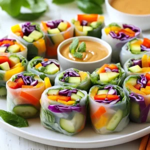 - 8 rice paper wrappers - 1 cup red cabbage, thinly sliced - 1 cup carrots, julienned - 1 bell pepper (any color), thinly sliced - 1 cucumber, julienned - 1 avocado, sliced - 1 cup fresh mint leaves - 1 cup fresh basil leaves - 1/4 cup cilantro leaves - 1 cup vermicelli noodles, cooked - 1/4 cup peanut butter - 2 tablespoons soy sauce - 1 tablespoon sesame oil - 1 tablespoon lime juice - 1 tablespoon honey (or agave syrup for vegan) - Salt and pepper to taste I love using rice paper wrappers for these spring rolls. They are light and easy to work with. You will need about eight wrappers. Make sure to have fresh vegetables on hand. I usually pick red cabbage, carrots, bell pepper, cucumber, and avocado. They add bright colors and crunch. Fresh herbs bring a lot of flavor. I like to use mint, basil, and cilantro. They make each bite fresh and tasty. You also need cooked vermicelli noodles. They add a soft texture to the rolls. For the peanut dip, gather peanut butter, soy sauce, sesame oil, lime juice, and honey or agave syrup. Don&rsquo;t forget salt and pepper. This sauce ties everything together. It&rsquo;s creamy, tangy, and sweet. It complements the veggies perfectly. Be sure to prep your ingredients before you start. This helps you roll the spring rolls easily. You will enjoy the vibrant colors and flavors of this dish! {{ingredient_image_1}} Start by cooking the vermicelli noodles. Follow the package instructions. Usually, this means boiling water and cooking for about 3 to 5 minutes. Once they are soft, drain them in a colander. Rinse the noodles under cold water to stop the cooking process. This keeps them from getting sticky. Set the noodles aside to cool completely. To make the dipping sauce, grab a small bowl. Mix together the peanut butter, soy sauce, sesame oil, lime juice, and honey. Use a whisk or fork to blend them well. If the sauce is too thick, add a splash of water. Keep mixing until you reach your desired consistency. It should be smooth and easy to dip. Now, it's time to prepare the veggies and herbs. Slice the red cabbage, carrots, bell pepper, and cucumber into thin, long strips. Use a sharp knife for clean cuts. For the herbs, make sure to remove any thick stems. Keep the mint, basil, and cilantro leaves whole or roughly chopped. This will add fresh flavors to your rolls. For wrapping, fill a shallow dish with warm water. Dip one rice paper wrapper into the water for about 10 to 15 seconds. You want it to be soft but not too mushy. Lay the wrapper on a clean surface. In the center, place a small amount of vermicelli noodles. Then, add a few slices of each vegetable and some herbs. To roll the spring roll, fold the sides of the rice paper over the filling. Starting from the bottom, roll it up tightly. Make sure all the filling is secure inside. Repeat this process with the remaining wrappers and ingredients. Enjoy the fun of rolling! To make perfect spring rolls, avoid common mistakes. First, do not overfill your wrappers. This can make rolling hard. Use just enough filling to keep the rolls tight but not bursting. Next, ensure your rice paper is flexible. Soak each wrapper for 10-15 seconds in warm water. If it's too stiff, it will crack when you roll. You can adjust the flavor of your dipping sauce easily. Try adding a splash of sriracha for heat or a dash of ginger for zest. Recommended sauces include hoisin or sweet chili sauce. These pair well with the fresh veggies in the rolls. For a beautiful presentation, serve the spring rolls in a colorful dish. Place a small bowl of dipping sauce in the center. Garnish with leftover mint or basil on top for a fresh look. You can also slice the rolls in half for a fun display. Pro Tips Freshness is Key: Use the freshest vegetables and herbs possible for vibrant flavor and crunch. Rice Paper Handling: Don&rsquo;t soak the rice paper too long; it should be soft but not overly mushy to maintain structure. Customize the Fillings: Feel free to add your favorite proteins like shrimp or tofu for extra heartiness. Chill Before Serving: Refrigerate the assembled spring rolls for 15-20 minutes before serving for a refreshing bite. {{image_2}} You can easily add protein to your rainbow veggie spring rolls. Here are some great options: - Shrimp: Cooked shrimp adds a nice seafood flavor. Use peeled and deveined shrimp. Simply boil or saut&eacute; them before adding. - Chicken: Grilled or rotisserie chicken works well. Slice it thinly for easy rolling. - Tofu: For a plant-based option, use firm tofu. Press it to remove moisture, then cube it and pan-fry until golden. These proteins boost flavor and make the rolls more filling. For those with dietary needs, you can swap out ingredients easily: - Alternative sauces: Use almond butter or tahini instead of peanut butter for a nut-free option. You can also try coconut aminos instead of soy sauce for a gluten-free choice. - Vegetable substitutions: Feel free to swap vegetables based on your taste. Try bell peppers, zucchini, or radishes to mix things up. These alternatives ensure everyone can enjoy the rolls. If you need gluten-free options, don&rsquo;t worry! - Use gluten-free rice paper. Most brands are naturally gluten-free. Just check the labels. - Opt for gluten-free vermicelli noodles. These are easy to find, and they work just like regular noodles. These simple changes make the dish safe for those with gluten sensitivities. To keep your spring rolls fresh, store them in an airtight container. Place a damp paper towel between layers to prevent drying out. This method helps keep the rice paper soft and the veggies crisp. You can store them in the fridge for up to two days. You can prepare all the ingredients in advance. Slice your veggies and herbs a day before and keep them in the fridge. This saves time when you want to make spring rolls. Just remember to soak the rice paper right before rolling. It&rsquo;s best to roll them close to serving time for the best texture. To freeze spring rolls, wrap each one in plastic wrap and place them in a freezer-safe bag. They can last up to a month in the freezer. For reheating, let them thaw in the fridge overnight. Then, gently warm them in a pan with a little oil for a fresh finish. Enjoy your tasty spring rolls anytime! Rainbow veggie spring rolls can last about 3 to 5 days in the fridge. To keep them fresh, store them in an airtight container. You can place a damp paper towel inside the container to keep the rolls moist. Avoid stacking them directly on top of each other. This prevents sticking and helps maintain their shape. Yes, you can make spring rolls without vermicelli noodles. Some great alternatives include: - Thinly sliced zucchini - Shredded lettuce - Quinoa for added protein These options still give you a satisfying crunch while keeping the spring rolls light and healthy. Rainbow veggie spring rolls are great with various dipping sauces. Here are some tasty suggestions: - Peanut sauce for a rich, nutty flavor - Soy sauce for a classic touch - Sweet chili sauce for a little kick You can also pair them with sides like fresh fruit or a light salad to make a complete meal. Yes, spring rolls are a healthy choice! They are packed with fresh veggies, which provide vitamins and minerals. Here&rsquo;s a quick look at the benefits: - Red cabbage is rich in antioxidants. - Carrots are high in beta-carotene. - Fresh herbs add flavor with minimal calories. - Avocado provides healthy fats. Overall, spring rolls are low in calories and high in nutrients, making them a smart choice for a snack or light meal. Making rainbow veggie spring rolls is fun and rewarding. You learned which fresh ingredients to use, how to prepare them, and the best rolling techniques. Dipping sauce options add exciting flavor. Remember to store your rolls properly to keep them fresh. In conclusion, you can easily customize your spring rolls and explore different flavors. Enjoy experimenting with various fillings and dips. The skills you gained here will help you wow your friends and family. Happy rolling!