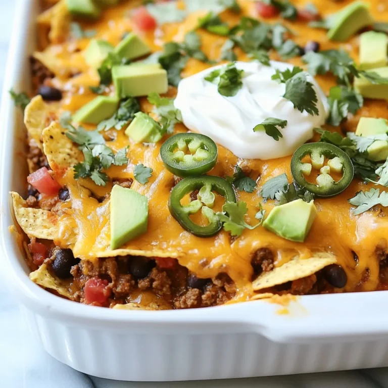 To make your Loaded Nacho Casserole, gather these ingredients: - 1 lb ground beef or turkey - 1 can (15 oz) black beans, drained and rinsed - 1 can (14 oz) diced tomatoes with green chilies - 1 packet taco seasoning - 2 cups tortilla chips - 2 cups shredded cheddar cheese - 1 cup sour cream - 1 cup salsa - 1 jalapeño, sliced (optional) - 1 avocado, diced - Chopped fresh cilantro for garnish You can make your casserole even better with these optional items: - Olives for added saltiness - Corn for sweetness and crunch - Green onions for a fresh bite - Extra cheese for more melty goodness Don’t worry if you lack some ingredients. Here are some swaps: - Use ground chicken or plant-based meat instead of beef or turkey. - Swap black beans for pinto beans or kidney beans. - Use canned tomatoes with herbs if you can’t find tomatoes with chilies. - Try Greek yogurt instead of sour cream for a healthier option. These tips help you customize your Loaded Nacho Casserole to fit your taste and what you have at home. Enjoy the process and get creative! {{ingredient_image_1}} 1. Start by preheating your oven to 350°F (175°C). This step is key for even cooking. 2. In a large skillet, brown 1 lb of ground beef or turkey over medium heat. Use a wooden spoon to break it apart as it cooks. 3. Once browned, drain any extra fat. This helps keep the dish light and tasty. 4. Next, stir in 1 can of black beans, 1 can of diced tomatoes with green chilies, and 1 packet of taco seasoning. Cook this mixture for about 5 minutes until it is hot. 1. Grab a greased 9x13 inch baking dish. Spread half of the tortilla chips on the bottom. 2. Layer half of the meat mixture over the chips. Make sure it covers them well. 3. Sprinkle half of the shredded cheddar cheese on top of the meat. 4. Repeat this process with the remaining tortilla chips, meat mixture, and cheddar cheese. This creates great flavor in every bite. 1. Place the casserole in the preheated oven. Bake for 20-25 minutes. Keep an eye on it until the cheese is melted and bubbly. 2. Once baked, take it out and let it cool for 5 minutes. This helps the layers set. 3. Drizzle sour cream and salsa over the top. This adds creaminess and tang. 4. Finally, garnish with diced avocado, sliced jalapeño, and chopped cilantro. This adds a fresh touch to your dish. To bake your casserole just right, preheat your oven to 350°F. This temperature melts the cheese nicely without burning it. Once you layer your casserole, bake for 20 to 25 minutes. Keep an eye on it. You want the cheese to be bubbly and golden, not dark brown. After baking, let it cool for about five minutes. This helps the layers set, making it easier to serve. When serving, dish up straight from the casserole. This keeps it warm and inviting. I like to place extra salsa and sour cream on the side. Guests can customize their plates, which makes it fun! Adding a sprinkle of fresh cilantro on top adds color and flavor. You can also serve it with tortilla chips for crunch. To boost the flavor of your casserole, try adding spices. A pinch of cumin or smoked paprika adds depth. You can also mix in some corn for a sweet crunch. If you like heat, add more jalapeños or use spicy salsa. For a creamier texture, add more sour cream before serving. These small changes can take your casserole to the next level! Pro Tips Use Fresh Ingredients: Fresh ingredients enhance the flavor of your casserole. Opt for fresh tomatoes and herbs whenever possible for a vibrant taste. Layering is Key: Proper layering ensures every bite is flavorful. Make sure to evenly distribute the meat, chips, and cheese for consistent taste throughout. Customize Your Spice Level: Adjust the amount of jalapeños or use a spicier taco seasoning to tailor the heat level to your preference. Add Variety: Feel free to incorporate other toppings like olives, corn, or different types of cheese to create a unique twist on this classic dish. {{image_2}} To make a vegetarian loaded nacho casserole, swap the meat for more beans. You can use one can of black beans and one can of pinto beans. This keeps the protein high. Add extra veggies like corn, bell peppers, and zucchini. They add great flavor and color. Use the same taco seasoning for a punch. Don’t forget to layer it just like the meat version! For a spicy loaded nacho casserole, you can use spicy ground meat. Ground turkey or beef with added chili powder works well. Add diced jalapeños in the meat mix for more heat. Use pepper jack cheese instead of cheddar for a kick. Top it off with hot salsa before serving. This will warm you up and delight your taste buds! If you want a simpler version, use fewer ingredients. You can skip the jalapeños and sour cream. Use just ground meat, beans, and cheese for a basic version. You can also use tortilla strips instead of chips for a crunch. This makes it easy and fun for kids. Everyone loves a good nacho casserole! After enjoying your loaded nacho casserole, let the leftovers cool first. Then, place them in an airtight container. This keeps the casserole fresh for about three to four days in the fridge. Make sure to cover it well to avoid drying out. To reheat, preheat your oven to 350°F (175°C). Place the casserole in an oven-safe dish. Cover it with foil to keep moisture in. Bake for about 15 to 20 minutes until heated through. You can also use a microwave if you're in a hurry. Just warm a single portion on high for 1 to 2 minutes. If you want to save some for later, freezing is a great option. First, let the casserole cool completely. Then, cut it into portions and wrap each piece tightly in plastic wrap. Place the wrapped portions in a freezer-safe bag or container. This way, it stays good for up to three months. When you’re ready to eat, thaw it overnight in the fridge before reheating. You can use several options. Try beans, lentils, or mushrooms for a veggie twist. For a lighter choice, use ground turkey or chicken. These options keep the flavor but change the texture. If you want a rich taste, use plant-based meat. This will add protein and keep it hearty. Yes, you can! Prepare the casserole a day in advance. Just cover it and store it in the fridge. When you're ready to bake, take it out and let it sit for 20 minutes. Then pop it in the oven as you normally would. This makes hosting easy and fun. To spice it up, add more taco seasoning or a few diced jalapeños. If you need it milder, use less seasoning and skip the spicy peppers. You can also use mild salsa. Remember, you can always taste and adjust as you go. This way, you can find your perfect heat level. Get creative with your toppings! Try sliced olives, diced tomatoes, or green onions. You can also add corn or pickled jalapeños for extra flavor. For a fresh touch, add chopped cilantro or sliced avocado. Each topping enhances the dish and makes it even more delicious. Loaded nacho casserole is fun and easy to make. We covered simple steps to prepare it, layer the ingredients, and bake it perfectly. You can customize with optional ingredients and substitutions to fit your taste. Remember the tips for serving and storing leftovers. Consider the variations we discussed, like vegetarian or spicy versions. Now you have all the tools to create a tasty dish. I hope you enjoy making this nacho casserole as much as eating it!