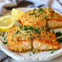 For this dish, you'll need 4 salmon fillets. Each should weigh about 6 ounces. Fresh salmon works best, but you can use frozen if needed. Use 1/2 cup of grated Parmesan cheese. This adds a rich flavor to the crust. You also need 1/2 cup of panko breadcrumbs. Panko gives the crust a light and crispy texture. Add 2 tablespoons of fresh parsley, chopped finely. This herb brings a fresh taste. Use 2 cloves of minced garlic for a savory kick. You will also need 1 teaspoon of lemon zest for brightness. Add 1 teaspoon of paprika for a hint of warmth. Season the mix with salt and pepper to your taste. Finally, include 2 tablespoons of olive oil to help the crust stick and crisp up. {{ingredient_image_1}} Set your air fryer to 400°F (200°C). This step warms the air fryer. It helps cook the salmon evenly. Preheating takes just a few minutes. You want the salmon to be crispy and golden. In a mixing bowl, combine the following ingredients: - 1/2 cup grated Parmesan cheese - 1/2 cup panko breadcrumbs - 2 tablespoons fresh parsley, chopped - 2 cloves garlic, minced - 1 teaspoon lemon zest - 1 teaspoon paprika - Salt and pepper to taste Mix these well. This mixture gives flavor and crunch to the salmon. Make sure all the dry ingredients blend together. The garlic and parsley add a fresh taste. Take 4 salmon fillets, about 6 oz each. Brush each fillet lightly with 2 tablespoons of olive oil. This helps the crust stick and adds flavor. Next, press the Parmesan mixture onto the top of each fillet. Make sure to cover them evenly. Place the coated salmon in the air fryer basket. Keep them in a single layer. Do not let them touch. Cook for 10-12 minutes. Check that the salmon is cooked through. The internal temperature should be 145°F (63°C). When done, remove the salmon and let it rest for a minute. Enjoy your tasty dish! To get a crispy crust, use panko breadcrumbs. They add great texture. Make sure to mix them well with the Parmesan cheese. Brush the salmon with olive oil before adding the crust. This helps the crust stick and brown nicely. Press the mixture on firmly for even coverage. One common mistake is overcrowding the air fryer. Always leave space between the salmon fillets. This allows hot air to circulate. If it's too crowded, the crust won’t crisp up. Another mistake is not preheating the air fryer. Preheating is key for that perfect golden-brown finish. For salmon fillets, cook them for 10-12 minutes at 400°F (200°C). The exact time depends on the thickness of the fillets. Aim for an internal temperature of 145°F (63°C) for safety. Check the salmon at the 10-minute mark. If it’s not done, add a minute or two. Pro Tips Use Fresh Ingredients: For the best flavor, opt for fresh parsley and high-quality Parmesan cheese. Fresh ingredients elevate the dish and enhance its taste. Adjust Cooking Time: Since air fryer models can vary, check the salmon a couple of minutes before the suggested time to avoid overcooking. Aim for an internal temperature of 145°F (63°C). Experiment with Spices: Feel free to customize the spice blend! Adding a pinch of cayenne pepper or substituting the paprika with smoked paprika can add an exciting twist. Let it Rest: After cooking, allow the salmon to rest for a minute before serving. This helps retain moisture and ensures a tender bite. {{image_2}} You can change the flavor of your salmon easily. Try using old bay seasoning for a seafood twist. You could also add some Italian herbs like oregano or basil. For a spicy kick, consider cayenne pepper or chili flakes. Mixing in lemon pepper gives a fresh zing. Feel free to experiment and find your favorite blend. If you want a low-carb option, skip the breadcrumbs. Use crushed pork rinds instead for a crunchy topping. For a gluten-free version, make sure your panko breadcrumbs are certified gluten-free. You can also use almond flour mixed with Parmesan for a unique crust. These swaps keep the dish tasty while fitting your diet. Salmon is great, but other fish work too. Try using cod, tilapia, or halibut. These fish cook well and take on flavors nicely. Adjust cooking times based on the thickness of the fillets. For thinner fish, reduce the air frying time to avoid overcooking. Each type of fish brings its own taste to this dish. To store your leftovers, let the salmon cool down to room temperature. Then, wrap each fillet in plastic wrap or aluminum foil. You can also use an airtight container. This helps keep the salmon fresh and tasty. Make sure to store it in the fridge. To reheat, use the air fryer for the best results. Preheat it to 350°F (175°C). Place the salmon in the basket and heat for about 5-7 minutes. This keeps the crust crispy and the fish moist. You can also use the microwave, but it may not be as crispy. Air fryer salmon lasts up to 3 days in the fridge. It’s best to eat it fresh, but leftovers can still be good. If you want to keep it longer, freeze it. In the freezer, it can last up to 3 months. Just remember to thaw it in the fridge before reheating. The safe internal temperature for cooked salmon is 145°F (63°C). You can check this with a meat thermometer. Insert the thermometer into the thickest part of the fillet. When it reaches this temperature, the salmon is done and safe to eat. It will be tender and flaky. Yes, you can use frozen salmon fillets. However, it is best to thaw them first. Thawing ensures even cooking and a good crust. You can thaw salmon in the fridge overnight or use the defrost setting on your microwave. Just make sure to pat them dry before coating. This step helps the crust stick better. Parmesan crusted salmon pairs well with many sides. Here are some great options: - Steamed vegetables like broccoli or asparagus - A fresh garden salad with a light dressing - Quinoa or rice for a hearty addition - Mashed potatoes or sweet potatoes for comfort Serve with a slice of lemon to add a bright flavor. In this article, I covered how to make delicious Parmesan-crusted salmon in an air fryer. I shared key ingredients, step-by-step instructions, and helpful tips for perfecting your dish. You can try flavor variations and learn proper storage methods for leftovers. Remember, a crispy crust is easy to achieve with the right techniques. Enjoy cooking and impressing your family with this tasty meal!