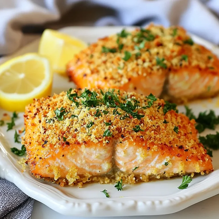 For this dish, you'll need 4 salmon fillets. Each should weigh about 6 ounces. Fresh salmon works best, but you can use frozen if needed. Use 1/2 cup of grated Parmesan cheese. This adds a rich flavor to the crust. You also need 1/2 cup of panko breadcrumbs. Panko gives the crust a light and crispy texture. Add 2 tablespoons of fresh parsley, chopped finely. This herb brings a fresh taste. Use 2 cloves of minced garlic for a savory kick. You will also need 1 teaspoon of lemon zest for brightness. Add 1 teaspoon of paprika for a hint of warmth. Season the mix with salt and pepper to your taste. Finally, include 2 tablespoons of olive oil to help the crust stick and crisp up. {{ingredient_image_1}} Set your air fryer to 400°F (200°C). This step warms the air fryer. It helps cook the salmon evenly. Preheating takes just a few minutes. You want the salmon to be crispy and golden. In a mixing bowl, combine the following ingredients: - 1/2 cup grated Parmesan cheese - 1/2 cup panko breadcrumbs - 2 tablespoons fresh parsley, chopped - 2 cloves garlic, minced - 1 teaspoon lemon zest - 1 teaspoon paprika - Salt and pepper to taste Mix these well. This mixture gives flavor and crunch to the salmon. Make sure all the dry ingredients blend together. The garlic and parsley add a fresh taste. Take 4 salmon fillets, about 6 oz each. Brush each fillet lightly with 2 tablespoons of olive oil. This helps the crust stick and adds flavor. Next, press the Parmesan mixture onto the top of each fillet. Make sure to cover them evenly. Place the coated salmon in the air fryer basket. Keep them in a single layer. Do not let them touch. Cook for 10-12 minutes. Check that the salmon is cooked through. The internal temperature should be 145°F (63°C). When done, remove the salmon and let it rest for a minute. Enjoy your tasty dish! To get a crispy crust, use panko breadcrumbs. They add great texture. Make sure to mix them well with the Parmesan cheese. Brush the salmon with olive oil before adding the crust. This helps the crust stick and brown nicely. Press the mixture on firmly for even coverage. One common mistake is overcrowding the air fryer. Always leave space between the salmon fillets. This allows hot air to circulate. If it's too crowded, the crust won’t crisp up. Another mistake is not preheating the air fryer. Preheating is key for that perfect golden-brown finish. For salmon fillets, cook them for 10-12 minutes at 400°F (200°C). The exact time depends on the thickness of the fillets. Aim for an internal temperature of 145°F (63°C) for safety. Check the salmon at the 10-minute mark. If it’s not done, add a minute or two. Pro Tips Use Fresh Ingredients: For the best flavor, opt for fresh parsley and high-quality Parmesan cheese. Fresh ingredients elevate the dish and enhance its taste. Adjust Cooking Time: Since air fryer models can vary, check the salmon a couple of minutes before the suggested time to avoid overcooking. Aim for an internal temperature of 145°F (63°C). Experiment with Spices: Feel free to customize the spice blend! Adding a pinch of cayenne pepper or substituting the paprika with smoked paprika can add an exciting twist. Let it Rest: After cooking, allow the salmon to rest for a minute before serving. This helps retain moisture and ensures a tender bite. {{image_2}} You can change the flavor of your salmon easily. Try using old bay seasoning for a seafood twist. You could also add some Italian herbs like oregano or basil. For a spicy kick, consider cayenne pepper or chili flakes. Mixing in lemon pepper gives a fresh zing. Feel free to experiment and find your favorite blend. If you want a low-carb option, skip the breadcrumbs. Use crushed pork rinds instead for a crunchy topping. For a gluten-free version, make sure your panko breadcrumbs are certified gluten-free. You can also use almond flour mixed with Parmesan for a unique crust. These swaps keep the dish tasty while fitting your diet. Salmon is great, but other fish work too. Try using cod, tilapia, or halibut. These fish cook well and take on flavors nicely. Adjust cooking times based on the thickness of the fillets. For thinner fish, reduce the air frying time to avoid overcooking. Each type of fish brings its own taste to this dish. To store your leftovers, let the salmon cool down to room temperature. Then, wrap each fillet in plastic wrap or aluminum foil. You can also use an airtight container. This helps keep the salmon fresh and tasty. Make sure to store it in the fridge. To reheat, use the air fryer for the best results. Preheat it to 350°F (175°C). Place the salmon in the basket and heat for about 5-7 minutes. This keeps the crust crispy and the fish moist. You can also use the microwave, but it may not be as crispy. Air fryer salmon lasts up to 3 days in the fridge. It’s best to eat it fresh, but leftovers can still be good. If you want to keep it longer, freeze it. In the freezer, it can last up to 3 months. Just remember to thaw it in the fridge before reheating. The safe internal temperature for cooked salmon is 145°F (63°C). You can check this with a meat thermometer. Insert the thermometer into the thickest part of the fillet. When it reaches this temperature, the salmon is done and safe to eat. It will be tender and flaky. Yes, you can use frozen salmon fillets. However, it is best to thaw them first. Thawing ensures even cooking and a good crust. You can thaw salmon in the fridge overnight or use the defrost setting on your microwave. Just make sure to pat them dry before coating. This step helps the crust stick better. Parmesan crusted salmon pairs well with many sides. Here are some great options: - Steamed vegetables like broccoli or asparagus - A fresh garden salad with a light dressing - Quinoa or rice for a hearty addition - Mashed potatoes or sweet potatoes for comfort Serve with a slice of lemon to add a bright flavor. In this article, I covered how to make delicious Parmesan-crusted salmon in an air fryer. I shared key ingredients, step-by-step instructions, and helpful tips for perfecting your dish. You can try flavor variations and learn proper storage methods for leftovers. Remember, a crispy crust is easy to achieve with the right techniques. Enjoy cooking and impressing your family with this tasty meal!