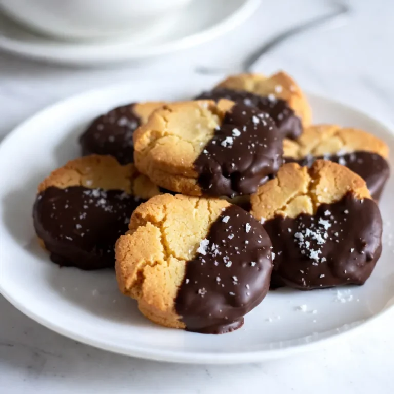 Here’s what you need to make chocolate dipped shortbread. Gather these ingredients for a perfect batch: - 1 cup unsalted butter, softened - ½ cup powdered sugar - 2 cups all-purpose flour - ½ teaspoon vanilla extract - ¼ teaspoon salt - 1 cup dark chocolate chips - 1 tablespoon coconut oil (optional, for smoothening the chocolate) - Sea salt flakes (for topping) These simple items create a rich and buttery cookie base. The dark chocolate adds a delightful touch. The sea salt flakes enhance the flavor, making each bite even better. Using unsalted butter gives you control over the saltiness. The powdered sugar ensures a sweet, tender crumb. Make sure your butter is soft. This helps it mix well with the sugar. If you want a smoother chocolate, use coconut oil. It helps the chocolate melt evenly. This list will guide you to make these tasty treats that everyone loves. {{ingredient_image_1}} 1. Preheating and preparing the baking sheet Start by preheating your oven to 350°F (175°C). Line a baking sheet with parchment paper. This step helps the cookies bake evenly and prevents sticking. 2. Mixing the butter and sugar In a mixing bowl, add 1 cup of softened unsalted butter and ½ cup of powdered sugar. Mix them together until the mixture looks light and fluffy. This process gives the cookies a nice texture. 3. Incorporating flour and forming the dough Next, add ½ teaspoon of vanilla extract and ¼ teaspoon of salt. Gradually mix in 2 cups of all-purpose flour. Stir until just combined. Be careful not to over-mix; this keeps the cookies tender. Gather the dough and place it on a floured surface. 1. Rolling out the dough and cutting shapes Roll out the dough to about ¼ inch thickness. Use a cookie cutter or knife to cut the dough into shapes like triangles, rectangles, or circles. Place the shapes on your prepared baking sheet. 2. Baking time and cooling instructions Bake the cookies for 12-15 minutes. They should be lightly golden around the edges. Once done, remove them from the oven and let them cool on a wire rack. This cooling step makes sure they set properly. 1. Melting the chocolate and coconut oil While the cookies cool, melt 1 cup of dark chocolate chips. You can add 1 tablespoon of coconut oil to make the chocolate smoother. Heat it in a microwave-safe bowl. Do this in 30-second intervals, stirring in between until melted. 2. Dipping method and adding toppings Dip each cookie halfway into the melted chocolate. Gently shake off any extra chocolate. Place the dipped cookies back on the parchment paper. Before the chocolate sets, sprinkle a few sea salt flakes on top for added flavor. Let the chocolate harden completely at room temperature or chill them in the fridge for about 15 minutes. To get the best shortbread, don't over-mix the dough. Mix until just combined. This helps keep your cookies tender. Use softened butter at room temperature. It should be easy to cream with the sugar. Cold butter can make the dough tough. Melt your chocolate smoothly by using a microwave. Heat it in short bursts of 30 seconds. Stir after each burst until it is fully melted. If you want a smoother dip, add a tablespoon of coconut oil. This makes the chocolate shiny and smooth. To avoid excess chocolate, gently shake the cookie after dipping. This helps remove any extra chocolate. These cookies pair well with coffee or tea. They make a great afternoon treat. For special occasions, arrange them on a nice platter. You can even add a few fresh berries for color. Adding a small dish of sea salt flakes lets guests sprinkle their own. Pro Tips Use Cold Butter: For flakier shortbread, use cold butter instead of softened butter. This helps create a more tender texture. Chill the Dough: After rolling out your dough, chill it in the fridge for 30 minutes before baking. This solidifies the butter and helps maintain the cookie shape. Chocolate Quality Matters: Use high-quality dark chocolate for dipping. It makes a significant difference in flavor and texture. Experiment with Flavors: Customize your shortbread by adding grated citrus zest, spices, or even finely chopped nuts for added texture and flavor. {{image_2}} You can choose different chocolates for dipping. Milk chocolate is sweet and creamy. Dark chocolate has a rich, bold taste. I love using dark chocolate for its deep flavor. It pairs well with the buttery shortbread. White chocolate is another option. It is sweeter and has a smooth texture. White chocolate can add a fun twist to your cookies. Try mixing and matching. You might find a new favorite! Adding flavors can make your shortbread special. Almond or hazelnut extract brings a nutty taste. Just a few drops can change the cookie’s profile. These flavors blend well with chocolate. Citrus zest is another great option. Lemon or orange zest can brighten up the cookies. It adds a fresh aroma and tangy flavor. Experiment with different citrus fruits to find your perfect mix. Toppings can make your cookies more fun. Chopped nuts add crunch and texture. Almonds, hazelnuts, or pecans can work well. They also add a lovely flavor contrast to the chocolate. Sprinkles can give your cookies a festive look. Use colorful sprinkles for holidays or celebrations. They catch the eye and add a playful touch. You can even use themed sprinkles for special occasions. To keep your cookies fresh, use an airtight container. Glass or plastic containers work well. You can also use a tin, but make sure to line it with parchment paper. This helps prevent sticking. To maintain the cookie texture, place a piece of bread in the container. The bread keeps the cookies soft by adding moisture. If you like them crisp, skip the bread. Store your cookies at room temperature, away from direct sunlight. You can freeze chocolate dipped shortbread cookies for later. First, let them cool completely. Then, wrap each cookie in plastic wrap. Place the wrapped cookies in a freezer bag. Make sure to remove as much air as possible. To thaw, take the cookies out and leave them at room temperature for a few hours. You can also speed up thawing by placing them in the fridge overnight. These cookies can stay frozen for up to three months without losing flavor. Yes, you can prepare chocolate-dipped shortbread ahead of time. Make the cookies and dip them in chocolate. After dipping, let them cool completely. Once cool, store them in an airtight container. They stay fresh for a week. This way, you can enjoy them any time or serve them to guests. You can use margarine or coconut oil as a butter substitute. Margarine gives a similar taste and texture. Coconut oil adds a light coconut flavor but changes the texture. Both options work, but they may affect the cookie's crispness and richness. Experiment to find what you like best. Chocolate-dipped shortbread cookies last about one week when stored properly. Keep them in an airtight container at room temperature. Avoid humid places, as this may make them soft. If you freeze them, they can last up to three months. Just thaw them at room temperature before enjoying. This recipe for chocolate-dipped shortbread cookies shows how easy it is to bake. You need just a few simple ingredients and clear steps. Start by mixing butter and sugar, then form the dough. After baking, dip the cookies in melted chocolate for a tasty finish. Remember, use quality ingredients for the best results. Experiment with flavors and toppings to make them your own. These cookies are perfect for enjoying with friends or for special occasions. Get baking and enjoy these treats!