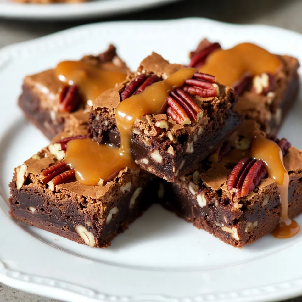 For these delicious Caramel Pecan Turtle Brownies, you need a few key ingredients. Each one plays a big role in making these brownies rich and flavorful. Here’s the complete list: - 1 cup unsalted butter (two sticks) - 2 cups granulated sugar - 1 cup brown sugar, packed - 4 large eggs - 1 teaspoon vanilla extract - 1 ½ cups all-purpose flour - 1 cup cocoa powder - 1 teaspoon baking powder - ½ teaspoon salt - 1 cup chocolate chips - 1 cup pecans, chopped - 1 cup caramel sauce (plus extra for drizzling) Using unsalted butter gives you control over the salt in the recipe. Both types of sugar add sweetness and texture. Eggs help bind everything together, while vanilla extract adds a warm flavor. The flour and cocoa powder form the base, while baking powder makes them rise. Salt enhances the sweetness and balances the flavors. Chocolate chips bring a rich, melty experience, and pecans add a nice crunch. The caramel sauce is what makes these brownies truly special. It adds a gooey, sweet layer that pairs perfectly with the chocolate and nuts. You can use store-bought caramel or make your own if you feel adventurous. Gather these ingredients, and you’re all set to create a dessert that will wow anyone who tries it. {{ingredient_image_1}} - Preheat your oven to 350°F (175°C). Grease a 9x13-inch baking pan. Use parchment paper for easy removal later. - In a medium saucepan, melt 1 cup of unsalted butter over low heat. Remove from heat. Stir in 2 cups of granulated sugar and 1 cup of brown sugar until smooth. - Let the mixture cool slightly, then whisk in 4 large eggs, one at a time. Mix in 1 teaspoon of vanilla extract until smooth. - In a separate bowl, sift together 1 ½ cups of all-purpose flour, 1 cup of cocoa powder, 1 teaspoon of baking powder, and ½ teaspoon of salt. - Gradually add the dry mixture to the wet mixture. Stir until just combined. Do not overmix. - Carefully fold in 1 cup of chocolate chips and 1 cup of chopped pecans. Ensure they are evenly spread throughout the batter. - Pour half of the brownie batter into the prepared pan. Spread it evenly. Drizzle half of the 1 cup of caramel sauce over the batter. - Pour in the rest of the brownie batter. Smooth it over the caramel layer. - Drizzle the remaining caramel sauce on top. Use a knife or skewer to swirl the caramel slightly into the batter. - Bake for about 30-35 minutes. Check with a toothpick. It should come out with a few moist crumbs. - After baking, let the brownies cool in the pan for 15-20 minutes. Lift them out with the parchment and cool completely on a wire rack. - Cut the brownies into squares. Drizzle more caramel sauce on top if you like. - Avoiding overmixing: Mix your batter just until combined. Overmixing makes brownies tough. - Checking for doneness: Stick a toothpick in the center. If it comes out with moist crumbs, they are done. - Presentation ideas: Serve brownies on a rustic wooden board. Top with extra pecans and a swirl of caramel. - Drizzling additional caramel: For a sweet touch, drizzle more caramel on top. This adds flavor and looks great. - Gluten-free alternatives: Use a gluten-free flour mix. This keeps the texture rich and chewy. - Vegan options: Replace eggs with flaxseed meal and use plant-based butter. These swaps keep the brownies tasty. Pro Tips Use Room Temperature Ingredients: Allow your eggs and butter to come to room temperature before mixing. This ensures a smoother batter and better incorporation of ingredients. Don't Overmix the Batter: Mix until just combined to maintain the fudgy texture of the brownies. Overmixing can lead to cakey brownies. Swirl Technique: For a beautiful presentation, use a skewer or knife to create a gentle swirl of caramel through the brownie batter, but don’t overdo it or the layers will blend completely. Cool Completely Before Cutting: Let the brownies cool completely in the pan before cutting to achieve clean edges and a more professional appearance. {{image_2}} You can change the flavor of your caramel pecan turtle brownies. Adding different types of nuts can boost taste and texture. Try walnuts or almonds for a unique crunch. You can also swap chocolate chips for white chocolate or peanut butter chips. This gives the brownies a new twist. Baking these brownies in different pans can change their look and feel. Use a square pan for thick, chewy brownies. A larger baking sheet makes thin, crispy brownies. You can even make mini brownies or brownie bites. Just adjust the baking time to keep them soft and gooey. Seasonal twists add fun to your baking. For fall, add pumpkin spice to the batter. This gives a warm, cozy flavor. During the holidays, use themed toppings like crushed candy canes or festive sprinkles. These small changes make your brownies exciting for any occasion. To keep your brownies fresh, store them at room temperature. Place them in an airtight container. This helps maintain their moist texture. If you live in a warm area, refrigerate them. For longer storage, freeze the brownies. Wrap them tightly in plastic wrap and then foil. This prevents freezer burn and preserves flavor. Brownies can stay fresh for about 3 to 4 days at room temperature. In the fridge, they last up to a week. When frozen, they can keep for up to 3 months. Look for signs of spoilage, such as an off smell or hard texture. If they seem dry or crumbly, it’s time to toss them. To reheat brownies, use the microwave. Heat them for about 10 to 15 seconds. Check to see if they are warm. You can also reheat them in the oven. Set it to 350°F and warm for 5 to 10 minutes. To keep brownies moist, cover them with foil. This helps trap steam and keeps them soft. What if I don’t have all the ingredients? You can still make these brownies. Swap ingredients with what you have. For example, use margarine instead of butter. You can also use light brown sugar if you don’t have dark brown sugar. Can I substitute the pecans with another nut? Yes! You can use walnuts or almonds. Both add a nice crunch. Just chop them up like you would pecans. How do I make these brownies thicker? To make thicker brownies, use a smaller pan. A 9x9-inch pan works great. You can also add more flour, about a quarter cup more. Is it possible to make these brownies ahead of time? Yes! You can bake the brownies a day in advance. Just store them in an airtight container. They taste great the next day! Can the brownies be frozen and for how long? Absolutely! Wrap each brownie in plastic wrap. Then place them in a freezer bag. They can last up to three months in the freezer. What can I do if my brownies are too cakey or dry? If your brownies turn out dry, add a bit of melted chocolate or caramel sauce. You can also serve them with ice cream to add moisture. You can create delicious caramel pecan turtle brownies with the right ingredients and steps. Start with butter, sugars, eggs, and chocolate. Follow the easy instructions for mixing and baking. Remember the tips to achieve the best results. You can also try fun variations and make adjustments for diet restrictions. Store leftovers properly to keep them fresh. Enjoy your tasty brownies! Each bite offers rich flavor and delightful texture. Now, it’s your turn to impress friends and family with these treats. Happy baking!
