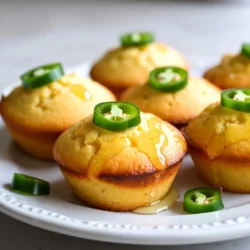 - 1 cup cornmeal - 1 cup all-purpose flour - &frac12; cup granulated sugar - 1 tablespoon baking powder - &frac12; teaspoon salt - 1 cup buttermilk - 2 large eggs - &frac14; cup unsalted butter, melted - &frac14; cup honey - 1-2 fresh jalape&ntilde;os, finely chopped - &frac12; cup shredded cheddar cheese (optional) I love the mix of sweet and spicy in these muffins. The cornmeal gives a nice texture, while the honey adds a sweet touch. You can adjust the heat by adding more or fewer jalape&ntilde;os. For an extra kick, keep the seeds in when chopping. If you want, sprinkle some cheddar cheese into the mix for a savory twist. - Mixing bowls - Muffin tin - Whisk and spatula - Measuring cups and spoons Having the right tools makes baking easier. Use mixing bowls to combine your dry and wet ingredients. A muffin tin helps shape the muffins, and a whisk is great for blending. Measuring cups and spoons ensure you get the right amounts for each ingredient. This will help you create perfect muffins every time. {{ingredient_image_1}} - Preheat the oven to 400&deg;F (200&deg;C). - Line your muffin tin with paper liners or grease it lightly. - In a large bowl, combine 1 cup cornmeal, 1 cup all-purpose flour, &frac12; cup granulated sugar, 1 tablespoon baking powder, and &frac12; teaspoon salt. - In another bowl, mix 1 cup buttermilk, 2 large eggs, &frac14; cup melted unsalted butter, and &frac14; cup honey until smooth. - Pour the wet mixture into the dry ingredients. Stir gently until just combined. - Fold in 1-2 finely chopped jalape&ntilde;os and &frac12; cup shredded cheddar cheese, if using. - Spoon the batter into the muffin tin, filling each liner about two-thirds full. - Bake for 15-20 minutes until golden brown. - A toothpick should come out clean when inserted into the center. - Let the muffins cool in the pan for a few minutes. - Then transfer them to a wire rack to cool completely. The key to fluffy Jalape&ntilde;o Honey Cornbread Muffins is simple: don&rsquo;t overmix the batter. Overmixing makes the muffins tough. You want a light and airy texture. Mix until the batter just comes together. That&rsquo;s it! After mixing, let the batter rest for about 10 minutes. This gives the cornmeal time to absorb moisture, which helps with texture. For spice lovers, you can adjust the heat of your muffins. If you want more kick, leave some seeds in the jalape&ntilde;os. For a milder version, remove all seeds. You can also play with different cheeses. Cheddar adds a rich taste, but feel free to try pepper jack or even feta. Each cheese gives a unique flavor to your muffins. These muffins pair well with many dishes. Serve them warm with chili or soup for a hearty meal. They also go nicely with BBQ. For presentation, drizzle some honey on top. Add a few jalape&ntilde;o slices for color. Place the muffins on a bright platter to make them pop. This will impress your guests and make the meal even more special. Pro Tips Use Fresh Jalape&ntilde;os: For the best flavor, opt for fresh jalape&ntilde;os instead of jarred ones. You can control the heat by adjusting the amount you add. Check for Doneness: Every oven is different; start checking your muffins at the 15-minute mark by inserting a toothpick in the center. It should come out clean when done. Experiment with Add-Ins: Feel free to customize your muffins by adding ingredients like corn kernels, diced red peppers, or even crumbled bacon for extra flavor. Storage Tips: Store leftover muffins in an airtight container at room temperature for up to 3 days, or freeze them for longer storage. Reheat in the microwave for a few seconds before serving. {{image_2}} You can play with flavors in your Jalape&ntilde;o Honey Cornbread Muffins. Try adding herbs like cumin or thyme for a twist. These spices bring depth and warmth. You might also add corn kernels. They add sweetness and texture, making each bite delightful. If you need gluten-free muffins, use alternative flours like almond or coconut flour. They work well and keep the muffins moist. For vegan options, swap eggs with flaxseed meal and use almond milk instead of buttermilk. These changes still give you tasty muffins without animal products. To take your muffins to the next level, consider flavored honey. Cinnamon or vanilla honey can add a lovely touch. You could also mix in crispy bacon bits for a savory kick. These additions make the muffins unique and fun. To store your Jalape&ntilde;o Honey Cornbread Muffins at room temperature, place them in an airtight container. You can also wrap them in plastic wrap or foil. This helps keep them moist and fresh. Avoid stacking the muffins to prevent them from getting squished. They stay tasty for about two to three days at room temperature. For long-term storage, freezing is the way to go. First, let the muffins cool completely. Then wrap each muffin in plastic wrap. Place them in a freezer-safe bag or container. This keeps them fresh for up to three months. When you're ready to eat, take a muffin out and let it thaw at room temperature. You can also reheat it in the microwave for about 20-30 seconds. In the fridge, these muffins last for about five to seven days. If you freeze them, they can stay good for three months. Just remember to label your containers with dates. This helps you keep track of freshness. Enjoy your delicious muffins while they are at their best! Yes, you can use regular milk. Add one tablespoon of vinegar or lemon juice. Let it sit for five minutes. This will mimic buttermilk's tangy taste. To add more heat, use more jalape&ntilde;os. You can also include chopped serrano peppers. For a smoky flavor, try adding some chipotle powder. Yes, you can mix the dry and wet ingredients separately. Store them in the fridge for up to one day. Mix them together just before baking for the best texture. To reheat, wrap muffins in foil and place them in a preheated oven at 350&deg;F. Heat for about 10 minutes. This keeps them warm and soft. Muffins are done when they turn golden brown. Insert a toothpick into the center. If it comes out clean, they are ready. If it has wet batter, bake a few more minutes. Absolutely! You can use pepper jack, gouda, or even feta. Each cheese will bring a unique flavor to your muffins. Just be sure to adjust the amount to your taste. Jalape&ntilde;o Honey Cornbread Muffins are easy and fun to make. You need simple ingredients and tools. Follow the steps carefully to mix, bake, and cool the muffins. Remember not to overmix for a perfect texture. You can enhance the flavor with spices or cheese. Store them right for fresh taste later. Enjoy your tasty muffins as a side or snack. Try different variations to keep it exciting. These muffins are sure to please everyone!