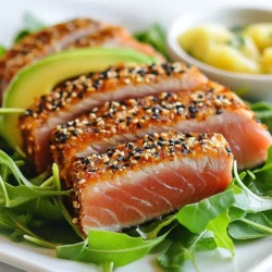 To make a tasty sesame crusted ahi tuna, gather these key items: - 2 ahi tuna steaks (about 6 oz each) - 2 tablespoons black sesame seeds - 2 tablespoons white sesame seeds - 1 tablespoon soy sauce - 1 tablespoon olive oil - 1 teaspoon fresh ginger, grated - 1 teaspoon garlic, minced - Salt and pepper to taste These ingredients create a flavorful and delicate dish that shines. The sesame seeds give a nice crunch, while the soy sauce adds depth. You can elevate your dish with these fun garnishes: - 1 avocado, sliced - Mixed greens (for serving) - Wasabi and pickled ginger (for garnish) These garnishes add color and flavor, making your plate look amazing and inviting. This dish is not just delicious; it's also healthy. Each serving offers protein from the tuna and healthy fats from the avocado. Here’s a quick breakdown: - Calories: Approximately 350 - Protein: 40g - Fat: 20g - Carbohydrates: 10g Enjoying this dish fits well into a balanced diet. It's a great choice for a light lunch or dinner. {{ingredient_image_1}} First, gather your sesame seeds. You will need both black and white seeds. In a small bowl, combine 2 tablespoons of black sesame seeds and 2 tablespoons of white sesame seeds. Stir them together and set them aside. This mixture adds a nice crunch and flavor to the tuna. Next, make your marinade. In a separate bowl, mix 1 tablespoon of soy sauce, 1 tablespoon of olive oil, 1 teaspoon of grated fresh ginger, and 1 teaspoon of minced garlic. Add a pinch of salt and pepper to taste. Stir it well until everything blends together. This marinade will give the tuna its rich taste. Now it’s time to cook! Start by patting the tuna steaks dry with a paper towel. Brush both sides with the marinade you just made. Then, press each side of the tuna steaks into the sesame seed mixture. Make sure they are fully coated. Heat a non-stick skillet over medium-high heat. Once hot, add a drizzle of olive oil. Carefully place the tuna steaks in the skillet. Sear them for about 1-2 minutes on each side for a rare finish. If you prefer a firmer texture, cook them a bit longer. Just be careful not to overcook. After cooking, remove the steaks from the heat and let them rest for about 2 minutes. This helps keep them juicy. Slice the tuna into thin strips. For serving, arrange mixed greens on a plate as a base. Top with avocado slices and the sliced tuna. Garnish with wasabi and pickled ginger for extra flavor. Enjoy your delicious sesame crusted ahi tuna! To get a great sear, use a hot pan. Heat your non-stick skillet on medium-high heat. Add a splash of olive oil. This oil creates a nice crust. Place the tuna in the pan gently. Sear for 1-2 minutes per side. The goal is a golden brown outside. Don't overcrowd the pan; cook one or two pieces at a time. Overcrowding cools the pan and ruins the sear. Fresh ahi tuna is key to this dish. Look for bright, deep red color. The flesh should feel firm and moist. Avoid any fish that looks dull or has brown spots. Smell the tuna; it should have a clean ocean scent, not a strong fishy smell. If possible, buy from a trusted fishmonger. Ask questions about the source and freshness. Keep your tools simple for this recipe. You need: - A sharp knife for slicing the tuna. - A non-stick skillet for cooking. - Two bowls for mixing the marinade and sesame seeds. - A paper towel to dry the tuna. These tools will help you create a delicious meal. With the right tools, you can cook like a pro at home. Pro Tips Freshness Matters: Always choose the freshest ahi tuna available; it makes a significant difference in flavor and texture. Perfect Sear: For a beautifully seared crust, ensure your skillet is hot enough before adding the tuna to prevent sticking. Doneness Check: Use a meat thermometer; aim for an internal temperature of 125°F for rare tuna, adjusting to your preference. Garnishing Tip: Enhance presentation by using microgreens or edible flowers alongside avocado for a pop of color and elegance. {{image_2}} If you want to mix things up, try panko breadcrumbs. They give a nice crunch. Simply replace the sesame seeds with panko. You can also mix in some herbs or spices for extra flavor. Look for seasoned panko for a quick boost. The choice is yours! You can serve sesame crusted ahi tuna in many ways. Try it on a bed of rice for a filling meal. Alternatively, use it in a salad with fresh veggies. You can also make a sushi roll! Just slice the tuna thin and wrap it in nori with avocado and cucumber. The options are endless! Experiment with different seasonings to enhance the flavor. Try adding lemon zest to the marinade for a bright touch. You can also add crushed red pepper for heat. A sprinkle of sesame oil can deepen the flavor too. Mix and match to find what you love! To keep your leftover sesame crusted ahi tuna fresh, wrap it tightly. Use plastic wrap or aluminum foil. You can also place the tuna in an airtight container. This helps to prevent drying out. Store it in the fridge. It will last for up to two days. When you are ready to eat it, check for any off smells before using. If you want to save your leftover tuna for later, freezing is a great option. First, slice the tuna into pieces if you haven't already. Wrap each piece in plastic wrap. Then, place them in a freezer-safe bag or container. Remove as much air as possible. This helps keep the tuna fresh. You can freeze it for up to three months. When ready to eat, thaw it overnight in the fridge. When reheating your tuna, do it gently to avoid overcooking. Place the tuna in a non-stick skillet over low heat. Add a tiny bit of oil to keep it moist. Heat for about 1-2 minutes on each side. You want it warm but not cooked through again. Alternatively, you can microwave it. Use a low power setting and heat for 15-20 seconds at a time. Enjoy your tuna while it's still flavorful! The best doneness for Ahi tuna is rare to medium-rare. This means cooking it for just 1-2 minutes on each side. The inside should stay pink and moist. Cooking it too long can make it tough. Remember, Ahi tuna is safe to eat raw, so it’s okay if it’s not fully cooked. Yes, you can use other fish. Good options include salmon, swordfish, or even shrimp. Each fish has a different taste and texture. Adjust the cooking time based on the fish you choose. For example, salmon cooks faster than Ahi tuna. To check if your tuna is fresh, look for bright color and firm texture. Fresh tuna should have a deep red color. It should not smell fishy. Instead, it should have a clean ocean scent. If you press it, it should spring back. If it leaves a dent, it may not be fresh. Always buy from a trusted source. This blog post covered a tasty sesame crusted ahi tuna recipe. You learned about key ingredients, step-by-step cooking, and helpful tips. We also explored tasty variations and storage info for leftovers. To wrap up, you now have all the tools to create a delicious dish. Enjoy your cooking journey and share the joy of great food with others.