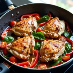 - 4 boneless, skinless chicken thighs - 1/4 cup Dijon mustard - 1/4 cup pure maple syrup - 2 tablespoons olive oil - 3 cloves garlic, minced - 1 tablespoon apple cider vinegar - 1 teaspoon dried thyme - 1 teaspoon smoked paprika - 1 cup baby spinach - 1 red bell pepper, sliced - 1 cup cherry tomatoes, halved The main ingredients for One Pan Maple Dijon Chicken create a sweet and savory dish. The chicken thighs are juicy and tender. The Dijon mustard adds a zesty flavor. The pure maple syrup brings sweetness that balances the tangy mustard. For additional ingredients, olive oil helps to keep the chicken moist. Garlic adds a rich aroma and taste. Apple cider vinegar gives a slight tang that rounds out the flavors. Seasonings and vegetables make this dish colorful and healthy. Dried thyme offers a warm, earthy note. Smoked paprika provides a hint of smokiness. Baby spinach adds a pop of green and nutrients. Red bell pepper and cherry tomatoes add sweetness and crunch. Using these ingredients ensures a delicious meal that is easy to make. Each component plays a role in making the dish shine. Enjoy combining these flavors for a tasty weeknight dinner! {{ingredient_image_1}} To start, grab a medium bowl. In this bowl, mix the Dijon mustard, pure maple syrup, olive oil, minced garlic, apple cider vinegar, dried thyme, smoked paprika, salt, and pepper. Whisk these ingredients together until they blend well. This sauce will give the chicken a sweet and tangy taste. Make sure the chicken is well-coated when you add it later. Next, take your chicken thighs and place them in a large zip-lock bag or a shallow dish. Pour the marinade over the chicken. It is key to ensure that each piece is coated evenly. For best results, let the chicken marinate in the fridge. Aim for at least 30 minutes. If you have time, marinate for up to 4 hours. This helps the flavors soak into the chicken. First, preheat your oven to 400°F (200°C). Then, heat a little olive oil in a large oven-safe skillet over medium-high heat. Once hot, add the marinated chicken thighs, making sure to reserve the leftover marinade. Sear each side for 3-4 minutes until you see a golden-brown crust. Next, reduce the heat to medium. Add the sliced red bell pepper, cherry tomatoes, and baby spinach around the chicken. Finally, pour the reserved marinade evenly over the chicken and veggies. Transfer the skillet to the preheated oven and bake for 20-25 minutes. The chicken is done when it reaches an internal temperature of 165°F (74°C). To achieve the perfect sear on chicken, start with a hot skillet. Use medium-high heat and add olive oil. Once the oil is shimmering, place the marinated chicken thighs in the skillet. Cook each side for about 3-4 minutes. This gives a nice golden-brown crust. Avoid moving the chicken too much; let it sit to get that great sear. To ensure chicken is cooked through, you need to check the internal temperature. Use a meat thermometer to confirm it reaches 165°F (74°C). This keeps the chicken juicy and safe to eat. After baking, let it rest for a few minutes. This helps the juices settle back into the meat. For plating, you can serve straight from the skillet for a rustic look. Alternatively, use a large platter to showcase the chicken and vegetables. Drizzle any remaining sauce on top for added flavor. Garnish with fresh thyme or parsley to add color. For complementary side dishes, consider serving this chicken with roasted potatoes or a simple green salad. The crunchy greens balance the sweet and tangy flavors of the chicken. Rice or quinoa also pairs nicely, soaking up the delicious sauce. One common mistake is over-marinating the chicken. While marinating adds flavor, too long can make the chicken mushy. Aim for 30 minutes to 4 hours for the best texture. Another mistake is incorrect oven temperature. Always preheat your oven to 400°F (200°C) before baking. If the temperature is too low, the chicken won't cook evenly. If it's too high, the outside may burn while the inside remains undercooked. Pro Tips Marination Time: For the best flavor, allow the chicken to marinate for at least 2 hours, or even overnight. This gives the flavors time to penetrate the meat. Vegetable Variations: Feel free to swap in your favorite vegetables, such as zucchini or asparagus, for a personalized touch. Just ensure they're cut into similar sizes for even cooking. Perfectly Cooked Chicken: Use a meat thermometer to check for doneness. The internal temperature should reach 165°F (74°C) for safe consumption. Leftover Storage: Store any leftovers in an airtight container in the refrigerator for up to 3 days. Reheat gently on the stove or in the oven to maintain texture. {{image_2}} You can switch up the chicken if you want. Try using chicken breasts instead of thighs. They cook faster and stay juicy. If you prefer, you can also use turkey thighs or breasts. Both options give you a tasty dish. Adding different veggies can change the dish. You might try zucchini or asparagus for a new taste. Carrots or broccoli also work well in this recipe. Feel free to add your favorite herbs, too. Basil or rosemary can bring a fresh vibe. You can even mix in some chili flakes for a spicy kick! If you need gluten-free options, use gluten-free Dijon mustard. Most pure maple syrups are already gluten-free, so you’re safe there. For those on low-sugar diets, cut back on the maple syrup. You can substitute with a sugar-free syrup. This keeps the flavor without the extra sugar. Adjust the vinegar to balance the taste and enjoy! To keep your One Pan Maple Dijon Chicken fresh, follow these steps: - Let the dish cool to room temperature. - Place leftovers in an airtight container. - Use glass or BPA-free plastic containers for safety. - Store in the fridge for up to 3 days. This method keeps the chicken moist and tasty. When reheating, aim to preserve the chicken’s juicy flavor. Here are some methods: - Microwave: Heat on medium power for 1-2 minutes. Stir halfway through. - Oven: Preheat to 350°F (175°C). Cover the dish with foil and heat for 10-15 minutes. - Skillet: Reheat on medium heat for 5-7 minutes, adding a splash of broth to keep it moist. Leftovers can last in the fridge for about 3 days. You can freeze this dish to enjoy later. Consider these tips: - Cooked Chicken: Cool completely, then wrap tightly in plastic wrap. Place in a freezer-safe bag. It lasts up to 3 months. - Uncooked Chicken: Marinate the chicken, then freeze it in the marinade for the best taste. Use within 3 months. - Thawing: For best quality, thaw in the fridge overnight. Avoid thawing at room temperature to keep it safe. These methods ensure your One Pan Maple Dijon Chicken stays delicious and ready for your next meal! Marinate the chicken for at least 30 minutes. This gives the flavors time to soak in. For better taste, marinate for up to 4 hours. The longer you marinate, the more flavor the chicken will have. Just keep it in the fridge while it sits. Yes, you can prepare the chicken ahead of time. Marinate the chicken the night before. You can also chop the veggies early. Just keep everything in the fridge. When you are ready to cook, it will be simple and quick. This dish pairs well with many sides. Here are some great options: - Steamed rice - Quinoa - Roasted potatoes - Mixed greens salad - Garlic bread Choose what you love best to make your meal complete! This blog covered how to create a delicious One Pan Maple Dijon Chicken. We explored key ingredients, like chicken thighs and maple syrup, and learned simple steps for marinating and cooking. I shared tips to avoid common mistakes and ideas for delicious side dishes. In the end, this recipe is flexible. You can swap proteins or add veggies to suit your taste. Enjoy your cooking and have fun with this dish!