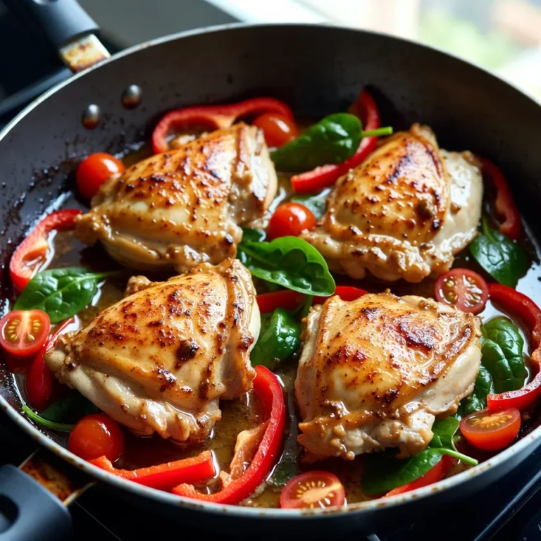 - 4 boneless, skinless chicken thighs - 1/4 cup Dijon mustard - 1/4 cup pure maple syrup - 2 tablespoons olive oil - 3 cloves garlic, minced - 1 tablespoon apple cider vinegar - 1 teaspoon dried thyme - 1 teaspoon smoked paprika - 1 cup baby spinach - 1 red bell pepper, sliced - 1 cup cherry tomatoes, halved The main ingredients for One Pan Maple Dijon Chicken create a sweet and savory dish. The chicken thighs are juicy and tender. The Dijon mustard adds a zesty flavor. The pure maple syrup brings sweetness that balances the tangy mustard. For additional ingredients, olive oil helps to keep the chicken moist. Garlic adds a rich aroma and taste. Apple cider vinegar gives a slight tang that rounds out the flavors. Seasonings and vegetables make this dish colorful and healthy. Dried thyme offers a warm, earthy note. Smoked paprika provides a hint of smokiness. Baby spinach adds a pop of green and nutrients. Red bell pepper and cherry tomatoes add sweetness and crunch. Using these ingredients ensures a delicious meal that is easy to make. Each component plays a role in making the dish shine. Enjoy combining these flavors for a tasty weeknight dinner! {{ingredient_image_1}} To start, grab a medium bowl. In this bowl, mix the Dijon mustard, pure maple syrup, olive oil, minced garlic, apple cider vinegar, dried thyme, smoked paprika, salt, and pepper. Whisk these ingredients together until they blend well. This sauce will give the chicken a sweet and tangy taste. Make sure the chicken is well-coated when you add it later. Next, take your chicken thighs and place them in a large zip-lock bag or a shallow dish. Pour the marinade over the chicken. It is key to ensure that each piece is coated evenly. For best results, let the chicken marinate in the fridge. Aim for at least 30 minutes. If you have time, marinate for up to 4 hours. This helps the flavors soak into the chicken. First, preheat your oven to 400°F (200°C). Then, heat a little olive oil in a large oven-safe skillet over medium-high heat. Once hot, add the marinated chicken thighs, making sure to reserve the leftover marinade. Sear each side for 3-4 minutes until you see a golden-brown crust. Next, reduce the heat to medium. Add the sliced red bell pepper, cherry tomatoes, and baby spinach around the chicken. Finally, pour the reserved marinade evenly over the chicken and veggies. Transfer the skillet to the preheated oven and bake for 20-25 minutes. The chicken is done when it reaches an internal temperature of 165°F (74°C). To achieve the perfect sear on chicken, start with a hot skillet. Use medium-high heat and add olive oil. Once the oil is shimmering, place the marinated chicken thighs in the skillet. Cook each side for about 3-4 minutes. This gives a nice golden-brown crust. Avoid moving the chicken too much; let it sit to get that great sear. To ensure chicken is cooked through, you need to check the internal temperature. Use a meat thermometer to confirm it reaches 165°F (74°C). This keeps the chicken juicy and safe to eat. After baking, let it rest for a few minutes. This helps the juices settle back into the meat. For plating, you can serve straight from the skillet for a rustic look. Alternatively, use a large platter to showcase the chicken and vegetables. Drizzle any remaining sauce on top for added flavor. Garnish with fresh thyme or parsley to add color. For complementary side dishes, consider serving this chicken with roasted potatoes or a simple green salad. The crunchy greens balance the sweet and tangy flavors of the chicken. Rice or quinoa also pairs nicely, soaking up the delicious sauce. One common mistake is over-marinating the chicken. While marinating adds flavor, too long can make the chicken mushy. Aim for 30 minutes to 4 hours for the best texture. Another mistake is incorrect oven temperature. Always preheat your oven to 400°F (200°C) before baking. If the temperature is too low, the chicken won't cook evenly. If it's too high, the outside may burn while the inside remains undercooked. Pro Tips Marination Time: For the best flavor, allow the chicken to marinate for at least 2 hours, or even overnight. This gives the flavors time to penetrate the meat. Vegetable Variations: Feel free to swap in your favorite vegetables, such as zucchini or asparagus, for a personalized touch. Just ensure they're cut into similar sizes for even cooking. Perfectly Cooked Chicken: Use a meat thermometer to check for doneness. The internal temperature should reach 165°F (74°C) for safe consumption. Leftover Storage: Store any leftovers in an airtight container in the refrigerator for up to 3 days. Reheat gently on the stove or in the oven to maintain texture. {{image_2}} You can switch up the chicken if you want. Try using chicken breasts instead of thighs. They cook faster and stay juicy. If you prefer, you can also use turkey thighs or breasts. Both options give you a tasty dish. Adding different veggies can change the dish. You might try zucchini or asparagus for a new taste. Carrots or broccoli also work well in this recipe. Feel free to add your favorite herbs, too. Basil or rosemary can bring a fresh vibe. You can even mix in some chili flakes for a spicy kick! If you need gluten-free options, use gluten-free Dijon mustard. Most pure maple syrups are already gluten-free, so you’re safe there. For those on low-sugar diets, cut back on the maple syrup. You can substitute with a sugar-free syrup. This keeps the flavor without the extra sugar. Adjust the vinegar to balance the taste and enjoy! To keep your One Pan Maple Dijon Chicken fresh, follow these steps: - Let the dish cool to room temperature. - Place leftovers in an airtight container. - Use glass or BPA-free plastic containers for safety. - Store in the fridge for up to 3 days. This method keeps the chicken moist and tasty. When reheating, aim to preserve the chicken’s juicy flavor. Here are some methods: - Microwave: Heat on medium power for 1-2 minutes. Stir halfway through. - Oven: Preheat to 350°F (175°C). Cover the dish with foil and heat for 10-15 minutes. - Skillet: Reheat on medium heat for 5-7 minutes, adding a splash of broth to keep it moist. Leftovers can last in the fridge for about 3 days. You can freeze this dish to enjoy later. Consider these tips: - Cooked Chicken: Cool completely, then wrap tightly in plastic wrap. Place in a freezer-safe bag. It lasts up to 3 months. - Uncooked Chicken: Marinate the chicken, then freeze it in the marinade for the best taste. Use within 3 months. - Thawing: For best quality, thaw in the fridge overnight. Avoid thawing at room temperature to keep it safe. These methods ensure your One Pan Maple Dijon Chicken stays delicious and ready for your next meal! Marinate the chicken for at least 30 minutes. This gives the flavors time to soak in. For better taste, marinate for up to 4 hours. The longer you marinate, the more flavor the chicken will have. Just keep it in the fridge while it sits. Yes, you can prepare the chicken ahead of time. Marinate the chicken the night before. You can also chop the veggies early. Just keep everything in the fridge. When you are ready to cook, it will be simple and quick. This dish pairs well with many sides. Here are some great options: - Steamed rice - Quinoa - Roasted potatoes - Mixed greens salad - Garlic bread Choose what you love best to make your meal complete! This blog covered how to create a delicious One Pan Maple Dijon Chicken. We explored key ingredients, like chicken thighs and maple syrup, and learned simple steps for marinating and cooking. I shared tips to avoid common mistakes and ideas for delicious side dishes. In the end, this recipe is flexible. You can swap proteins or add veggies to suit your taste. Enjoy your cooking and have fun with this dish!