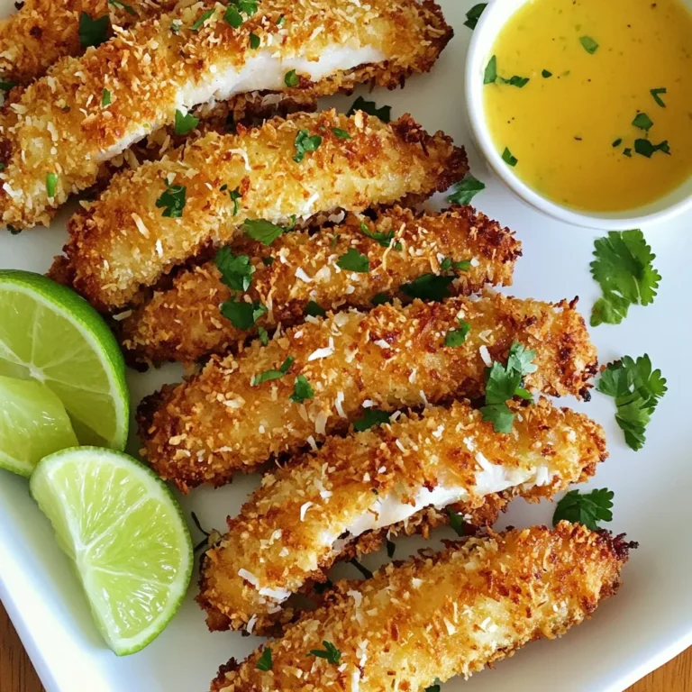 To make crispy coconut chicken strips, you will need: - 1 lb chicken breast, cut into strips - 1 cup all-purpose flour - 2 large eggs - 1 cup shredded coconut (sweetened or unsweetened) - 1 cup panko breadcrumbs - 1 teaspoon garlic powder - 1 teaspoon paprika - Salt and pepper to taste - 1 tablespoon honey - 1 tablespoon lime juice - Cooking oil for frying To ensure your chicken strips turn out perfect, measure carefully. Use a dry measuring cup for flour and panko. When measuring liquids, use a liquid measuring cup for the honey and lime juice. This helps you get the right amount. Remember, too much flour can make the coating heavy. Also, check your chicken breast for even strips. Even pieces cook better and more evenly. If you have specific dietary needs, you can make easy swaps. For a gluten-free version, use gluten-free flour and gluten-free panko. You can also use almond flour as a substitute for regular flour. If you want to skip eggs, try using a flaxseed mixture. Mix 1 tablespoon of ground flaxseed with 2.5 tablespoons of water. Let it sit for five minutes to thicken. This will help the coating stick just like eggs. {{ingredient_image_1}} To make crispy coconut chicken strips, follow these steps closely. First, prepare your chicken. Cut 1 pound of chicken breast into long strips. This helps them cook evenly. Next, mix your flour, garlic powder, paprika, salt, and pepper in a shallow bowl. This seasoned flour gives great flavor. In a different bowl, whisk together 2 large eggs until they are well blended. This will help the coating stick to the chicken. Now, in another shallow bowl, mix 1 cup of shredded coconut with 1 cup of panko breadcrumbs. This mixture will create a crunchy coating. You’re ready to coat the chicken! Start by dipping each chicken strip into the seasoned flour. Make sure the chicken is fully coated. Then, shake off any extra flour. Next, dip the chicken into the egg mixture. Let any extra egg drip off. Finally, coat the chicken in the coconut and panko mix. Press gently so it sticks well. Repeat this for all chicken strips. Heat about 1 inch of cooking oil in a large skillet over medium-high heat. To check if the oil is ready, drop a bit of the coconut mixture into it. If it sizzles, the oil is hot enough. Carefully place the coated chicken strips in the hot oil. Fry them for 3 to 4 minutes on each side. They should turn golden brown and be fully cooked. When done, transfer the strips to a plate lined with paper towels. This absorbs any extra oil. - Coating: Make sure to coat the chicken well at each step. This keeps the flavors locked in. - Oil Temperature: Keep an eye on the oil temperature. If it’s too hot, the coating can burn. If it’s too cold, the chicken absorbs too much oil. - Batch Cooking: Fry the chicken in batches. Overcrowding the pan can lower the oil’s temperature, leading to soggy strips. For visual help, you can search for video tutorials online. These can show you the coating process step-by-step. Watching someone else helps you see how the chicken should look at each stage. Look for videos that show frying tips too. Seeing how the chicken turns golden brown gives you a good idea of when it’s done. To make your chicken strips extra crispy, use panko breadcrumbs. Panko gives a light, airy crunch. Make sure to press the coconut-panko mix onto the chicken firmly. This helps it stick better. Fry in hot oil, about 350°F. Test the oil with a small piece of the coating. If it sizzles, you are ready to fry. Fry only a few strips at a time. This keeps the oil hot and helps them cook evenly. For frying, I recommend using vegetable oil or canola oil. Both have high smoke points, making them great for frying. You can also use coconut oil for added flavor, but it may have a lower smoke point. Be sure to heat about one inch of oil in your skillet. This depth allows the strips to be fully submerged, leading to even cooking. One common mistake is overcrowding the pan. This cools the oil and makes strips soggy. Always fry in small batches. Another mistake is not shaking off excess flour or egg. This excess can create a heavy coating that doesn’t crisp well. Finally, do not skip the paper towel step after frying. This helps absorb any extra oil, keeping your chicken strips light and crispy. Pro Tips Use Fresh Ingredients: Always opt for fresh chicken and coconut for the best flavor and texture in your crispy strips. Control the Oil Temperature: Maintaining the right oil temperature is crucial; too hot will burn the coating, while too cool will make them soggy. Customize the Seasoning: Feel free to add your favorite spices to the flour mixture for a personal twist on flavor. Rest After Frying: Allow the chicken strips to rest on paper towels for a few minutes before serving to ensure they remain crispy. {{image_2}} You can easily add flavor to your crispy coconut chicken strips. Try mixing in spices like cayenne pepper for heat. You can also use cumin or coriander for a warm taste. Adding a pinch of black pepper gives a nice kick too. These spices will make the chicken even more exciting. Feel free to experiment with your favorite herbs. A dash of dried oregano or thyme can add a nice touch. If you need gluten-free options, use almond flour instead of regular flour. You can also use coconut flour for a coconut boost. For the breadcrumbs, try crushed gluten-free crackers or cornflakes. They will still give you that crunchy bite. You won’t lose any flavor with these swaps. These options ensure everyone can enjoy your crispy chicken strips. Great sides to pair with these chicken strips include fresh salads or rice. A tangy slaw is also a perfect match. For dips, the honey-lime sauce is a must-try. You can also serve it with sweet chili sauce for a different twist. A creamy ranch or garlic aioli adds a nice touch too. Serve on a platter with lime wedges for a fun look. Enjoy your meal with family and friends! To keep your crispy coconut chicken strips fresh, let them cool first. Place them in an airtight container. This will help keep them from getting soggy. You can store them in the fridge for up to three days. For best flavor, eat them within this time frame. When you want to eat those strips again, heat your oven to 375°F. Place the chicken strips on a baking sheet. Bake for about 10-15 minutes. This will make them hot and crispy again. Avoid using the microwave. It can make them soft and chewy. If you want to save your chicken strips for later, freezing is a great option. First, let them cool completely. Then, arrange them in a single layer on a baking sheet. Freeze until solid, about 1-2 hours. After that, place them in a freezer bag or container. They can last up to three months in the freezer. When ready to eat, thaw them in the fridge overnight before reheating. Yes, you can bake the chicken strips! Baking is a healthier option. Preheat your oven to 400°F (200°C). Place the coated strips on a baking sheet lined with parchment paper. Bake for about 20-25 minutes. Flip them halfway through. This will help them get crispy on both sides. Keep an eye on them to avoid burning. If they are golden brown, they are ready to eat! You can choose either sweetened or unsweetened coconut. Sweetened coconut adds extra flavor and a hint of sweetness. Unsweetened coconut gives a more natural taste. If you like a sweeter dish, go for sweetened. For a more savory flavor, use unsweetened. Both will give you a delicious crunch. Check the color and temperature to know if the chicken is cooked. The outside should be golden brown. Use a meat thermometer to check the inside. The chicken should reach 165°F (75°C). If you don’t have a thermometer, cut into a strip. The meat should be white and no longer pink. You learned how to make crispy coconut chicken strips in this guide. We covered ingredients, step-by-step cooking, tips for crispiness, and variations. Remember to store leftovers properly and reheat them for the best taste. Don't hesitate to experiment with flavors or coatings to match your needs. These chicken strips are sure to impress anyone at your table. Enjoy your cooking journey!