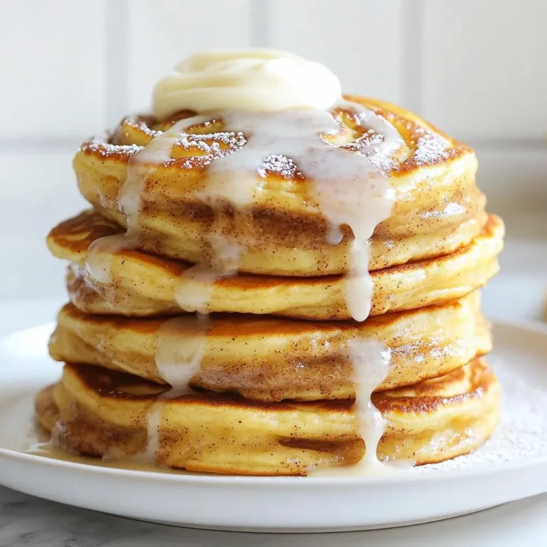 To make delicious cinnamon roll pancakes, gather these ingredients: - 1 cup all-purpose flour - 2 tablespoons sugar - 1 teaspoon baking powder - 1/2 teaspoon baking soda - 1/4 teaspoon salt - 1 cup buttermilk - 1 large egg - 2 tablespoons melted butter - 1 teaspoon vanilla extract - 1/3 cup brown sugar - 1 tablespoon ground cinnamon - 1 tablespoon butter (for cooking) These ingredients create fluffy pancakes with a sweet cinnamon swirl that everyone loves. You can add extra treats to boost the flavor: - Cream cheese glaze (for drizzling) - Fresh fruit (like strawberries or bananas) - Whipped cream - Chopped nuts (such as pecans or walnuts) These options make your pancakes even more special and fun! If you need to swap some ingredients, here are a few ideas: - All-purpose flour: Use whole wheat flour for a healthier option. - Buttermilk: Mix 1 cup of milk with 1 tablespoon of vinegar. Let it sit for 5 minutes. - Egg: Use a flax egg (1 tablespoon ground flaxseed with 2.5 tablespoons water) for a vegan option. - Brown sugar: Use white sugar with a bit of molasses for a similar flavor. These substitutes work well and still create tasty pancakes. Enjoy your cooking! {{ingredient_image_1}} First, grab a large mixing bowl. Add 1 cup of all-purpose flour, 2 tablespoons of sugar, 1 teaspoon of baking powder, 1/2 teaspoon of baking soda, and 1/4 teaspoon of salt. Mix these dry ingredients well. This step is key for even flavor. Next, take a separate bowl. Whisk together 1 cup of buttermilk, 1 large egg, 2 tablespoons of melted butter, and 1 teaspoon of vanilla extract. Make sure these ingredients blend smoothly. Pour this mixture into the dry ingredients. Stir gently until just combined. A few lumps are okay; do not overmix. In a small bowl, mix together 1/3 cup of brown sugar and 1 tablespoon of ground cinnamon. This will be your cinnamon swirl mixture. Set this bowl aside for later. Heat a non-stick skillet over medium heat. Add 1 tablespoon of butter to coat the skillet. Pour 1/4 cup of pancake batter onto the skillet. Quickly drizzle about 1 tablespoon of the cinnamon swirl mixture in a spiral on top. Use a toothpick to swirl the cinnamon mixture lightly into the batter. Cook until bubbles form on the surface, about 2-3 minutes. Flip the pancake and cook for another 2 minutes until golden brown. Repeat with the rest of the batter and cinnamon mixture, adding more butter as needed. Serve your pancakes warm. A drizzle of cream cheese glaze on top adds extra sweetness. Fresh fruit or whipped cream also makes a great topping. Enjoy your sweet breakfast delight! To make the best cinnamon roll pancakes, start with fresh ingredients. Use good quality flour and fresh baking powder. Mix the dry ingredients well, but don't overmix the batter. A few lumps help keep the pancakes fluffy. When cooking, make sure your skillet is hot enough. You can test it by sprinkling a few drops of water. If they sizzle, it’s ready. Drizzle the cinnamon swirl quickly to keep it from sinking. Swirl it gently with a toothpick for that perfect look. If you have leftover pancakes, store them in an airtight container. They will stay fresh in the fridge for up to three days. To keep them from sticking, place parchment paper between the pancakes. You can also freeze them for longer storage. Just stack them with parchment paper and place them in a freezer bag. They will last for about two months in the freezer. Want to change the sweetness? You can add more or less sugar to the batter. If you like a sweeter pancake, use two tablespoons of sugar instead of one. For more cinnamon flavor, increase the cinnamon in the swirl. Try adding a bit more than one tablespoon, but be careful. Too much can overpower the dish. Always taste the batter first. This way, you can find the perfect balance for your taste buds. Pro Tips Use Room Temperature Ingredients: Ensure your buttermilk and egg are at room temperature for a smoother batter and fluffier pancakes. Don't Overmix: Overmixing can lead to tough pancakes. Mix until just combined for the best texture. Keep the Heat Moderate: Cooking on medium heat allows the pancakes to cook through without burning the outsides. Adjust as necessary. Make Ahead: You can prepare the dry ingredients in advance and store them in an airtight container for quick pancake prep later. {{image_2}} You can easily make nut-free cinnamon roll pancakes. Just skip any nuts you might add. The pancakes still taste great without them. This way, everyone can enjoy them safely. You can focus on the sweet cinnamon flavor and rich glaze. To make vegan cinnamon roll pancakes, swap the egg and buttermilk. Use a flax egg instead of an egg. Mix one tablespoon of flaxseed meal with two and a half tablespoons of water. Let it sit until it thickens. For buttermilk, use plant milk with a splash of vinegar. Almond milk or soy milk works perfectly. These changes keep the flavor while making it vegan. Want to jazz up your pancakes? Add fun flavors! You can mix in chocolate chips for a sweet twist. Toss in some chopped pecans or walnuts for crunch. You can even add a sprinkle of vanilla extract for extra flavor. These additions make every bite more exciting. Mix and match to find your favorite combo! Cinnamon roll pancakes can stay fresh in the fridge. Let them cool first. Place them in an airtight container. They will last up to three days. If you want to enjoy them later, just reheat them. To freeze cinnamon roll pancakes, stack them with parchment paper in between. This keeps them from sticking together. Wrap the stack in plastic wrap and place it in a freezer bag. They can stay in the freezer for up to three months. When you want them, just take out what you need and thaw them overnight in the fridge. For reheating, use the microwave or a skillet. If using a microwave, heat each pancake for about 20-30 seconds. If you prefer the skillet, heat it on low. Add a little butter and warm each side for a minute. This helps keep them fluffy and tasty. If you have cream cheese glaze, drizzle it on after reheating for extra flavor. To make cinnamon roll pancakes from scratch, you need basic ingredients. Start with flour, sugar, baking powder, baking soda, salt, buttermilk, an egg, melted butter, and vanilla extract. Mix the dry ingredients in one bowl and the wet ingredients in another. Combine both mixtures gently. Next, mix brown sugar and cinnamon in a small bowl. Heat a non-stick skillet and add butter. Pour 1/4 cup of batter onto the skillet, then swirl in the cinnamon mixture. Cook until bubbles form, flip, and cook until golden brown. Yes, you can use different types of milk. Almond milk, soy milk, or oat milk work well. Just make sure the milk is a similar consistency to buttermilk. If you use regular milk, add a bit of vinegar or lemon juice to mimic buttermilk's tang. The best topping for cinnamon roll pancakes is a cream cheese glaze. It adds sweetness and creaminess. You can also use maple syrup or whipped cream if you prefer. Fresh fruits like berries or sliced bananas also pair well with these pancakes. To prevent pancakes from sticking, use a non-stick skillet or griddle. Always preheat your skillet properly before adding batter. Use a little butter or cooking spray for extra insurance. If pancakes stick, let them cook a bit longer. They will release easily when ready to flip. This blog taught you how to make cinnamon roll pancakes from scratch. We covered key ingredients, step-by-step cooking, and handy tips. You learned how to adjust flavors and store leftovers, keeping your pancakes fresh. With a few easy variations, you can make these pancakes fit any diet. Enjoy exploring different flavors and serving ideas. Happy cooking!