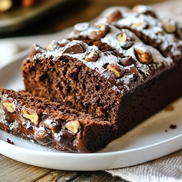 To make this double chocolate zucchini bread, you need the following items: - 1 cup grated zucchini (about 1 medium zucchini) - 1 cup all-purpose flour - 1/2 cup unsweetened cocoa powder - 1 teaspoon baking soda - 1/2 teaspoon baking powder - 1/4 teaspoon salt - 1/2 cup granulated sugar - 1/2 cup brown sugar, packed - 1/2 cup vegetable oil - 2 large eggs - 1 teaspoon vanilla extract - 1/2 cup semi-sweet chocolate chips - 1/4 cup walnuts or pecans, chopped (optional) Each ingredient plays a vital role. The zucchini adds moisture without a strong flavor. Sugar gives sweetness and helps the bread rise. Cocoa powder adds rich chocolate taste. Eggs bind the mix and help it rise. This bread serves about eight slices. Each slice has around: - Calories: 200 - Protein: 3g - Total Fat: 10g - Saturated Fat: 1g - Carbohydrates: 27g - Fiber: 2g - Sugar: 10g The nutritional benefits of zucchini make this bread a fun treat. You get fiber from both the zucchini and the whole grains. You can boost flavor and texture with these extras: - 1/4 cup chopped nuts (walnuts or pecans) - 1/2 cup dried cherries or cranberries - 1 teaspoon ground cinnamon for warmth - A splash of espresso for rich taste Adding these options can take your double chocolate zucchini bread to the next level. The nuts give a nice crunch. Dried fruits add sweetness and chewiness. {{ingredient_image_1}} First, wash the zucchini well. Grate it using a box grater or food processor. You need one cup of grated zucchini, which is about one medium zucchini. Place the grated zucchini in a bowl and add a pinch of salt. Let it sit for about ten minutes. This step helps to remove some moisture from the zucchini. After ten minutes, gently squeeze the zucchini to get rid of excess liquid. This keeps your bread from being too soggy. In a medium bowl, combine the dry ingredients. You will need one cup of all-purpose flour, half a cup of unsweetened cocoa powder, one teaspoon of baking soda, half a teaspoon of baking powder, and a quarter teaspoon of salt. Whisk them together until they mix well. In a large bowl, mix the wet ingredients. Combine half a cup of granulated sugar, half a cup of packed brown sugar, half a cup of vegetable oil, two large eggs, and one teaspoon of vanilla extract. Whisk this mixture until it is smooth and creamy. Slowly add the dry mix to the wet mix. Stir gently until just combined. Be careful not to overmix. Finally, fold in the grated zucchini, half a cup of semi-sweet chocolate chips, and nuts if you choose to use them. Preheat your oven to 350°F (175°C). Grease and flour a 9x5-inch loaf pan or line it with parchment paper. Pour the batter into the prepared pan, spreading it evenly with a spatula. Bake your bread in the preheated oven for 50 to 60 minutes. Check for doneness by inserting a toothpick in the center. It should come out clean or with a few moist crumbs. Once baked, take the bread out and let it cool in the pan for about 10 to 15 minutes. After that, transfer it to a wire rack to cool completely. Bake your Double Chocolate Zucchini Bread at 350°F (175°C). This temperature helps it cook evenly. The baking time is key too. Aim for 50 to 60 minutes. Use a toothpick to test. If it comes out clean or with a few moist crumbs, your bread is done. The secret to moist zucchini bread is the grated zucchini. Squeeze out some excess liquid, but don’t remove it all. This keeps the bread soft. Also, the oil adds moisture. Use vegetable oil for the best results. Remember, don’t overmix the batter. This keeps the bread light and fluffy. For intense chocolate flavor, use high-quality cocoa powder. Unsweetened cocoa adds depth. Adding semi-sweet chocolate chips enhances the taste too. You can even mix in dark chocolate for a richer flavor. Don’t forget to balance the sweetness with both granulated and brown sugar. This gives your bread that decadent touch. Pro Tips Use Fresh Zucchini: Fresh, young zucchini will yield the best texture and flavor. Avoid large zucchinis as they are often more watery and can lead to a soggy bread. Don’t Overmix: When combining your wet and dry ingredients, mix just until combined. Overmixing can lead to a dense and tough bread. Check for Doneness: Ovens can vary in temperature, so start checking your bread at the 50-minute mark. A toothpick should come out clean or with a few moist crumbs. Storage Tips: Store your zucchini bread in an airtight container at room temperature for up to 3 days, or in the fridge for up to a week. You can also freeze it for longer storage. {{image_2}} You can easily make this bread gluten-free. Just swap the all-purpose flour for a gluten-free blend. Look for a mix that has a good rise. These blends often contain starches that mimic wheat flour. Use a cup for cup ratio. This way, your bread stays moist and chocolatey. Want to change up the sweetness? Try using honey or maple syrup instead of granulated sugar. Adjust the amounts since these are liquid sweeteners. You can also use coconut sugar for a deeper flavor. This gives a nice caramel touch while keeping it healthy. Mix-ins can make your double chocolate zucchini bread even more exciting. Try adding nuts like walnuts or pecans for crunch. You can also use dried fruits like raisins or cherries. For extra chocolate, throw in more chocolate chips or try white chocolate. Each mix-in adds a new layer of flavor and texture. Keep your double chocolate zucchini bread fresh by wrapping it tightly in plastic wrap. Place it in an airtight container or a resealable bag. Store it at room temperature for up to three days. If you want to keep it longer, follow the freezing instructions below. To freeze your zucchini bread, let it cool completely. Once cooled, wrap it in plastic wrap, then aluminum foil. This double wrap helps prevent freezer burn. You can freeze it for up to three months. When you are ready to enjoy it, simply thaw it in the fridge overnight. To reheat your bread, slice off the amount you want. Warm the slices in the microwave for about 10-15 seconds. If you prefer a crispier texture, toast the slices in a toaster or a skillet on low heat. Enjoy your warm, decadent bread with a touch of butter or a sprinkle of powdered sugar! Yes, you can use frozen zucchini. Just make sure to thaw it first. After thawing, squeeze out the extra moisture. This step helps keep your bread from being too wet. Frozen zucchini can work well in this recipe. To check if your bread is done, use a toothpick. Insert it into the center of the loaf. If it comes out clean or with a few moist crumbs, your bread is ready. The baking time is about 50-60 minutes, but ovens can vary. So, keep an eye on it. If your bread turns out too dry, you can add a bit of moisture. Try serving it with butter or cream cheese. You can also warm it up slightly in the microwave. If you make it again, try adding an extra egg or a bit more oil. This can help keep it moist. This blog post covered how to make delicious chocolate zucchini bread. We listed key ingredients, shared step-by-step instructions, and offered helpful tips. You can explore tasty variations and learn how to store your bread properly. Baking this bread is fun and easy. You get a rich treat packed with nutrition. Enjoy experimenting with ingredients and flavors. Trust me, your taste buds will be happy! Keep these tips in mind, and your baking will shine.