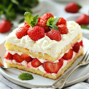 The ingredients for this strawberry shortcake icebox cake are simple and fresh. You will need: - Fresh strawberries - Granulated sugar - Heavy whipping cream - Powdered sugar - Vanilla extract - Sponge cake or ladyfinger cookies - Fresh mint leaves for garnish Each ingredient plays a key role. Fresh strawberries bring sweetness and color. Granulated sugar helps draw out the strawberry juices. Heavy whipping cream adds richness, while powdered sugar gives the cream a hint of sweetness. Vanilla extract deepens the flavor. The sponge cake or ladyfingers provide a soft base to soak up the strawberry juices. Finally, fresh mint leaves add a burst of color and a refreshing touch. Gather these items, and you're ready to make a delicious dessert that everyone will love! {{ingredient_image_1}} 1. First, we macerate the strawberries. In a medium bowl, mix 2 cups of sliced strawberries with 1/4 cup of granulated sugar. Toss them gently. Let them sit for 10 to 15 minutes. This will help the strawberries release their sweet juices. 2. Next, we whip the cream. In another bowl, use an electric mixer. Start whipping 1 cup of heavy cream. When it begins to thicken, add 1/2 cup of powdered sugar and 1 teaspoon of vanilla extract. Keep whipping until you see soft peaks form. This will create a fluffy, sweet layer. 1. For the first layer, choose your base. If you have sponge cake, slice it into rounds. If you have ladyfingers, you can use them whole. Place the cake or ladyfingers at the bottom of a 9x13 inch baking dish. 2. Now, add the second layer. Spoon the whipped cream mixture over the cake. Spread it evenly with a spatula. 3. For the third layer, add the strawberries. Spoon the macerated strawberries over the whipped cream. Don't forget to include some of the strawberry juice for extra flavor. 4. Repeat these layers: cake, whipped cream, and strawberries. Keep going until the dish is full. End with a nice layer of whipped cream on top. 1. Cover the dish with plastic wrap. Place it in the refrigerator for at least 4 hours. If you want the best taste, let it chill overnight. This helps the flavors blend and the cake to soften. 2. Before serving, take off the wrap and garnish the top. Add fresh mint leaves and a few extra strawberry slices. This adds a nice touch and makes it look pretty! Maceration helps make the strawberries juicy and sweet. Here are some tips: - Allowing adequate time for juices: After mixing the strawberries with sugar, let them sit for 10 to 15 minutes. This time lets the sugar pull out the juice. You want a nice syrup to mix with the cake layers. - Sweetness considerations: Adjust the sugar based on your taste and the strawberry's ripeness. Some strawberries need more sugar. Test a slice before mixing. Whipping the cream is key for a light texture. Follow these tips: - Achieving the right consistency: Start whipping the cream on low speed. Slowly increase to medium-high. Stop when you see soft peaks. Don&rsquo;t over-whip, or it will turn into butter! - Using chilled equipment: Keep your mixing bowl and beaters cold. This helps the cream whip faster and hold its shape better. You can chill them in the fridge or freezer for a few minutes. Layering makes the cake beautiful and tasty. Here are some methods to ensure success: - Tips for even layers: Use a spatula to spread the whipped cream. Make sure each layer is even. This helps the cake look neat and helps all flavors mix well. - Avoiding sogginess: Use just enough strawberry juice in each layer. Too much juice can make the cake soggy. Keep the sponge cake or ladyfingers firm to hold up well. Pro Tips Use Fresh Strawberries: For the best flavor, use ripe, fresh strawberries. They should be sweet and juicy to enhance the overall dessert. Chill the Whipped Cream: For a more stable whipped cream, chill your mixing bowl and beaters before whipping the cream. This helps achieve better peaks. Layering Technique: Ensure each layer is spread evenly to create a beautiful presentation. Don't skimp on the strawberry juice as it adds flavor and moisture. Overnight Rest: Allowing the icebox cake to chill overnight not only enhances the flavors but also helps the cake layers soften beautifully. {{image_2}} You can switch up the fruit in this cake. Try using blueberries or raspberries instead of strawberries. They add a new flavor and look pretty too. Mixing different fruits together can create a fun twist. You can use peaches, cherries, or even a mix of berries. Just make sure to adjust the sugar based on how sweet the fruit is. Want to elevate your cake? Adding citrus zest can brighten the flavors. Try lemon or orange zest for a fresh taste. You can also incorporate liqueurs like Grand Marnier or Amaretto. Just mix a little into your whipped cream for extra depth. This small change can make a big difference in flavor. Looking for healthier options? You can make a low-sugar version of this cake. Use less sugar in the strawberries and whipped cream. Another option is to swap heavy cream for Greek yogurt. This will cut down on fat and add protein. It still tastes great and keeps the cake creamy. To keep your Strawberry Shortcake Icebox Cake fresh, use an airtight container. This helps prevent air from drying it out. You can also cover the dish tightly with plastic wrap. Chilling is key. Aim for at least four hours, but overnight is best. It allows flavors to mix well and the cake to soften perfectly. Yes, you can freeze this cake! Slice it into portions before freezing for easy servings. Wrap each piece in plastic wrap and place them in a freezer-safe bag. To thaw, move the cake to the fridge for several hours or overnight. Avoid thawing at room temperature to keep the texture nice. In the fridge, your cake lasts about three days. After that, it may lose its freshness. Look for signs of spoilage like a sour smell or changes in texture. If the strawberries turn mushy or the cream looks off, it&rsquo;s time to toss it. Enjoy your delicious creation while it&rsquo;s at its best! You can use whole milk or half-and-half as a substitute. Both will work, but they will not whip up as thick. If you want a thicker texture, try using coconut cream. It gives a nice flavor and works well in desserts. The cake can last up to three days in the fridge. Make sure to cover it well. If you see any signs of spoilage, like a sour smell, it&rsquo;s best to throw it away. Yes, you can make it a day ahead. The longer it sits, the better the flavors blend. Just remember to cover it well and chill it in the fridge. Fresh strawberries make the cake taste great. You can use frozen strawberries, but they may be mushy. If you use frozen, let them thaw and drain excess juice before adding them. Yes, you can use store-bought whipped cream. It saves time and is handy for quick desserts. Just make sure to get a good brand for the best taste. In this blog post, we covered how to make a Strawberry Shortcake Icebox Cake. You learned about the key ingredients, from fresh strawberries to sponge cake. I gave you step-by-step guides for preparation, layering, and chilling. I shared useful tips for perfecting each step and explored delicious variations. Proper storage methods and answers to common questions helped clarify the process. This cake is a fun and tasty treat you can easily enjoy. Don't hesitate to try it out!