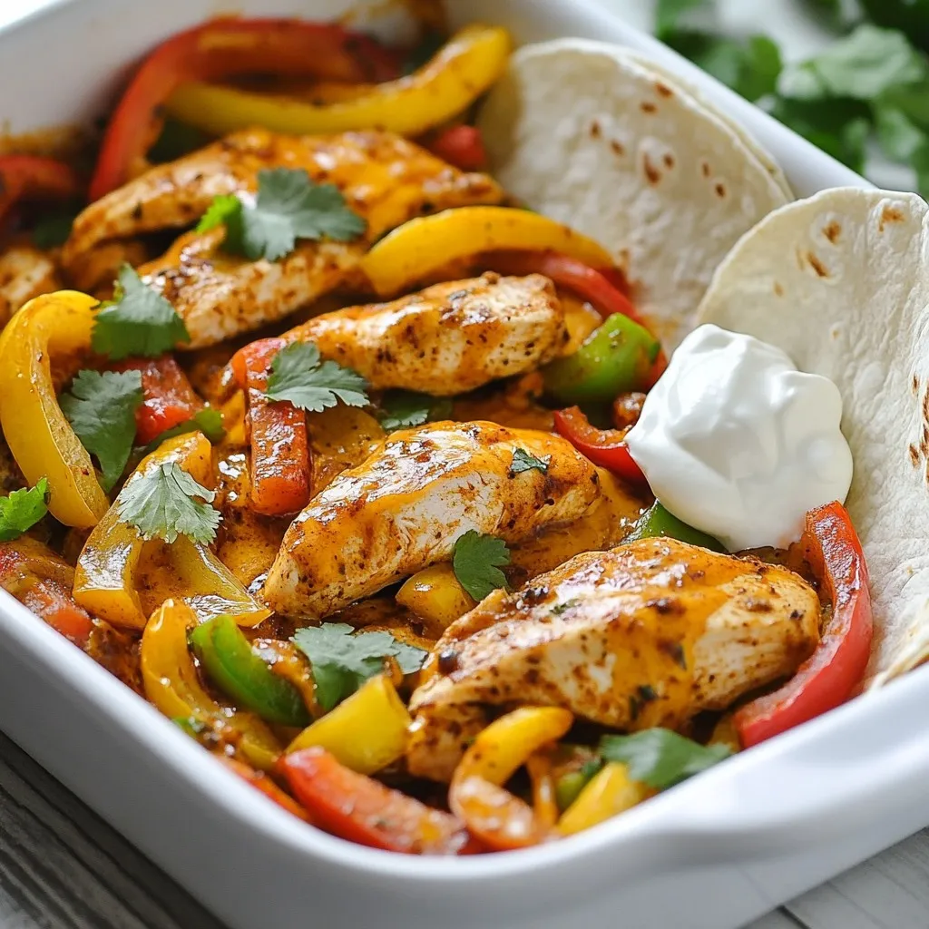 For this easy chicken fajita bake, you need a few key items. Here’s what to gather: - 4 boneless, skinless chicken breasts - 1 red bell pepper, sliced - 1 green bell pepper, sliced - 1 yellow onion, sliced - 1 cup shredded cheddar cheese These ingredients form the base of the dish. The chicken stays juicy, while the peppers and onions add great flavor and color. Now, let’s spice things up! The right spices make this dish pop. Here’s what you’ll need: - 2 teaspoons chili powder - 1 teaspoon cumin - 1 teaspoon smoked paprika - ½ teaspoon garlic powder - ½ teaspoon salt - ¼ teaspoon black pepper Each spice brings its own taste. The chili powder adds heat, while smoked paprika gives a nice depth. Want to add more flair? Here are some tasty options to serve with your fajita bake: - ½ cup sour cream (for serving) - Fresh cilantro, chopped (for garnish) - Flour tortillas (for serving) These toppings and sides make your meal more fun and delicious. Sour cream cools the heat, and cilantro adds freshness. Warm flour tortillas are perfect for wrapping up the tasty chicken and veggies. {{ingredient_image_1}} First, I set my oven to 400°F (200°C). This step heats the oven for even cooking. Next, I grab a large baking dish for the chicken. I place the four chicken breasts in a single layer. This helps them cook evenly. Next, I measure out the spices: 2 teaspoons of chili powder, 1 teaspoon of cumin, 1 teaspoon of smoked paprika, ½ teaspoon of garlic powder, ½ teaspoon of salt, and ¼ teaspoon of black pepper. I sprinkle these spices evenly over the chicken. Now, I slice one red bell pepper, one green bell pepper, and one yellow onion. I layer the sliced veggies on top of the chicken. I gently toss them to coat with the spices. This adds flavor to both the chicken and vegetables. I cover the baking dish tightly with aluminum foil. This keeps the moisture in while baking. I place the dish in the preheated oven and bake for 30 minutes. After that, I carefully remove the foil. I bake it for another 15 minutes. I check that the chicken is cooked through, reaching 165°F (75°C), and that the veggies are tender. This timing ensures everything is perfectly cooked. Once the chicken and veggies are done, I take the dish out of the oven. I sprinkle 1 cup of shredded cheddar cheese over the top. The cheese melts nicely when I return the dish to the oven for 5 more minutes. I watch as it becomes bubbly and golden. After baking, I let the dish cool for a few minutes. Then, I slice the chicken into strips. To serve, I add warm flour tortillas, a dollop of sour cream, and a sprinkle of fresh cilantro on top. This adds a fresh touch to the dish. To keep your chicken juicy, start with fresh, high-quality meat. Trim off any excess fat. Season the chicken well with spices before baking. Use a meat thermometer to check for doneness. The chicken should reach 165°F (75°C). Cover the dish with foil for the first part of baking. This traps steam and helps the chicken stay moist. Let the chicken rest for a few minutes after baking. This lets the juices settle back in. Use a mix of colorful veggies for the best taste and look. Slice the bell peppers and onion into even pieces. This ensures they cook at the same rate. Toss the veggies with the chicken and spices. This helps them soak up all the flavors. Roast the vegetables until they are tender and slightly caramelized. This adds a sweet touch and depth to the dish. Avoid overcooking to keep them crisp and vibrant. Serve your Easy Chicken Fajita Bake with warm flour tortillas. This makes it easy to scoop everything up. Add a dollop of sour cream for creaminess. Fresh cilantro adds a pop of flavor and color. You can also serve with lime wedges for a zesty twist. For a complete meal, pair it with a simple salad or some rice. This adds freshness and balance to the meal. Enjoy your tasty creation with family and friends! Pro Tips Marinate for Maximum Flavor: For even more flavor, marinate the chicken in the spices, lime juice, and a bit of oil for at least 30 minutes or overnight before baking. Use Fresh Veggies: Fresh vegetables not only enhance the flavor but also add a vibrant color to your dish. Consider adding zucchini or corn for extra texture. Customize Your Spice Level: Adjust the spice levels to your preference by adding jalapeños or using a spicier chili powder for a kick. Great for Meal Prep: This dish is perfect for meal prep! Make a larger batch and store leftovers in the fridge for up to 3 days or freeze for future meals. {{image_2}} You can turn this dish into a taco-style bake. Just add some taco seasoning to the chicken. You can also mix in black beans or corn for extra flavor. When serving, use taco shells instead of tortillas. This adds a fun twist everyone will love. For a healthier meal, swap chicken for turkey or tofu. You can use whole wheat tortillas instead of regular ones. Replace sour cream with Greek yogurt for a creamy touch. You can also add more veggies like zucchini or spinach to boost nutrition. If you're looking for a vegetarian option, skip the chicken entirely. Use a mix of your favorite vegetables like mushrooms, zucchini, and eggplant. Add beans for protein. The spices will still give you that fajita flavor. Serve with tortillas and enjoy a tasty, meat-free meal! To keep your Easy Chicken Fajita Bake fresh, store it in an airtight container. Allow the dish to cool to room temperature before sealing it. This prevents moisture build-up, which can make the chicken soggy. Store it in the fridge if you plan to eat it within three days. When it’s time to enjoy your leftovers, preheat your oven to 350°F (175°C). Place the fajita bake in a baking dish. Cover it with foil to keep it moist. Heat for about 20 minutes or until it’s warmed through. You can also use a microwave for quick reheating. Just heat in short bursts, checking often. If you want to save some for later, freezing is a great option. First, let the dish cool completely. Then, cut it into portions and wrap each piece tightly in plastic wrap. Place the wrapped portions into a freezer-safe bag. Label the bag with the date. It will stay good for up to three months. When you’re ready to eat, thaw it overnight in the fridge before reheating. Yes, you can use frozen chicken. Just remember to adjust the cooking time. Frozen chicken takes longer to cook. Always check the internal temperature. It should reach 165°F (75°C) for safety. I recommend thawing the chicken first for even cooking. If you dislike peppers, you have options. You can use zucchini or mushrooms instead. They add great flavor and texture. You could also try using corn for a sweet crunch. Feel free to mix and match your favorite veggies. To add heat, increase the chili powder. You can also add diced jalapeños. A splash of hot sauce works well too. If you want more depth, try adding cayenne pepper. Adjust to your taste for the perfect kick! This blog post covered the key ingredients and how to make a yummy fajita bake. I shared step-by-step instructions to ensure each flavor shines, plus tips for juicy chicken and great veggies. You also learned about fun variations and smart storage tips. As you try this recipe, remember the options available. Enjoy your fajita bake adventure, and don't forget to make it your own!