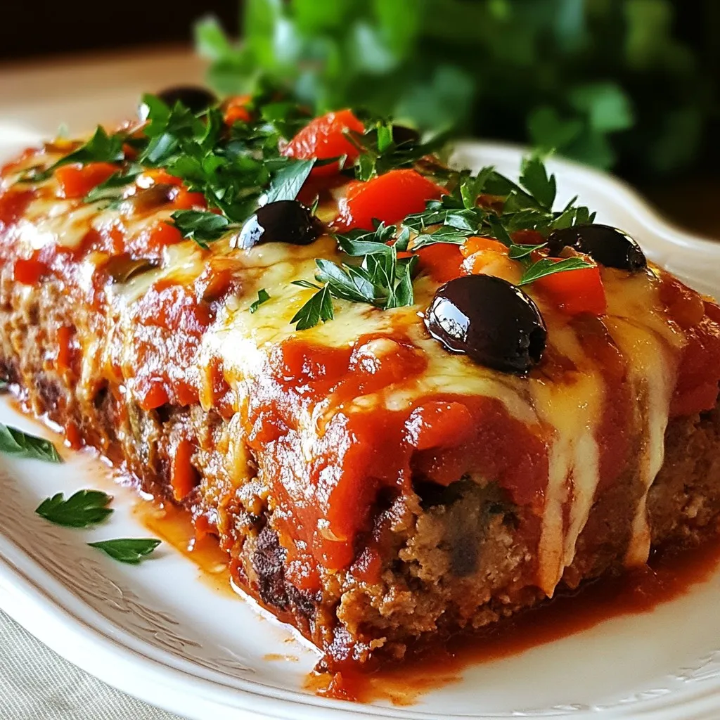 To make your stuffed Italian meatloaf, gather these key items: - 1.5 lbs ground beef - 1 cup Italian bread crumbs - 1/2 cup grated Parmesan cheese - 1/4 cup milk - 1/4 cup chopped fresh parsley - 1 egg - 2 cloves garlic, minced - 1 teaspoon dried oregano - 1 teaspoon dried basil - 1/2 teaspoon salt - 1/4 teaspoon black pepper - 1 cup marinara sauce (plus extra for serving) - 1 cup shredded mozzarella cheese - 1/2 cup roasted red peppers, chopped - 1/4 cup sliced black olives These ingredients create a rich and tasty meatloaf that is full of flavor. You can customize your meatloaf with these optional ingredients: - Spinach or kale for added greens - Feta cheese for a twist on flavors - Chopped onions for extra depth - Jalapeños for some heat These options let you put your own spin on the dish. If you need to change some items, here are some easy swaps: - Use turkey or chicken instead of beef for a lighter option. - Replace bread crumbs with crushed crackers or oats. - Swap Parmesan with cheddar or any cheese you like. - Use vegetable broth instead of milk for a dairy-free version. These substitutions can help you adjust the recipe to your taste and dietary needs. {{ingredient_image_1}} Start by preheating your oven to 350°F (175°C). In a large mixing bowl, combine these ingredients: - 1.5 lbs ground beef - 1 cup Italian bread crumbs - 1/2 cup grated Parmesan cheese - 1/4 cup milk - 1/4 cup chopped fresh parsley - 1 egg - 2 cloves garlic, minced - 1 teaspoon dried oregano - 1 teaspoon dried basil - 1/2 teaspoon salt - 1/4 teaspoon black pepper Mix everything well until it's blended smoothly. You want a nice and even mix for the best flavor. Next, take a sheet of parchment paper. Shape the meat mixture into a rectangle, about 1 inch thick. This will help with rolling. Spread a layer of marinara sauce evenly on top, leaving some space at the edges. Then, sprinkle a cup of shredded mozzarella cheese over the sauce. Add chopped roasted red peppers and sliced black olives for that extra kick. Now comes the fun part! Start rolling the meat mixture from one long side. Roll it carefully into a log shape. Make sure to tuck the fillings inside. Once rolled, secure the ends and place the meatloaf seam-side down in a baking dish. For extra flavor, brush any leftover marinara sauce on top. Bake the meatloaf in your preheated oven for 60 to 70 minutes. To check if it’s done, the internal temperature should reach 160°F (70°C). Once baked, let it rest for about 10 minutes before slicing. This helps keep all those juicy flavors locked in. Serve it with extra marinara sauce on the side for a delightful meal. Enjoy! To get the right texture, use fresh ingredients. Mix the ground beef with care. You want it well combined but not overworked. Overmixing can make the meatloaf dense. Adding Italian bread crumbs helps absorb moisture. This makes your meatloaf juicy and tender. Make sure your egg is well beaten before adding it. This helps bind the mixture without making it too heavy. Use a large mixing bowl for easy blending. A parchment paper sheet helps shape the meatloaf. A meat thermometer is key for checking doneness. It ensures your meatloaf hits 160°F (70°C). A baking dish is needed to hold the meatloaf while it bakes. A sharp knife will help you cut it evenly once it’s done. Don’t skip the resting time after baking. Letting it rest for about 10 minutes keeps it moist. If you rush to slice, it might fall apart. Avoid using dry bread crumbs. They can soak up too much moisture and lead to a dry meatloaf. Lastly, don’t forget to season well. A little extra salt and pepper can make a big difference in flavor. Pro Tips Use Fresh Herbs: Incorporating fresh parsley and basil enhances the flavor profile of the meatloaf, making it taste more vibrant and authentic. Don’t Overmix: When combining the meat mixture, mix just until combined. Overmixing can result in a dense and tough meatloaf. Let It Rest: Allow the meatloaf to rest for about 10 minutes after baking. This helps the juices redistribute, keeping the meatloaf moist when sliced. Experiment with Fillings: Feel free to customize the fillings. Try adding spinach, artichokes, or different cheeses to create your own signature stuffed meatloaf. {{image_2}} You can change the cheese in your stuffed meatloaf. While mozzarella gives a nice melt, you can try other cheeses too. Cheddar adds a sharp taste. Provolone brings an Italian twist. Goat cheese adds creaminess and tang. Mix and match to find your favorite! Adding veggies can boost flavor and nutrition. Spinach works well for a fresh taste. Mushrooms give a depth of flavor. You can also add zucchini or carrots, finely chopped. Feel free to get creative with different fillings. Just remember to keep them small for easy rolling. Seasonings can change the whole dish. If you want a kick, try red pepper flakes. For a more earthy flavor, add thyme or rosemary. You can also switch the marinara sauce. Barbecue sauce or pesto can make it unique. Find the blend that excites your palate! To store leftover stuffed meatloaf, let it cool first. Wrap it tightly in plastic wrap. You can also place it in an airtight container. This keeps it fresh for up to three days in the fridge. Make sure to label the container with the date. This way, you can track how long it has been stored. You can freeze stuffed meatloaf for longer storage. First, let it cool completely. Wrap it tightly in plastic wrap and then in aluminum foil. This prevents freezer burn. Label and date the package. The meatloaf can stay frozen for up to three months. For best results, slice it before freezing. This way, you can take out only what you need. When you’re ready to enjoy your meatloaf, reheat it properly. For best results, use the oven. Preheat your oven to 350°F (175°C). Place the meatloaf in an oven-safe dish and cover it with foil. This keeps it moist. Heat for about 25-30 minutes or until warmed through. If using the microwave, slice it first. Heat on a microwave-safe plate for 1-2 minutes. Check to ensure it’s heated evenly. Enjoy your delicious leftovers! Yes, you can make stuffed Italian meatloaf ahead of time. Prepare the meatloaf mixture and shape it. Place it in the fridge for up to 24 hours before baking. This saves time on busy days. Just remember to let it sit at room temp for about 15 minutes before baking. Stuffed Italian meatloaf pairs well with many sides. Here are some great options: - Fresh green salad - Garlic bread - Roasted vegetables - Mashed potatoes - Pasta with marinara sauce These sides add color and flavor to your meal. To check if the meatloaf is done, use a meat thermometer. Insert it into the center. It should read 160°F (70°C) for safe eating. You can also cut into the meatloaf. If the juices run clear and the meat is no longer pink, it’s ready. Let the meatloaf rest for about 10 minutes before slicing. This helps keep it juicy. In this post, we explored the making of stuffed Italian meatloaf. We covered key ingredients, preparation steps, and tips for perfect texture. Variations let you get creative with flavors and fillings. Plus, we shared how to store leftovers and reheat them well. Try these ideas to impress at your next meal. Stuffed Italian meatloaf is fun to make and enjoy! You’ll love how it tastes and feels special at the table. Get cooking and have fun with this dish!