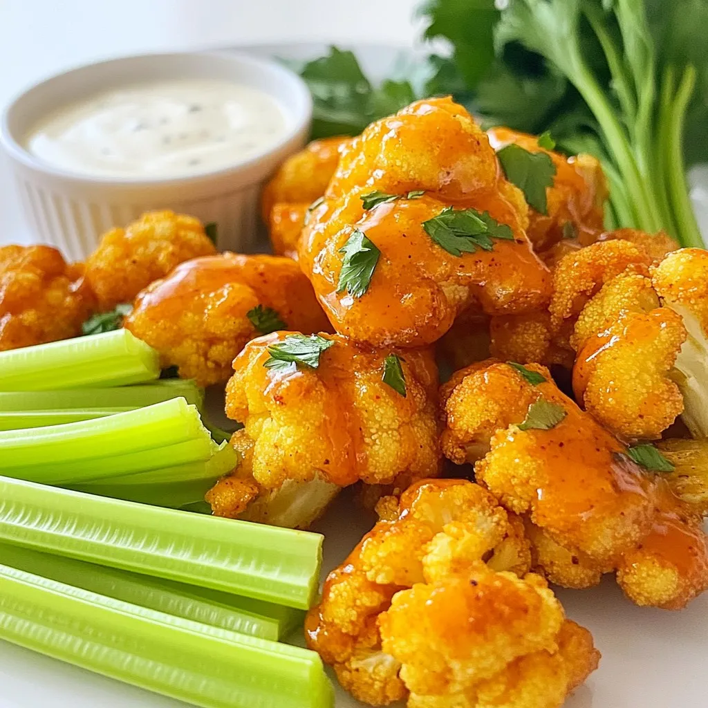 - Cauliflower florets - All-purpose flour - Buffalo sauce To make Buffalo Cauliflower Bites, you need fresh cauliflower florets. A large head of cauliflower works best. The flour helps create a crispy coating. You mix it with water to form a batter. The star of the show is the buffalo sauce. You can use store-bought or make your own. - Garlic powder - Onion powder - Smoked paprika - Salt and black pepper Spices add flavor and depth. Garlic powder gives a nice kick. Onion powder enhances the taste. Smoked paprika adds warmth and smokiness. Salt and black pepper balance everything out. These spices make your bites savory and irresistible. - Fresh celery sticks - Ranch dressing For serving, you can offer fresh celery sticks. They add crunch and freshness. Ranch dressing is a classic dip that pairs well. It cools down the heat from the buffalo sauce. These options make your meal fun and tasty. {{ingredient_image_1}} 1. Preheat your oven to 450°F (230°C). Line a baking sheet with parchment paper. This helps the bites not stick. 2. In a large bowl, whisk together the flour, water, garlic powder, onion powder, smoked paprika, salt, and black pepper. Mix until smooth. This batter is key for crispy bites. 1. Dip each cauliflower floret into the batter. Let any extra batter drip off. Place them on the baking sheet in a single layer. This helps them cook evenly. 2. Bake the cauliflower bites for 20 minutes. They should look golden and crispy when done. 1. While the cauliflower bakes, mix the buffalo sauce with the melted butter in a bowl. This adds richness to the sauce. 2. Once the cauliflower is ready, remove it from the oven. Drizzle the buffalo sauce over the bites and toss gently to coat. 3. Return the coated cauliflower to the oven. Bake for another 10-15 minutes. The sauce will thicken and stick to the bites. 4. Serve hot with fresh celery sticks and ranch dressing on the side. Enjoy the crunch! To get those perfect crispy bites, you need the right batter. The batter must be thick enough to coat the cauliflower but not too thick. Whisk flour, water, and spices until smooth. This helps create a nice crust. Keep your oven at 450°F (230°C). This high heat helps the bites crisp up. Place the baking sheet in the middle of the oven for even cooking. If you place it too high or too low, it may not cook right. Want to kick up the flavor? Add extra spices. You can mix in cayenne for heat or add a pinch of cumin for depth. These small changes make a big difference. You can also use different styles of buffalo sauce. Some sauces are mild, while others pack a punch. Choose one that fits your taste. You can even mix sauces for a unique flavor. You can prepare the cauliflower in advance. Cut the florets and store them in the fridge for up to two days. This saves time on busy days. Just make the batter when you're ready to bake. For storage, keep any leftovers in an airtight container. They will last about three days in the fridge. To reheat, place them in the oven. This keeps them crispy. You can also microwave them, but they may lose some crunch. Pro Tips Choose the Right Cauliflower: Opt for a fresh, firm head of cauliflower with tightly packed florets for the best texture and flavor. Get the Perfect Batter Consistency: Ensure your batter is smooth and not too thick; this will help the cauliflower get an even coating and crispy texture. Control the Heat: Adjust the amount of buffalo sauce to your spice preference; you can mix in some honey for a sweeter, milder version. Make it Extra Crispy: For an even crunchier bite, broil the cauliflower for a couple of minutes after the final bake. {{image_2}} You can switch up the flour for your Buffalo Cauliflower Bites. If you need a gluten-free option, try almond flour or chickpea flour. These flours work well and keep the bites crispy. Whole wheat flour is another great choice. It adds a nutty flavor and extra fiber to your dish. Want to spice things up? You can create sweet and spicy Buffalo Cauliflower Bites. Add a touch of honey or maple syrup to your buffalo sauce. This will give you a nice balance of heat and sweetness. For a cheesy twist, sprinkle some grated cheese or nutritional yeast on top. It adds a rich flavor and makes the bites even more irresistible. If you want to keep your bites vegan, don’t worry! You can use a flaxseed meal or aquafaba as an egg substitute in your batter. Both work great to help the coating stick. For the buttery flavor, choose a dairy-free butter. This way, you can enjoy your Buffalo Cauliflower Bites while following a vegan diet. To store leftovers, let the bites cool first. Place them in an airtight container. It keeps them fresh longer. A glass or plastic container works well. Just make sure it's tightly sealed. You can freeze these bites both ways. Freezing pre-baked bites helps you cook them fresh later. Just coat them in batter and freeze before baking. For post-baked bites, let them cool completely. Place them in a freezer-safe bag. When you're ready, you can reheat them straight from the freezer. These buffalo cauliflower bites last about three to four days in the fridge. If you freeze them, they can last up to three months. Look for signs of spoilage like mold or an off smell. If you see any, it's best to toss them. Yes, you can make Buffalo Cauliflower Bites in advance. Prepare the batter and coat the cauliflower florets. Place the coated florets on a baking sheet, then cover with plastic wrap. Store them in the fridge for up to 24 hours. When you are ready to cook, just bake them as the recipe says. This makes it easy for parties or busy weekdays. To reheat leftover Buffalo Cauliflower Bites, use an oven for the best results. Preheat your oven to 350°F (175°C). Spread the bites on a baking sheet in a single layer. Heat them for about 10-15 minutes, or until they are hot and crispy again. You can also use an air fryer, which works great for keeping that crunch. Yes, you can adjust the spiciness of the buffalo sauce easily. If you like it mild, use less sauce or mix it with some butter. For more heat, add extra buffalo sauce or use a hotter brand. You can also mix in a little cayenne pepper or hot sauce. This way, you can make it just right for your taste! This blog post covered how to make delicious Buffalo Cauliflower Bites. We explored main ingredients, spices, and optional sides. I shared step-by-step instructions for preparation, baking, and finishing touches. Tips were provided for crispy results and flavor boosts. We also discussed variations and storage tips to enjoy your bites longer. Buffalo Cauliflower Bites are easy to make. Try them for your next snack or meal! Enjoy experimenting with flavors and serving options. These bites will surely impress.