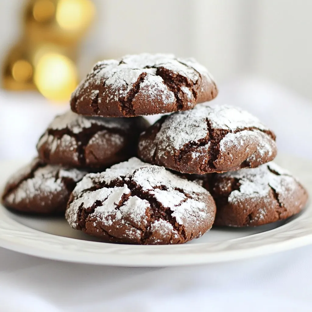 - 1 cup all-purpose flour - 1/2 cup unsweetened cocoa powder - 1 cup granulated sugar - 1/4 cup brown sugar, packed - 1/2 teaspoon baking powder - 1/4 teaspoon baking soda - 1/4 teaspoon salt - 1/3 cup vegetable oil - 2 large eggs - 1 teaspoon vanilla extract - 1/2 cup powdered sugar, for coating You can swap all-purpose flour for almond flour or coconut flour to make these cookies gluten-free. Instead of granulated sugar, try using honey or maple syrup. For a richer flavor, use Dutch-processed cocoa instead of regular cocoa powder. This change can make your cookies taste even deeper and more chocolatey. For the best results, measure your flour correctly. Use a spoon to scoop flour into your cup, then level it off with a knife. This method prevents packing too much flour. Sifting your dry ingredients is also key. It breaks up lumps and ensures a smooth batter. This step is simple but makes a big difference in your cookies. {{ingredient_image_1}} First, set your oven to 350°F (175°C). This is the perfect temperature for baking. Next, line your baking sheet with parchment paper. This step keeps the cookies from sticking and makes cleanup easy. In a large bowl, mix the dry ingredients: flour, cocoa powder, granulated sugar, brown sugar, baking powder, baking soda, and salt. Use a whisk to blend them well. This helps to break up any lumps. Create a well in the center of the dry mix. This is where you will add the wet ingredients. Now, pour the vegetable oil, eggs, and vanilla extract into the well. Use a whisk or wooden spoon to mix until everything is combined. The dough will be thick and sticky. Chill the dough in the fridge for about 30 minutes. This helps the dough firm up, making it easier to handle. Once chilled, use a spoon or cookie scoop to take out about 1 tablespoon of dough. Roll each piece into a ball. Then, roll the balls in powdered sugar for that classic crinkle look. Place them on the baking sheet about 2 inches apart. Bake for 10 to 12 minutes. The cookies should be puffed with set edges but soft in the center. After baking, let them cool on the sheet for 5 minutes. Then, transfer them to a wire rack to cool completely. To get the right cookie texture, look for a thick and sticky dough. It should hold its shape when you scoop it. Mixing the dry and wet ingredients well is key. This helps avoid lumps and ensures even flavor. Chilling the dough for 30 minutes makes it easier to handle. This step keeps the cookies from spreading too much while baking. Sometimes cookies spread too much during baking. If this happens, try chilling the dough longer next time. Also, ensure you measure the flour correctly. Too little flour can lead to flat cookies. If your cookies turn out too dry or hard, check your oven temperature. Baking at too high a temperature can dry them out. You can add a little more oil to the dough for moisture. To elevate your dish, arrange the cookies on a nice platter. Dust them with extra powdered sugar for a festive touch. You can also serve them with a scoop of ice cream. For storing, keep the cookies in an airtight container. This keeps them fresh and tasty for up to a week. If you want to enjoy them later, freeze the cookies in a zip-top bag. Pro Tips Chill the Dough: Chilling the cookie dough for at least 30 minutes helps the cookies maintain their shape and texture while baking. Use Quality Cocoa: Opt for high-quality unsweetened cocoa powder for richer flavor and a more intense chocolate experience. Don't Overbake: Keep an eye on your cookies as they bake; they should be soft in the center for that perfect crinkle and chewy texture. Experiment with Toppings: Try adding chocolate chips, nuts, or a sprinkle of sea salt on top before baking for extra flavor and texture. {{image_2}} You can easily change the taste of these cookies. Try adding chocolate chips or nuts. A half-cup of semi-sweet chocolate chips gives a rich burst of flavor. If you prefer nuts, chopped walnuts or pecans work well. They add a nice crunch and depth to the cookie. You can also incorporate spices or extracts. A pinch of cinnamon or a dash of espresso powder can boost the chocolate flavor. For a twist, try adding almond or peppermint extract. Just a teaspoon can change everything! If you want a vegan version, swap eggs for flaxseed meal. Mix one tablespoon of flaxseed with two and a half tablespoons of water. Let it sit for a few minutes until it thickens. Use a plant-based oil instead of vegetable oil. For gluten-free adaptations, use almond flour or a gluten-free blend. Make sure the blend has a good mix of starches and proteins. This will help keep the cookies soft and chewy. You can celebrate holidays with themed adaptations. For Halloween, add orange and black sprinkles. For Christmas, use red and green sprinkles or add crushed candy canes. These small touches bring fun to your cookies. Lastly, themed cookie decorations can make your treats stand out. Use icing to create fun designs, or shape the dough into festive forms. Think hearts for Valentine’s Day or stars for July Fourth. These variations make your cookies special for any occasion! To keep your One-Bowl Chocolate Crinkle Cookies fresh, store them in an airtight container. This helps lock in moisture and flavor. Use a container that is not too big to avoid excess air. You can use glass or plastic containers. Keep the cookies at room temperature for best taste. They will stay fresh for a few days. If you want to keep them longer, refrigeration can dry them out, so it’s best to avoid it. You can freeze both the dough and baked cookies. To freeze the dough, scoop it into balls and place them on a baking sheet. Freeze them for about an hour. After that, transfer the balls to a freezer bag. For baked cookies, let them cool completely. Then, place them in a freezer-safe container. Use parchment paper between layers to avoid sticking. To thaw, just take out the desired amount and leave them at room temperature. For baked cookies, you can gently reheat them in the oven for a few minutes. The cookies taste best when eaten within a week. They stay soft and chewy if stored well. After about a week, they may still be safe but will lose some flavor. Watch for signs that the cookies are no longer good. If they smell off or have a dry texture, it’s time to toss them. Enjoy your tasty treats while they are fresh! You cannot swap these two easily. Baking soda is stronger than baking powder. Baking soda needs acid to work. It helps the cookie rise and stay soft. If you use baking powder, add some extra acid. This can be vinegar or lemon juice. It changes the cookie's texture. Stick to the recipe for best results. To make these cookies less sweet, cut down on the sugar. You can use less granulated sugar. Try reducing it by 1/4 cup. You can also use dark cocoa powder. It adds a rich taste and balances the sweetness. Another option is to blend in unsweetened applesauce. This keeps the cookie moist while reducing sugar. If your dough feels too sticky, chill it longer. Place the bowl in the fridge for 10 more minutes. This makes it easier to handle. You can also dust your hands with flour when rolling the dough. If it still sticks, add a little more flour. Just a tablespoon at a time to avoid dryness. Yes, you can prepare the dough in advance. Store it in the fridge for up to 3 days. You can also freeze the rolled dough balls. Just freeze them on a tray first, then store in a bag. When ready to bake, let them thaw for 20 minutes. Then roll in powdered sugar before baking. In this post, we've covered essential ingredients and tips for making perfect cookies. You learned about measuring and mixing techniques, plus how to troubleshoot common problems. I shared variations to spice up your cookies and ways to store them for freshness. Remember, the right prep and attention to detail make all the difference. Whether you stick to the classic recipe or try new flavors, enjoy the baking journey and the delicious results!