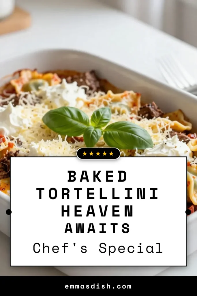 Dive into this delicious baked beef tortellini recipe that will become your family favorite! This cheesy tortellini bake features tender ground beef, ricotta, and mozzarella cheese, making it a comforting and easy oven baked tortellini dish. Perfect for weeknight dinners, this flavorful ground beef pasta dish is ready in under an hour. Try it tonight and enjoy a hearty meal, garnished with fresh basil. Save this recipe now! #BakedBeefTortellini #CheesyTortelliniBake #EasyDinner #PastaRecipe
