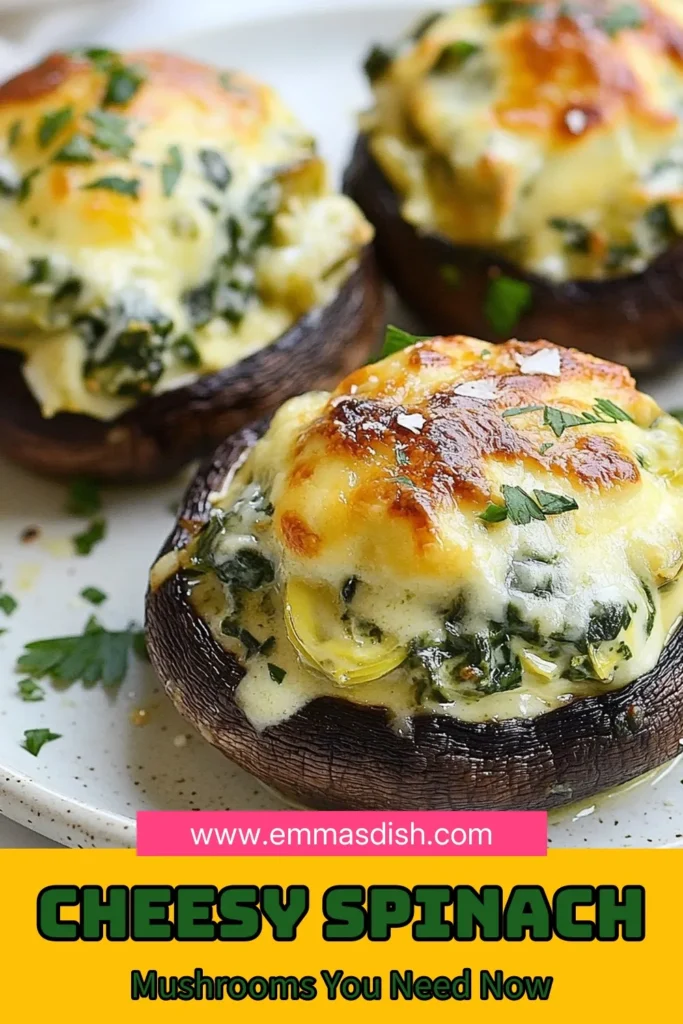 Indulge in these cheesy stuffed mushrooms, perfect for your next gathering! Our spinach artichoke mushrooms feature large portobello caps generously filled with a creamy blend of spinach, artichokes, and cheeses, all baked to perfection. This is the ultimate portobello mushroom recipe to delight your guests. Try these baked stuffed mushrooms as a delicious appetizer recipe with cheese that everyone will love! Save this recipe now! #CheesyMushrooms #AppetizerRecipes #SpinachArtichoke #BakedMushrooms