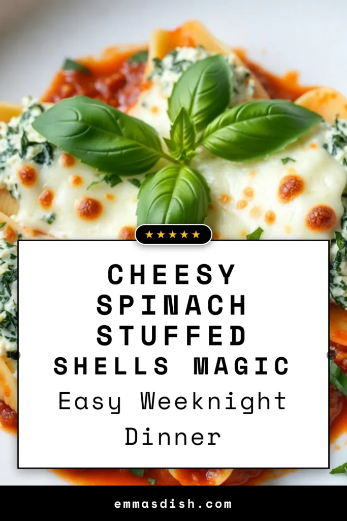 Indulge in these cheesy spinach ricotta shells for an easy pasta bake that will wow your family! This stuffed pasta shells recipe features a delicious blend of creamy ricotta cheese, fresh spinach, and melty mozzarella, creating a baked spinach ricotta dish that&rsquo;s comforting and satisfying. Perfect for weeknight dinners, this creamy ricotta cheese recipe is a must-try! Save this recipe for a delicious meal! #SpinachRicotta #PastaRecipes #DinnerIdeas #EasyRecipes