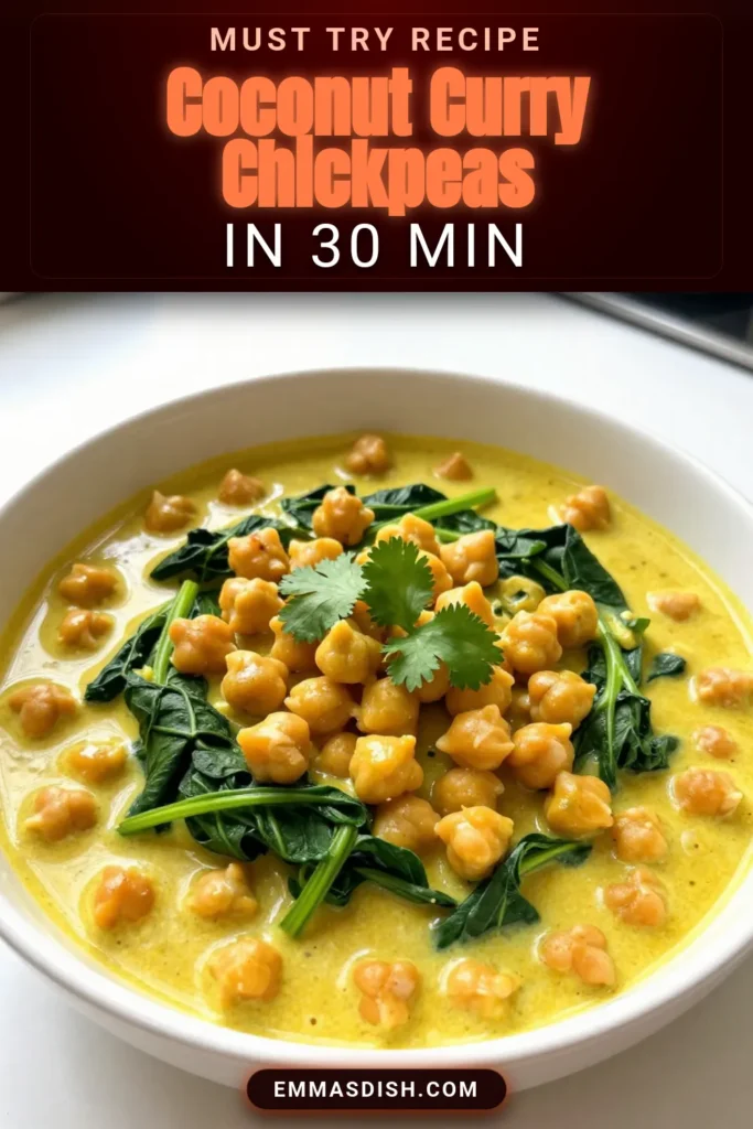 Discover the deliciousness of Coconut Curry Chickpeas with this easy vegan coconut curry recipe! Packed with healthy chickpeas and rich coconut milk curry, this dish is perfect for quick weeknight dinners. In just 30 minutes, you can enjoy a hearty meal that&rsquo;s both nutritious and satisfying. Don&rsquo;t miss out on this healthy delight; save this recipe for your next cooking adventure! #CoconutCurryChickpeas #VeganCurry #ChickpeaRecipes #HealthyCooking