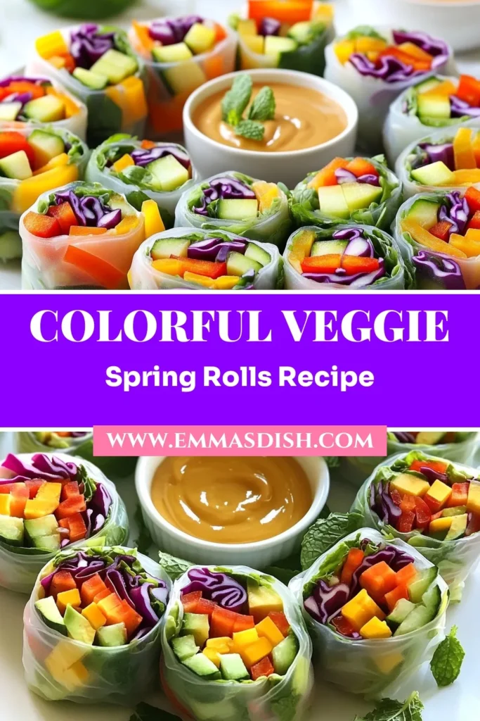 Looking for a vibrant and healthy snack? Try these rainbow veggie spring rolls! This fresh spring rolls recipe features colorful veggies and herbs wrapped in rice paper for a delicious bite. Stuffed with vegan spring roll filling and served with a creamy peanut butter dipping sauce, these healthy rice paper rolls are perfect for any occasion. Click for the full recipe and enjoy this colorful dish! #veggierecipes #veganrecipes #healthysnacks #springrolls
