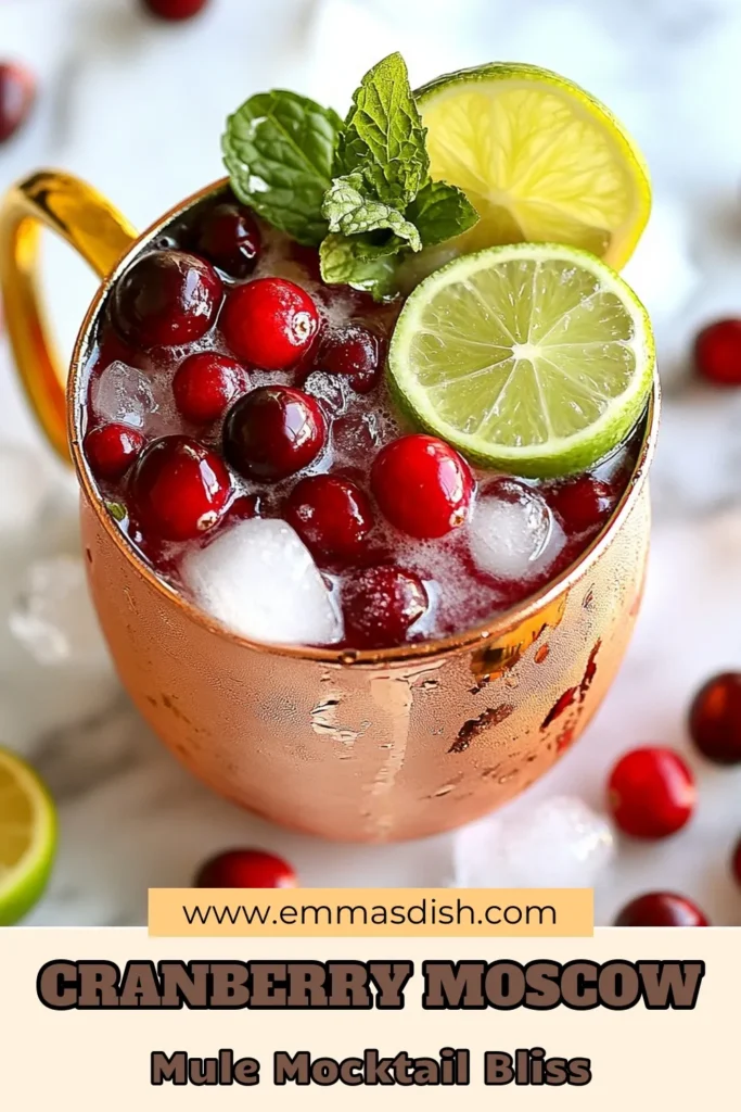 Looking for the perfect non-alcoholic holiday drinks? Try this refreshing Cranberry Moscow Mule mocktail! Made with cranberry juice, sparkling water, and a splash of lime, it's an easy party mocktail that will impress your guests. Ideal for any celebration, this cranberry juice cocktail is ready in just 5 minutes! Save this recipe for your next gathering and enjoy a festive twist on a classic favorite! #CranberryMoscowMule #MocktailRecipes #NonAlcoholicDrinks #PartyMocktails