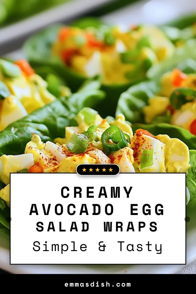 Discover a fresh twist on lunch with these Avocado Egg Salad Lettuce Wraps. This easy lettuce wraps recipe combines hard-boiled eggs, creamy avocado, and tangy Greek yogurt for a healthy egg salad that's low carb and satisfying. Perfectly portable and packed with flavor, these low carb avocado salad wraps are a must-try. Click to get the full recipe and elevate your meal prep today! #AvocadoEggSalad #LettuceWraps #HealthyEggSalad #LowCarbRecipes