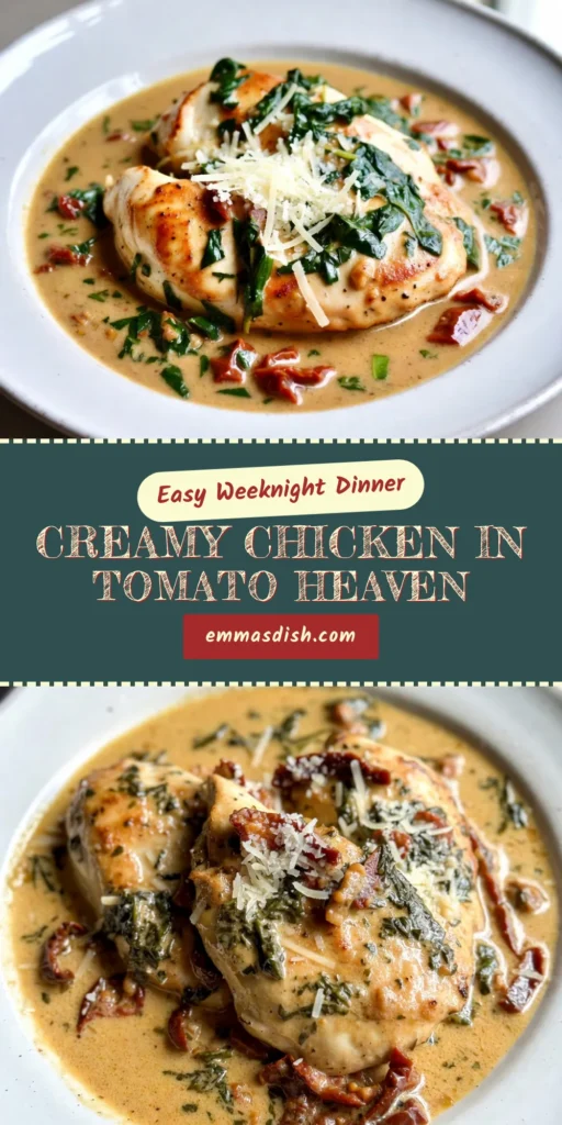 Indulge in this creamy sun-dried tomato chicken, perfect for an easy chicken dinner recipe. This Italian chicken recipe features succulent chicken breasts smothered in a rich sun-dried tomato sauce, combined with creamy goodness and fresh spinach. Ready in just 25 minutes, it's a quick and flavorful meal ideal for busy weeknights. Don't miss out&mdash;try this delicious creamy chicken with spinach today! Save for later! #chickendinner #easyrecipes #Italianfood #dinnerideas