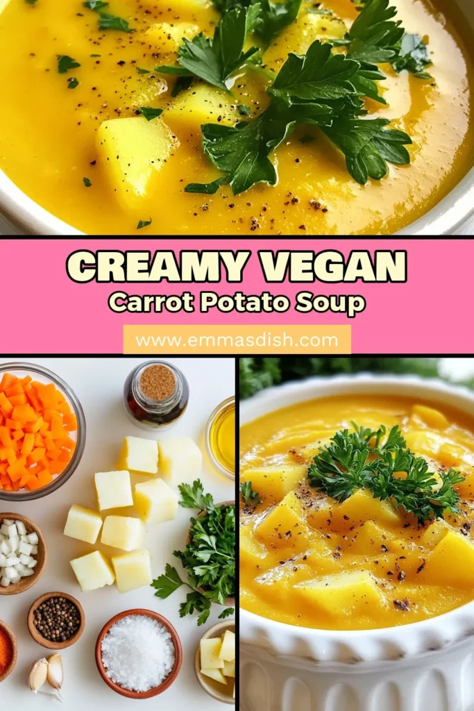 Discover the joy of a healthy vegan soup recipe with this creamy vegan carrot potato soup! Packed with nutritious ingredients like carrots, potatoes, and coconut milk, it's the perfect easy vegan soup for any time of the year. This vegetable broth soup recipe is not only simple to make but is sure to warm your soul. Try making this delicious vegan carrot potato soup today and delight in every spoonful! Save for later! #VeganSoup #HealthyEating #SoupRecipe #PlantBased